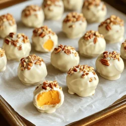- 1 cup cream cheese, softened - 1/2 cup pumpkin puree - 1/2 cup powdered sugar - 1 teaspoon pumpkin pie spice - 1/2 teaspoon vanilla extract - 1 cup graham cracker crumbs - 1 cup white chocolate chips The main ingredients give pumpkin cheesecake truffles their rich flavor. Cream cheese adds creaminess and tang. Pumpkin puree gives it that lovely fall taste. Powdered sugar sweetens the mix without any grit. Pumpkin pie spice brings warmth with its blend of cinnamon and nutmeg. Vanilla extract adds depth and aromatic notes. Graham cracker crumbs offer a crunchy texture, just like a cheesecake crust. Lastly, white chocolate chips provide a sweet coating that makes these truffles shine. - 1 tablespoon coconut oil - Crushed pecans or walnuts for coating You can use coconut oil to help the white chocolate melt smoothly. It also adds a hint of coconut flavor. If you want a crunchy finish, crushed pecans or walnuts are great options. They add texture and a nutty taste. You can choose to skip these extras, but they make the truffles even more special. To start, grab a mixing bowl and beat 1 cup of softened cream cheese until it’s smooth. This step is key for a creamy texture. Next, add 1/2 cup pumpkin puree, 1/2 cup powdered sugar, 1 teaspoon pumpkin pie spice, and 1/2 teaspoon vanilla extract to the bowl. Beat everything together until it is well combined and smooth. You will love the rich, warm flavors. Now, fold in 1 cup of graham cracker crumbs to the cream cheese mixture. This will give the truffles a nice texture. Once combined, refrigerate the mixture for about 30 minutes. This helps it firm up. After chilling, scoop out tablespoon-sized portions and roll them into small balls with your hands. Place these on a parchment-lined baking sheet. They should hold their shape nicely. Chill them again for 15 minutes to get them nice and firm. While the truffles chill, melt 1 cup of white chocolate chips in a microwave-safe bowl. If you want a smoother coating, add 1 tablespoon of coconut oil. Stir every 30 seconds until the chocolate is melted and smooth. Once melted, dip each chilled truffle into the white chocolate. Make sure they are fully coated. If you like, roll them in crushed pecans or walnuts for a tasty crunch. Place the coated truffles back on the parchment paper and let them set in the refrigerator for at least 30 minutes. This will harden the chocolate and make them ready to serve. Enjoy your homemade pumpkin cheesecake truffles! Chilling the mixture is key for great truffles. After mixing, refrigerate for 30 minutes. This helps the mixture firm up. The ideal texture is smooth and slightly thick. You want it easy to handle but not too hard. Roll tablespoon-sized portions into balls. If the mixture is too soft, chill longer. To melt white chocolate without burning, use a microwave. Heat in short bursts of 30 seconds. Stir between each burst until smooth. You can also use a double boiler for even heat. If you want, dark or milk chocolate works as well. These can add a different flavor to your truffles. For serving, place truffles on a nice platter. Use decorative paper cups for a fun touch. You can drizzle extra melted chocolate on top for style. Crushed nuts add texture and look great, too. For gifting, package them in a clear bag with a ribbon. This makes your treat feel extra special! {{image_2}} You can change the flavor of your truffles easily. Consider adding different spices like cinnamon or nutmeg. These spices enhance the warm, cozy taste of pumpkin. You may also use flavor extracts for fun twists. Try almond or maple extract for a unique touch that surprises your taste buds. Coating your truffles can elevate their look and taste. You can use dark or milk chocolate instead of white chocolate. This swap gives a rich flavor contrast. For a crunchy texture, roll your truffles in crushed nuts like pecans or walnuts. You could also use sprinkles or coconut flakes for a colorful finish. If you need gluten-free options, use gluten-free graham crackers. These will keep the truffles tasty and safe for everyone. For vegan alternatives, swap the cream cheese with a vegan cream cheese. Use dairy-free chocolate for coating. These changes keep the recipe accessible and delicious for all diets. To keep your pumpkin cheesecake truffles fresh, store them in an airtight container. This helps prevent moisture loss and keeps them from absorbing other smells. You can use a simple plastic container or a glass jar with a tight lid. Line the container with parchment paper to avoid sticking. Keep the truffles in the fridge until you're ready to enjoy them. Yes, you can freeze pumpkin cheesecake truffles! To freeze them, first make sure they are fully set in the fridge. Then, place them in a single layer on a baking sheet and freeze until solid. Once frozen, transfer them to an airtight container or a freezer bag. For best results, use them within three months. When you're ready to eat frozen truffles, take them out and let them thaw in the fridge for about an hour. This way, they stay smooth and creamy. In the fridge, your truffles will last about one week. Keep an eye on them for any changes in smell or texture. Signs of spoilage include a sour smell or a change in color. If you notice these signs, it’s best to discard them. Enjoy your delicious treats while they're fresh! Yes, you can try other cheeses. Cream cheese gives the best texture. If you want a lighter taste, use mascarpone cheese. Ricotta can also work, but it may change the texture a bit. Just make sure any cheese you choose is soft. This helps blend well with pumpkin. If your mixture feels sticky, chill it longer. This helps it firm up. You can also dust your hands with graham cracker crumbs when rolling. This keeps the mixture from sticking to your fingers. If it’s still hard to shape, add more graham cracker crumbs gradually. This will help you form the truffles more easily. Absolutely! You can make these truffles a day or two ahead. Just keep them in the fridge. They will stay fresh and tasty. If you plan to freeze them, do so after coating them in chocolate. Just let them thaw in the fridge before serving. This way, they will be ready when you are! These pumpkin cheesecake truffles are a fun treat. You learned about the main and optional ingredients, plus step-by-step instructions for making them. I shared tips to help you get the right texture and melt white chocolate without a mess. You can also customize flavors and coatings to suit your taste. Store them properly for fresh bites later. Enjoy making these truffles as gifts or a tasty snack. Your friends and family will love them!