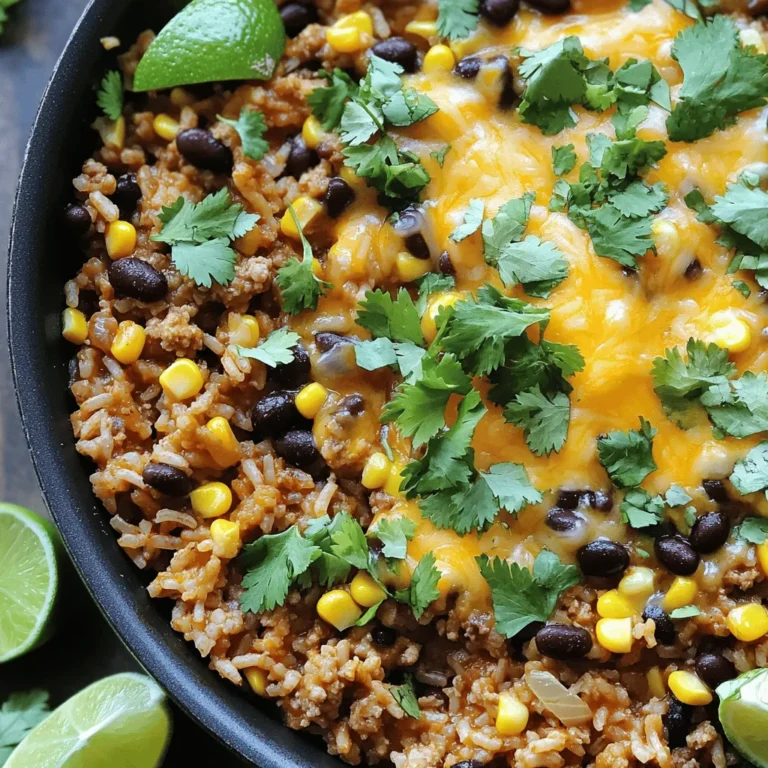 To make this One-Pot Taco Rice Skillet, you need simple but tasty ingredients: - 1 tablespoon olive oil - 1 small onion, diced - 2 cloves garlic, minced - 1 pound ground turkey or beef (or a plant-based substitute) - 1 packet taco seasoning - 1 cup uncooked long-grain brown rice - 2 cups vegetable broth or chicken broth - 1 cup black beans, rinsed and drained - 1 cup corn (fresh or frozen) - 1 cup diced tomatoes (canned or fresh) - 1 bell pepper, diced (any color) - 1 cup shredded cheddar cheese (optional) - Salt and pepper to taste - Fresh cilantro for garnish - Lime wedges for serving Using good-quality ingredients makes a big difference. Fresh vegetables enhance flavor and texture. Choose firm tomatoes and bright bell peppers. If you use canned items, check for low-sodium options. For the meat, lean turkey or quality beef works best. If using a plant-based substitute, ensure it has a good flavor and texture. Feel free to switch ingredients based on your taste or what you have. Instead of ground turkey, try chicken, beef, or a veggie crumble. For the rice, white rice can work too, but adjust cooking time. You can also mix in other veggies like zucchini or spinach. If you want a dairy-free meal, skip the cheese or use a vegan version. Remember, cooking is all about fun and creativity! Start by getting your large skillet or pot ready. Place it on the stove and heat one tablespoon of olive oil over medium heat. This oil helps cook the onion. Once the oil is hot, add one small diced onion. Cook it for about 3-4 minutes until it softens. Next, add two cloves of minced garlic to the skillet. Stir it in with the onion. Then, add one pound of ground turkey or beef. You can also use a plant-based substitute. Cook the meat for 5-7 minutes. Make sure it is browned and breaks apart well. Now, sprinkle the taco seasoning over the meat mixture. Mix it well. After that, add one cup of uncooked long-grain brown rice. Pour in two cups of vegetable or chicken broth. Then, add one cup of black beans, one cup of corn, one cup of diced tomatoes, and one diced bell pepper. Stir everything together until it is mixed well. Bring the mixture to a boil. Then, lower the heat and cover the skillet. Let it simmer for about 35-40 minutes. This time lets the rice cook through and soak up the liquid. When it's done, take off the heat. If you like, sprinkle one cup of shredded cheddar cheese on top. Cover again for a few minutes to melt the cheese. Before serving, chop some fresh cilantro for garnish. Taste the dish and adjust with salt and pepper if needed. Serve it hot with lime wedges on the side for extra flavor. To get the best texture for your One-Pot Taco Rice Skillet, use long-grain brown rice. It cooks evenly and adds a nice bite. Make sure to rinse the rice before cooking. This helps remove excess starch and keeps the rice from getting mushy. Cook with a good amount of broth—2 cups for 1 cup of rice. This will keep your rice moist and full of flavor. To boost flavor, try adding extra spices. A pinch of cumin or smoked paprika can give your dish a warm kick. If you like heat, add some diced jalapeños or hot sauce. Fresh herbs like cilantro can brighten the dish. For a zesty touch, serve with lime wedges on the side. This adds a nice zing to each bite and balances the richness of the cheese. One common mistake is not stirring well. When you add the broth and other ingredients, stir to mix everything. This ensures even cooking. Another mistake is not covering the skillet while it simmers. Covering helps trap steam and cook the rice properly. Lastly, be careful with the salt. The taco seasoning can be salty, so taste before adding more. {{image_2}} If you want a vegetarian or vegan dish, swap out the meat. Use a plant-based meat substitute like lentils or tofu. They add protein and flavor. You can also use more beans, like pinto or kidney beans. These beans work great in this recipe. Just make sure to check the taco seasoning. Some brands may have animal products. Look for vegan options to keep it fully plant-based. You can use different proteins in this dish. Ground chicken is a lighter choice if you prefer poultry. You can also try shredded beef or pork for a heartier meal. If you want it spicy, use chorizo instead of regular meat. Just adjust the cooking time since chorizo is usually pre-cooked. Each protein brings its own flavor, making the dish fun to change up. Want to give your taco rice a twist? Change the rice to quinoa or farro for a nutty taste. You can also add unique toppings like avocado or jalapeños. If you like it creamy, try adding cream cheese or sour cream at the end. For a crunchy touch, top with crushed tortilla chips. This adds texture and a fun bite. Playing with ingredients keeps this dish fresh and exciting every time. To store leftover One-Pot Taco Rice Skillet, let it cool first. Use an airtight container. Place the food in the fridge. It will stay fresh for up to four days. If you see moisture, use a paper towel to absorb it. This keeps the rice from getting mushy. When you want to enjoy your leftovers, take them out of the fridge. Use a microwave-safe dish. Heat it in the microwave for about two to three minutes. Stir it halfway through to heat evenly. If you want, add a splash of broth or water to keep it moist while reheating. Freezing is a great option if you have too much. Use a freezer-safe container or bag. Make sure to leave some space for the food to expand. It can last up to three months in the freezer. To thaw, move it to the fridge overnight. Then, reheat it in the microwave or on the stove. If you see ice crystals, it’s best to stir them in while cooking. Enjoy your meal without losing any flavor! Yes, you can use brown rice. Brown rice adds more fiber and nutrients. It will take longer to cook. Make sure to use two cups of broth for every cup of brown rice. This dish will last about three to four days in the fridge. Store it in an airtight container. Be sure to cool it down before putting it away. Absolutely! You can add bell peppers, zucchini, or even spinach. Just chop them small. This will help them cook evenly. Adding more veggies boosts nutrition and flavor. This blog covered the key ingredients and their quality, plus tips for cooking. You learned how to prepare, cook, and serve the dish for great taste. Remember to customize with variations for different diets. Store leftovers properly for later meals. Avoid common mistakes for the best results. Enjoy your cooking journey! With these tips, you can make a delicious dish everyone will love.