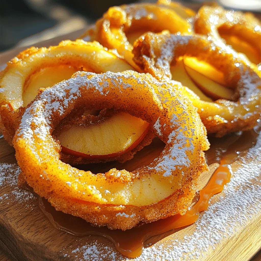 To make crispy fried cinnamon apple rings, you will need: - 2 large apples (Honeycrisp or Granny Smith) - 1 cup all-purpose flour - 1 teaspoon baking powder - 1 teaspoon ground cinnamon - 1/4 teaspoon nutmeg - 1/2 teaspoon salt - 1/2 cup milk - 1 large egg - 1 cup breadcrumbs (panko works best) - Oil for frying - Powdered sugar for dusting (optional) Choosing the right apples is key. I recommend using Honeycrisp or Granny Smith apples. These types hold their shape well when fried. They also offer a nice balance of sweetness and tartness. Make sure the apples are firm and fresh. Soft apples will not give you the crisp texture you want. You can substitute some ingredients if needed. For gluten-free options, use almond flour or a gluten-free flour blend. If you don’t have milk, you can try almond milk or oat milk. For the egg, a flax egg or applesauce can work too. Just keep in mind these changes may alter the final taste and texture. Start by preparing the apples. Choose two large apples like Honeycrisp or Granny Smith. Core them and slice them into rings about 1/4 inch thick. It’s key to pat them dry with a paper towel. This removes extra moisture and helps them fry better. Next, let’s make the batter. In a mixing bowl, combine 1 cup of all-purpose flour, 1 teaspoon of baking powder, 1 teaspoon of ground cinnamon, 1/4 teaspoon of nutmeg, and 1/2 teaspoon of salt. Mix well until all dry ingredients blend. In another bowl, whisk together 1/2 cup of milk and 1 large egg. Once mixed, slowly add this to the dry ingredients. Stir until a smooth batter forms. Now, it’s time to fry. Place 1 cup of breadcrumbs, preferably panko, in a shallow dish. Heat oil in a deep frying pan over medium heat until it reaches about 350°F. You want enough oil to submerge the apple rings halfway. Dip each apple ring into the batter, letting the excess drip off. Then, coat it in breadcrumbs. Carefully place each ring into the hot oil. Fry in batches to avoid overcrowding. Cook for about 2-3 minutes on each side until they turn golden brown and crispy. Once fried, transfer them to a plate lined with paper towels to drain excess oil. Let them cool slightly before you dust them with powdered sugar if you like. To make your apple rings crispy, follow these steps: - Dry the apples: After slicing, pat the rings dry with a paper towel. - Use panko breadcrumbs: They add extra crunch compared to regular breadcrumbs. - Fry at the right temperature: Aim for 350°F. Too hot can burn them, too cool makes them soggy. - Don’t overcrowd the pan: Fry in batches. This helps each ring cook evenly. - Let them drain: After frying, place them on paper towels to absorb extra oil. Watch out for these common errors: - Skipping the drying step: Moisture makes the batter slide off. - Using cold oil: It won’t crisp the rings. Always heat oil first! - Not coating evenly: Ensure every ring is fully covered in batter and breadcrumbs. - Frying too long: Keep an eye on the time. They should be golden, not dark brown. Serve your crispy apple rings in fun ways: - Dust with powdered sugar: It adds a sweet touch. - Drizzle caramel sauce: This makes them even more delicious. - Pair with vanilla ice cream: The warmth of the rings meets the cold ice cream perfectly. - Serve with a sprinkle of cinnamon: It enhances the flavor and looks nice. {{image_2}} You can spice up your crispy fried cinnamon apple rings with different flavors. Adding caramel sauce is a fun choice. Drizzle it over the warm rings right before serving. If you love nuts, consider chopped pecans or walnuts. These add a nice crunch and a rich flavor. Just sprinkle them on top or mix them into the batter. Want to get creative? Try using chocolate sauce as a topping. It gives a sweet twist to your apple rings. Simply melt some chocolate and drizzle it over the fried apples. Whipped cream is also a great option. Serve the rings with a dollop of whipped cream for a creamy contrast. You can even add a sprinkle of cinnamon on top for extra flair. If you want a healthier treat, you can bake the apple rings instead of frying them. Preheat your oven to 400°F (200°C). After coating the apple rings in batter and breadcrumbs, place them on a baking sheet lined with parchment paper. Lightly spray them with cooking oil. Bake for about 15 minutes, flipping halfway through, until they are golden brown. This way, you get a delicious snack with less oil! To keep your crispy fried cinnamon apple rings fresh, place them in an airtight container. Make sure they are completely cool before storing. This helps prevent sogginess. You can keep them at room temperature for up to 2 days. If you want to store them longer, the fridge is a better choice. When it's time to enjoy your leftover apple rings, reheating is key. The best way is to use an oven. Preheat your oven to 350°F (175°C). Place the apple rings on a baking sheet. Heat for about 10 minutes or until they are warm and crispy again. This method revives their crunchiness. You can also use an air fryer for a quicker option. If you want to save some apple rings for later, freezing is a great option. First, allow them to cool completely. Then, lay them flat on a baking sheet. Freeze them for about 1 hour. Once they are firm, transfer them to a freezer bag. Make sure to remove as much air as possible. They can last in the freezer for up to 3 months. When ready to eat, just reheat them directly from frozen in the oven or air fryer. To make the batter gluten-free, swap out the all-purpose flour. Use a gluten-free flour blend instead. These blends have a mix of flours and starches. They work well in this recipe. Make sure the blend you choose contains xanthan gum for better texture. Yes, you can use other fruits! Pears, peaches, and bananas work great too. Just be sure to cut them into rings or slices. The frying time might vary, so keep an eye on them. Each fruit will give a unique flavor and texture. The best oils for frying are those with high smoke points. I recommend canola oil or vegetable oil. These oils heat up well and do not burn easily. You can also use peanut oil for a bit of added flavor. Always make sure the oil is hot enough before frying. You learned how to make crispy apple rings. We covered the ingredients, the right kind of apples, and ingredient swaps. Then, I walked you through each step, from prep to frying. You also got tips for great crispiness and common mistakes to avoid. I shared fun variations, storage tips, and answered common questions. With this knowledge, you can create a tasty treat, impress friends, and enjoy your cooking. Now it's time to get in the kitchen and start making your own apple rings!