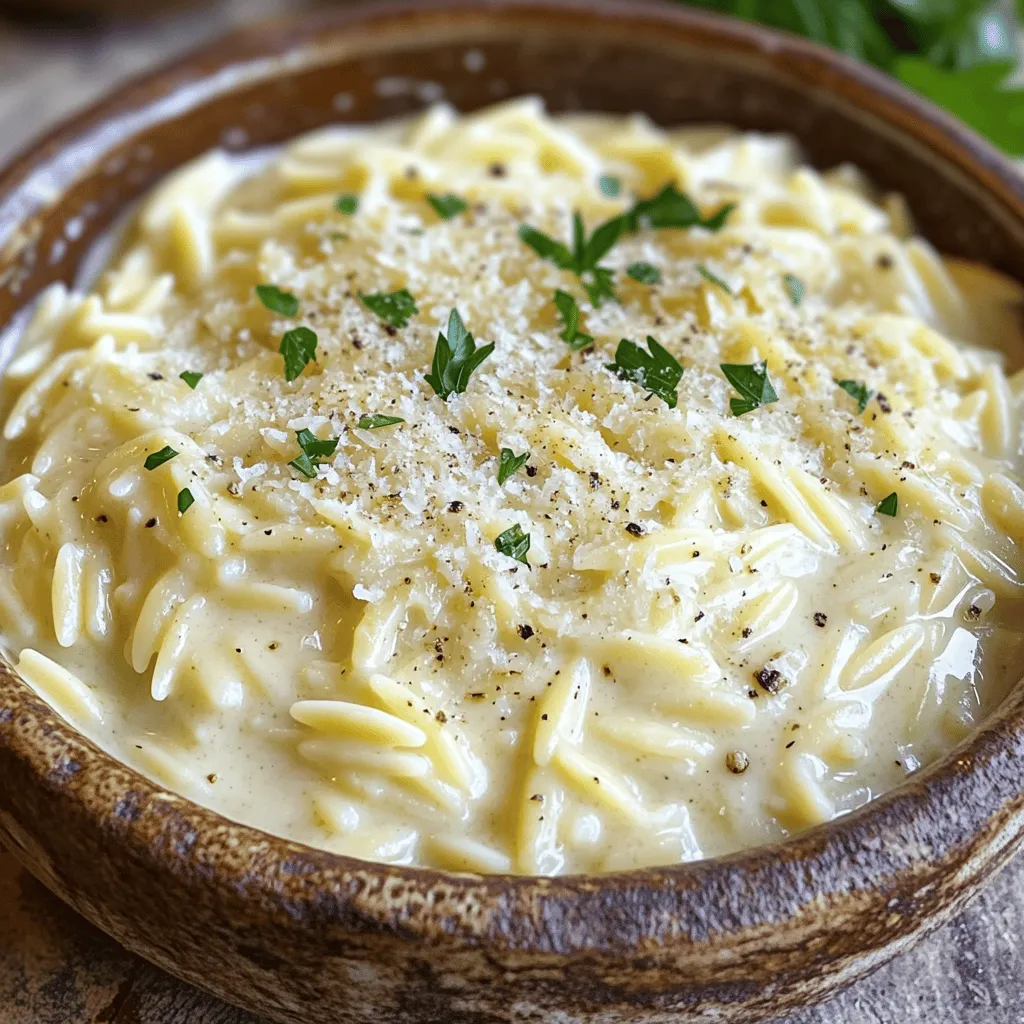 To make creamy garlic Parmesan orzo, you need simple, tasty ingredients. Here’s what you’ll need: - 1 cup orzo pasta - 2 tablespoons olive oil - 3 cloves garlic, minced - 2 cups vegetable broth - 1 cup heavy cream - 1 cup grated Parmesan cheese - 1 teaspoon Italian seasoning - Salt and pepper to taste - Fresh parsley, chopped (for garnish) Gather these items before you start cooking. Each ingredient plays a key role in creating a rich and creamy dish. The orzo pasta serves as the base, soaking up flavors. Olive oil gives a nice richness, and garlic adds that lovely aroma. Vegetable broth keeps it light yet flavorful. Heavy cream brings the creaminess, while Parmesan cheese adds a sharp taste. Italian seasoning enhances the overall flavor. Don’t forget salt and pepper to balance everything out. Finally, fresh parsley adds a pop of color and freshness when serving. Now you’re ready to enjoy this simple comfort dish! - Step 1: Heat Olive Oil and Sauté Garlic Start by pouring the olive oil into a large pan. Heat it over medium heat. Once hot, add the minced garlic. Sauté the garlic for about one minute. You want it fragrant but not burnt. - Step 2: Toast the Orzo Pasta Next, add the orzo pasta to the pan. Stir it often for about two to three minutes. This toasting adds a nice flavor to the orzo. - Step 3: Boil and Simmer with Vegetable Broth Pour in the vegetable broth. Bring this mixture to a boil. Once boiling, reduce the heat to low. Cover the pan and let it simmer for ten to twelve minutes. The orzo should be tender and most of the broth absorbed. - Step 4: Incorporate Cream and Parmesan Cheese After the orzo cooks, stir in the heavy cream and grated Parmesan cheese. Add Italian seasoning, salt, and pepper for flavor. - Step 5: Finalize with Seasoning and Serving Cook this mixture for another two to three minutes on low heat. Keep stirring to blend everything well into a creamy sauce. - Step 6: Garnish and Serve Warm Remove the pan from heat. Adjust seasoning if needed. Serve the creamy garlic Parmesan orzo warm. Top each serving with freshly chopped parsley for a pop of color and flavor. - Use Fresh Ingredients Fresh ingredients boost flavor. Choose good olive oil and fresh garlic. Use high-quality Parmesan for the best taste. Fresh parsley adds a nice touch too. - Adjusting Creaminess Want it creamier? Add more heavy cream. For a lighter dish, reduce the cream. You can also play with the broth amount to change the texture. - Flavor Enhancement Suggestions Add a pinch of red pepper flakes for heat. Fresh herbs like basil or thyme can add depth. A squeeze of lemon juice brightens the dish nicely. - Garnishing Ideas Sprinkle chopped parsley on top before serving. You can also add extra Parmesan for a cheesy look. For a pop of color, try adding cherry tomatoes. - Serving Suggestions Serve it warm in a shallow bowl. Pair it with grilled chicken or roasted vegetables. This dish works great as a side or a main course. {{image_2}} Alternative Pasta Options You can swap orzo for other small pasta like ditalini or couscous. These options cook well and soak up the sauce nicely. Try them for a change in texture while keeping the dish creamy and flavorful. Dairy-Free Modifications To make this dish dairy-free, use coconut cream instead of heavy cream. Nutritional yeast can replace Parmesan for a cheesy flavor. This keeps the creamy texture while making it suitable for those avoiding dairy. Adding Vegetables Incorporating vegetables boosts nutrition and flavor. Spinach, peas, or broccoli work well. Add them during the last few minutes of cooking. This way, they remain fresh and vibrant in your dish. Spicy Kick with Red Pepper Flakes For a spicy twist, add red pepper flakes. Start with a pinch and adjust to taste. This simple addition brings warmth and complexity to your creamy orzo. Herb Variations Beyond Italian Seasoning Feel free to experiment with herbs. Fresh basil, thyme, or dill can elevate the dish. Each herb contributes its unique flavor, making each bite exciting. Mix and match to find your perfect blend! Best Practices for Storage After you finish your creamy garlic Parmesan orzo, let it cool down. Place it in an airtight container. This helps keep it fresh. Make sure to store it in the fridge. Recommended Time Frame for Eating Try to eat the leftovers within three days. This ensures the best taste and safety. If you wait longer, the orzo may not be as good. Methods for Reheating Leftover Orzo You can reheat orzo in a few ways. The microwave works well. Just heat it in short bursts, stirring in between. You can also use a saucepan. Add a splash of broth or cream to keep it moist. Tips for Maintaining Creaminess To keep the orzo creamy, add a little more cream or broth. Stir it well while heating. This helps restore that smooth texture you love. Enjoy your leftovers just as much as the first time! Can I make this dish gluten-free? Yes, you can make this dish gluten-free. Just use gluten-free orzo pasta. Many brands offer a great taste and texture. How do I make the orzo less sticky? To keep orzo from sticking, stir it often while cooking. Also, rinse it with cold water after cooking. This helps remove excess starch. Can I freeze creamy garlic parmesan orzo? Yes, you can freeze it. Store it in an airtight container. It keeps well for up to three months. Just reheat gently when you’re ready to eat. What can I serve with orzo? Orzo pairs well with grilled chicken or fish. You can also serve it with roasted veggies for a hearty meal. Is orzo a type of rice? Orzo is not rice; it is a type of pasta. It resembles rice in shape, but it’s made from wheat flour. Can I use other types of cheese instead of Parmesan? Absolutely! You can use Pecorino Romano, Asiago, or even a blend of cheeses. Each will add a unique flavor. Creamy garlic Parmesan orzo is a simple and tasty dish. We covered the key ingredients and steps from sautéing garlic to garnishing. I shared tips for perfecting the dish and even variations to cater to your tastes and needs. Remember to refrigerate leftovers and follow proper reheating tips to keep it creamy. This dish is flexible, so feel free to get creative. Enjoy making it your own!