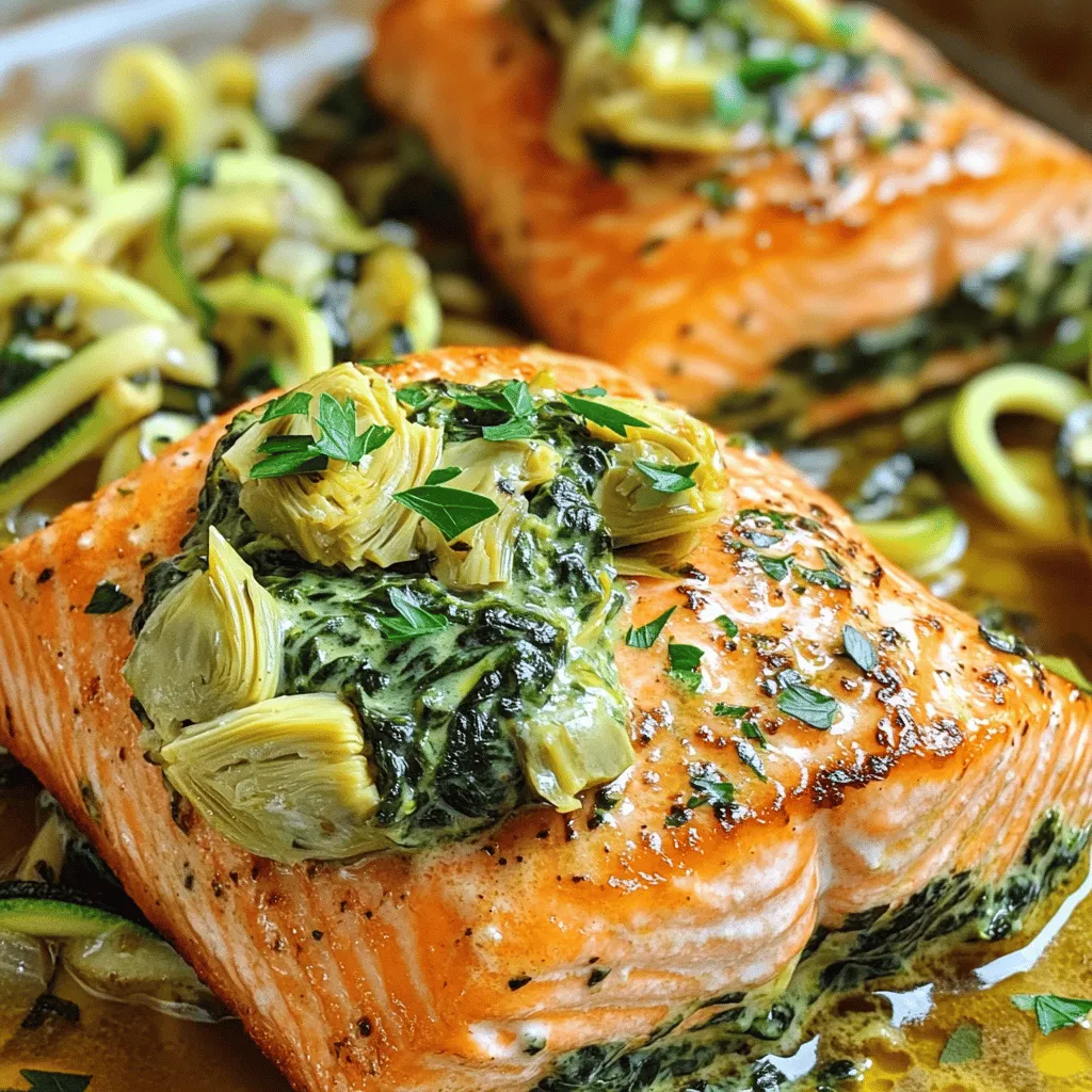 To make the creamy spinach artichoke stuffed salmon, gather these simple ingredients: - 4 salmon fillets (6 oz each) - 1 cup fresh spinach, chopped - 1 can (14 oz) artichoke hearts, drained and chopped - 1 cup cream cheese, softened - 1/2 cup grated mozzarella cheese - 1/4 cup grated Parmesan cheese - 2 cloves garlic, minced - 1 teaspoon lemon zest - 1 tablespoon lemon juice - Salt and pepper to taste - 2 tablespoons olive oil - Fresh parsley, chopped for garnish Each ingredient plays a key role. The salmon acts as a tasty vessel for the creamy filling. Spinach and artichoke hearts add color and flavor. Cream cheese, mozzarella, and Parmesan create a rich and gooey stuffing. Garlic gives a fragrant kick, while lemon zest and juice add a bright touch. Olive oil helps with cooking and adds flavor. Finally, parsley gives the dish a fresh, vibrant finish. When shopping, look for fresh ingredients. Quality salmon makes a big difference. Choose fillets that are firm and have a bright color. For the artichokes, canned will work perfectly, but fresh ones can offer more flavor if you have the time. Enjoy gathering your ingredients! - Preheat your oven to 375°F (190°C). This step gets it ready for cooking. - In a medium skillet, heat 1 tablespoon of olive oil over medium heat. - Add 2 cloves of minced garlic and sauté until fragrant, about 30 seconds. - Now, add 1 cup of chopped spinach and 1 can of chopped artichoke hearts. Cook for 3-4 minutes until the spinach wilts. Remove from heat and set aside. - In a mixing bowl, combine 1 cup of softened cream cheese, 1/2 cup of grated mozzarella, and 1/4 cup of grated Parmesan cheese. - Mix in the sautéed spinach and artichokes. - Add 1 teaspoon of lemon zest, 1 tablespoon of lemon juice, salt, and pepper to taste. - Stir well until everything is fully combined. This stuffing will give the salmon great flavor. - Take 4 salmon fillets and make pockets. Use a sharp knife to cut a slit along the side of each fillet. - Make sure not to cut all the way through; just deep enough to hold the stuffing. - Stuff each salmon fillet generously with the spinach-artichoke filling. Be sure to pack it in nicely! - In a large oven-safe skillet, heat the remaining tablespoon of olive oil over medium-high heat. - Sear the stuffed salmon fillets for 2-3 minutes on each side until they are lightly golden. - Transfer the skillet to the preheated oven and bake for 15-20 minutes. - The salmon is done when it flakes easily with a fork. Remove from the oven and let it rest for a couple of minutes. - Garnish with fresh parsley before serving for a lovely touch. To sear salmon well, start with a hot pan. Use a cast iron or non-stick skillet. Add olive oil and let it heat. Place the salmon fillets skin-side down. This helps keep them moist. Sear for 2-3 minutes until golden brown. Flip the fillets gently with a spatula. Sear the other side for 2-3 minutes. To ensure even cooking, make a pocket in each fillet. This allows the filling to heat through evenly. Use a sharp knife to cut carefully. Avoid cutting all the way through. This pocket holds the delicious stuffing well. You can swap ingredients for unique flavors. Try using ricotta instead of cream cheese. It gives a lighter taste. For a zestier kick, add some diced jalapeños. You can also mix in chopped sun-dried tomatoes for extra depth. For herbs and spices, consider using dill or thyme. Fresh herbs elevate the dish's flavor. You can also sprinkle in red pepper flakes for some spice. Experiment until you find your favorite mix. For a stunning plate, serve the salmon on a bed of sautéed zucchini noodles. This adds color and texture to the dish. A fresh garden salad pairs well, too. Drizzle a little olive oil over the top. A squeeze of fresh lemon brightens the flavors. Don’t forget to garnish with chopped fresh parsley. This adds a pop of color and freshness. A well-presented dish makes the meal feel special. {{image_2}} You can mix up the stuffing in many ways. Instead of spinach and artichoke, try using other veggies. Broccoli, bell peppers, or mushrooms work great. You can also add different cheeses. Feta or goat cheese can give a nice twist. For a vegetarian option, use tofu or chickpeas. They can add protein and a hearty texture. You do not have to bake the salmon every time. Grilling or broiling can add a nice smoky flavor. Just watch the cooking time closely. Salmon cooks fast on the grill. If you prefer slow cooking, you can use a slow cooker. Cook it on low for about four hours. This method keeps the salmon moist and tender. For a lighter dish, try low-fat cream cheese. Dairy-free options, like cashew cream or coconut yogurt, work too. You can also play with seasonings. Add smoked paprika, dill, or even a pinch of cayenne for heat. These swaps let you customize the dish to your taste. To store leftovers, let the salmon cool first. Wrap each fillet in plastic wrap or foil. Place them in an airtight container. This keeps the flavors fresh and prevents drying out. I suggest using glass containers for better storage. They are durable and easy to clean. You can freeze stuffed salmon for meal prep. Wrap each fillet tightly in plastic wrap. After that, place them in a freezer bag. Make sure to label the bag with the date. To thaw, place the salmon in the fridge overnight. For reheating, bake at 350°F (175°C) for about 20 minutes. This warms the salmon evenly without drying it out. For the best taste, eat refrigerated salmon within three days. Check for freshness by looking at color and smell. If the salmon looks dull or smells fishy, it is time to toss it. Proper storage helps keep your meal safe and tasty. Bake the stuffed salmon for 15 to 20 minutes. This time gives you a flaky texture. The salmon should reach an internal temperature of 145°F (63°C) when done. If the salmon flakes easily with a fork, it is cooked just right. Yes, you can prepare the stuffing a day ahead. Store it in an airtight container in the fridge. This helps the flavors blend well. Just stuff the salmon before cooking. For sides, consider sautéed zucchini noodles or a fresh garden salad. These add color and nutrition to your meal. You can also pair it with rice or quinoa for a filling option. Absolutely! This stuffed salmon recipe is great for meal prep. You can make several servings at once. Just store leftovers in the fridge for up to three days. Reheat in the oven or microwave before serving. This blog post detailed a delicious recipe for Creamy Spinach Artichoke Stuffed Salmon. We covered the ingredients, preparation steps, and cooking techniques. I shared tips for flavor enhancements and presentation ideas. We also discussed variations, storage info, and answered common questions. Experiment with different ingredients to make this dish your own. Remember, cooking should be fun and rewarding. Enjoy the process and the tasty results!
