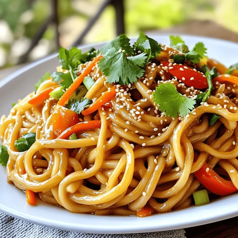 - 8 oz udon noodles (or any preferred noodle) - 2 tablespoons sesame oil - 4 cloves garlic, minced - 1 inch ginger, grated - 2 tablespoons soy sauce - 1 tablespoon rice vinegar - 2 tablespoons tahini (sesame paste) - 1 tablespoon chili paste (adjust for heat preference) - 1 tablespoon maple syrup or honey (for balance) The udon noodles are thick and chewy. They hold the sauce well, making each bite tasty. You can swap them for spaghetti or rice noodles if you prefer. The sesame oil adds a rich, nutty flavor. Garlic and ginger give a fragrant base, while soy sauce brings depth. Rice vinegar adds brightness, and tahini offers creaminess. Chili paste gives heat, and maple syrup or honey balances the spice. - 1 cup shredded carrots - 1 cup bell pepper, thinly sliced - 1 green onion, chopped Shredded carrots add sweetness and crunch. They also bring a pop of color. Sliced bell peppers add freshness and a slight crunch. You can use any color you like—red, yellow, or green. The green onion on top adds a mild onion flavor and makes the dish look beautiful. - 2 tablespoons sesame seeds - Fresh cilantro Sesame seeds add a nice crunch and extra flavor. Fresh cilantro gives a bright, herbaceous note. These garnishes not only taste great but also make your dish look even more inviting. You can skip them if you want, but I highly recommend them for that extra touch! 1. Cooking the udon noodles: Start by boiling water in a large pot. Add 8 oz of udon noodles. Cook them according to the package instructions. This usually takes about 8-10 minutes. Stir them occasionally to prevent sticking. 2. Rinsing and setting aside: Once the noodles are cooked, drain them in a colander. Rinse them under cold water. This stops the cooking and keeps them firm. Set the noodles aside for later. 1. Sautéing garlic and ginger: In a large skillet or wok, heat 2 tablespoons of sesame oil over medium heat. Add 4 minced cloves of garlic and 1 inch of grated ginger. Sauté them for about 1 minute until they smell great. 2. Mixing sauce ingredients: In a bowl, mix together 2 tablespoons of soy sauce, 1 tablespoon of rice vinegar, 2 tablespoons of tahini, 1 tablespoon of chili paste, and 1 tablespoon of maple syrup. Stir this well until it is smooth and evenly mixed. 1. Adding sauce to skillet: Pour the sauce into the skillet with the garlic and ginger. Stir it well and let it simmer for 1-2 minutes. This helps all the flavors come together. 2. Tossing noodles and incorporating vegetables: Now, add the cooked noodles into the skillet. Toss them well to coat with the spicy sauce. Then, fold in 1 cup of shredded carrots and 1 cup of thinly sliced bell peppers. Cook this for an additional 2-3 minutes. The veggies should soften a bit but stay bright and fresh. Now you have a delicious dish! Rinsing the noodles is key. After cooking, drain and rinse them under cold water. This stops the noodles from cooking further. It also helps remove excess starch. Starch can make the noodles sticky. Rinsing ensures they stay separate and saucy. Adjusting spice levels is easy. If you like it hot, use more chili paste. For milder noodles, start with less. You can always add more spice later. Taste as you go to find what works for you. Adding proteins boosts the meal. Cooked chicken or crispy tofu are great options. They add texture and make the dish more filling. Simply toss them in with the noodles for a complete meal. You can switch up the sauce too. Try peanut sauce for a creamy twist. Or use hoisin sauce for a sweet, rich flavor. These changes keep the dish fresh and exciting. Serving matters as much as taste. Use a large bowl for a family style meal. Top with colorful veggies and herbs. This makes the dish pop! For individual plates, twirl the noodles into nests. Place the veggies on top. Sprinkle sesame seeds for a nice crunch. Fresh cilantro adds a bright touch. This way, your Spicy Sesame Noodles will look as good as they taste! {{image_2}} You can switch the noodles to suit your taste. Here are two great options: - Rice noodles: These noodles are light and absorb flavors well. They give a nice chewy texture to your dish. - Whole wheat noodles: These add a nutty flavor and extra fiber. They are a healthy swap that still tastes great. Feel free to mix and match your veggies. Here are some ideas: - Broccoli, snap peas, or bean sprouts: These add crunch and color. They also pack in nutrients. - Seasonal vegetable options: Use what’s fresh. Think zucchini in summer or Brussels sprouts in fall. Seasonal veggies make your dish vibrant and tasty. You can change the sauce to create new flavors. Here are a few simple swaps: - Substituting tahini for nut butter: If you like a creamier sauce, try peanut or almond butter. They add a unique twist. - Using different types of vinegar: Swap rice vinegar for apple cider or balsamic vinegar. Each type brings a different tang to the dish. Experimenting with these variations keeps your Spicy Sesame Noodles exciting and fresh every time you make them! Store your spicy sesame noodles in an airtight container. Glass or plastic containers work great. Make sure the noodles are cool before sealing. This keeps the flavors fresh. You can enjoy them for up to three days in the fridge. To reheat, use a skillet on low heat. This warms the noodles without making them soggy. Add a splash of water or soy sauce to help. You can also use a microwave. Heat in short bursts, stirring in between. This helps keep them from drying out. You can freeze the cooked noodles for later use. Just store them in a freezer-safe bag. Keep in mind that fresh vegetables do not freeze well. It’s best to add those when you’re ready to eat. This way, they stay crunchy and bright. Yes, you can easily make this recipe gluten-free. Instead of regular soy sauce, use tamari. Tamari is a great gluten-free option that gives you the same salty flavor. For noodles, choose rice noodles or gluten-free udon noodles. Both options keep the dish tasty and satisfying. You can adjust the heat level of your spicy sesame noodles quite easily. If you want less heat, reduce the amount of chili paste. Start with a small amount and taste as you go. If you enjoy more spice, add extra chili paste or include red pepper flakes. Tailoring the spice helps you find the right balance for your taste. These spicy sesame noodles pair well with many dishes. Consider serving them with a simple cucumber salad. The cool crunch of cucumbers complements the heat. You could also enjoy them with grilled chicken or tofu for added protein. For a fresh touch, serve with steamed broccoli or snap peas as a side. This post covered how to make tasty Spicy Sesame Noodles. You learned about key ingredients like udon noodles, oil, and fresh veggies. Step-by-step, I showed how to cook the noodles, make the sauce, and combine everything. We also explored tips for flavor and storage, plus fun variations for noodles and vegetables. Now, you can enjoy this dish anytime. Get creative with your ingredients and share your results!
