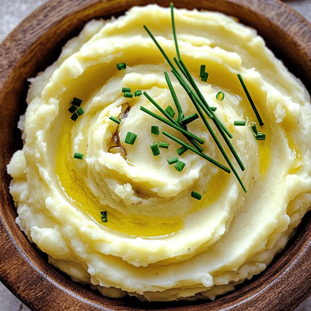 - 2 pounds Yukon Gold potatoes, peeled and cubed - 1 head of garlic - 4 tablespoons unsalted butter - 1 cup heavy cream (or milk for a lighter version) - Salt and pepper to taste - 2 tablespoons fresh chives, chopped (for garnish) - 1 tablespoon olive oil These ingredients form the base of your roasted garlic mashed potatoes. Yukon Gold potatoes give a creamy texture, while roasted garlic adds depth. - Cream cheese for extra richness - Sour cream for tang - Parmesan cheese for a savory kick Feel free to mix in these options based on your taste. They can elevate the dish even further. Each serving contains approximately: - Calories: 350 - Protein: 6g - Fat: 22g - Carbohydrates: 35g - Fiber: 3g This dish is rich, but it can be part of a balanced meal when paired with veggies or lean proteins. Enjoy your creamy delight with confidence! First, you need to roast the garlic. This step adds a nice flavor. Preheat your oven to 400°F (200°C). Take a whole head of garlic. Slice off the top to show the cloves. Drizzle it with olive oil to keep it moist. Wrap the garlic in aluminum foil. Place it in the oven for 30-35 minutes. The garlic will become soft and sweet. Now, let’s cook the potatoes. Peel and cube 2 pounds of Yukon Gold potatoes. Put them in a large pot and cover with cold water. Bring the water to a boil. Once boiling, reduce the heat and simmer. Cook for about 15-20 minutes until the potatoes are fork-tender. This means they should break apart easily when poked. Once the garlic is cool, squeeze the cloves into a mixing bowl. Next, drain the potatoes. Return them to the pot over low heat for a minute. This helps to dry them out a bit. Now, add the roasted garlic, 4 tablespoons of unsalted butter, and 1 cup of heavy cream. Mash everything together until it is smooth and creamy. Adjust the cream to get the texture you like. Finally, season with salt and pepper to taste. Mix well. Transfer the mashed potatoes to a serving bowl. Garnish with 2 tablespoons of chopped chives for a fresh touch. Enjoy your creamy delight! For the best mashed potatoes, I recommend using Yukon Gold potatoes. They have a creamy texture and rich flavor. Russet potatoes are another good choice. They are fluffy and absorb flavors well. Avoid waxy potatoes like red or new potatoes. They do not mash well and stay too firm. To make your mashed potatoes smooth and creamy, start with the right cooking method. Boil your potatoes until fork-tender. After draining, let them sit in the pot briefly. This helps remove extra moisture. Add warm heavy cream and butter for a rich texture. You can adjust the cream amount to your liking. Use a potato masher or a ricer for the best results. This ensures no lumps remain. Roasted garlic adds a sweet and deep flavor to your mashed potatoes. You can also try adding other ingredients. Consider cream cheese for extra creaminess. Sour cream can add a tangy note. Fresh herbs like chives or parsley brighten the dish. A sprinkle of grated cheese can add a savory touch. Just remember to taste as you go. Adjust salt and pepper to balance the flavors. {{image_2}} You can make roasted garlic mashed potatoes a bit healthier. Here are some ideas: - Use cauliflower instead of Yukon Gold potatoes for fewer carbs. - Swap heavy cream for low-fat milk or almond milk. This keeps it creamy. - Replace butter with a small amount of Greek yogurt for added protein. These swaps keep the taste but cut calories and fat. Adding seasonal items can give your mashed potatoes a fresh twist. Try these: - In spring, mix in fresh peas for a pop of color and sweetness. - In fall, stir in roasted butternut squash for a cozy flavor. - In winter, mix in sautéed kale or spinach for an extra nutrient boost. These add-ins not only taste great but also make your dish more fun. You can change the flavor of your mashed potatoes easily. Here are some ideas: - For a cheesy version, add grated Parmesan or cheddar cheese. - For a zesty kick, mix in a bit of sour cream or cream cheese. - For an herb twist, try adding fresh rosemary or thyme. These flavor changes can make your mashed potatoes feel new each time you serve them. Enjoy experimenting! To store your roasted garlic mashed potatoes, let them cool first. Place them in an airtight container. They will stay fresh in the fridge for three to five days. If you want to keep them longer, freezing is a great option. To freeze mashed potatoes, use a freezer-safe container. Spoon the mashed potatoes into the container, leaving some space at the top for expansion. Seal the container tightly. They can last in the freezer for up to two months. When ready to use, thaw them overnight in the fridge. Reheat your mashed potatoes on the stove or in the microwave. If using the stove, place them in a pot over low heat. Stir in a bit of cream or milk to keep them creamy. If using the microwave, heat them in short bursts. Stir in between to avoid hot spots. Enjoy your creamy delight warm! Yes, you can use other types of potatoes. I recommend using russet or red potatoes. They also taste great when mashed. Yukon Gold potatoes are my favorite for a rich flavor. Experiment with what you have at home. Roasted garlic mashed potatoes last about three to five days in the fridge. Store them in an airtight container. Make sure they cool down before sealing. If you want them to last longer, consider freezing them. Frozen mashed potatoes can keep for up to three months. Roasted garlic mashed potatoes pair well with many dishes. They are great with roasted chicken or beef. You can also serve them with grilled vegetables or a rich gravy. For a light meal, try them with a fresh salad. Enjoy them with whatever you like! This blog post covered how to make delicious roasted garlic mashed potatoes. We discussed key ingredients, how to prepare and cook them, and tips for a creamy texture. I shared ideas for variations and storage information. Remember, you can mix flavors and use different potatoes. Enjoy making this dish your own! With these tips, you'll impress your family and friends. Happy cooking!