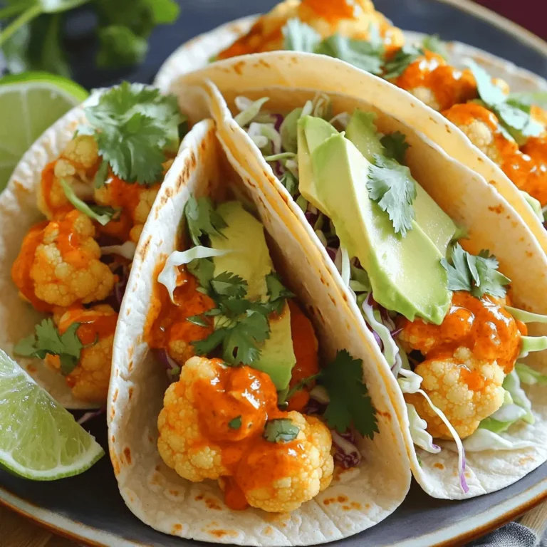 To make Buffalo Cauliflower Tacos, you need: - 1 medium head of cauliflower, cut into florets - 1 cup all-purpose flour (or gluten-free flour) - 1 cup water - 1 teaspoon garlic powder - 1 teaspoon onion powder - 1 teaspoon smoked paprika - 1 teaspoon salt - 1 cup buffalo sauce (homemade or store-bought) - 8 small corn or flour tortillas - 1 cup shredded cabbage (green or purple) - 1 avocado, sliced - Fresh cilantro, chopped, for garnish - Lime wedges, for serving If you want a gluten-free option, swap all-purpose flour for gluten-free flour. This keeps the batter light and crispy. You can also use corn tortillas instead of flour tortillas. They add a nice crunch and are naturally gluten-free. Using fresh spices can boost the flavor of your tacos. For garlic and onion, fresh versions add a bright taste. However, garlic powder and onion powder are easy to use and still tasty. Smoked paprika gives a nice depth, whether fresh or dried. I often keep both on hand to mix and match based on recipes and my mood. Start by preheating your oven to 425°F (220°C). Line a baking sheet with parchment paper. In a large bowl, mix 1 cup of flour with 1 cup of water. Add 1 teaspoon each of garlic powder, onion powder, smoked paprika, and salt. Whisk until smooth. Cut your cauliflower into florets. Dip each floret in the batter, letting the extra drip off. Place them on the baking sheet in a single layer. Bake the cauliflower for 20-25 minutes. The florets should be tender and starting to brown. While they bake, heat 1 cup of buffalo sauce in a small saucepan over low heat. Stir it occasionally. Once the cauliflower is ready, toss the florets in the buffalo sauce until coated. Return them to the oven for 10 more minutes to crisp up. While the cauliflower bakes, warm 8 tortillas in a dry skillet over medium heat. Heat each side for about 30 seconds until pliable. To build your tacos, place shredded cabbage in each tortilla. Top with buffalo cauliflower and avocado slices. Finish with fresh cilantro. Serve with lime wedges for extra zest. Enjoy your tasty tacos! To get that crispy cauliflower, start with dry florets. Pat them with paper towels before dipping them in the batter. The batter should be thick enough to coat the cauliflower well but not too thick. When baking, arrange the florets in a single layer on the baking sheet. This helps them crisp up and not steam. After the first bake, toss the florets in buffalo sauce and return them to the oven. This final bake ensures a crunchy outside with a spicy kick. When serving these tacos, I love to add a fresh crunch. Shredded cabbage works well and adds color. You can use green or purple cabbage for a fun twist. Warm up the tortillas in a skillet for that soft, chewy texture. Consider serving these tacos with lime wedges on the side. A squeeze of lime adds brightness and balances the heat perfectly. To take your Buffalo Cauliflower Tacos to the next level, try adding toppings. Sliced avocado adds creaminess and a smooth texture. Fresh cilantro gives a bright, herbal note. You could also drizzle some ranch or blue cheese dressing for a classic touch. If you want more heat, sprinkle on some sliced jalapeños. These extras make the dish more fun and flavorful. {{image_2}} You can switch up the flavor with different sauces. Buffalo sauce gives a spicy kick, but BBQ sauce works great too. It adds a sweet and tangy taste. Ranch sauce also pairs well, making the tacos creamy and rich. Try mixing sauces for a unique flavor. You can even blend hot sauce with ranch for a spicy twist. These tacos are already vegetarian, but you can make them vegan easily. Simply use gluten-free flour for the batter and skip any dairy. For toppings, use avocado and fresh herbs. You can also add plant-based sour cream for a creamier texture. This way, everyone can enjoy these tasty tacos! Choosing between corn and flour tortillas can change the taco experience. Corn tortillas have a nice flavor and a slight crunch. They are also gluten-free, making them a good choice for many. Flour tortillas are soft and chewy, perfect for holding the filling. You can even try lettuce wraps for a low-carb option. Each choice brings its own taste and texture! To store leftover tacos, place them in an airtight container. Make sure they cool down first. You can keep them in the fridge for up to three days. If you want to keep them longer, consider freezing them. When it's time to enjoy your leftover tacos, preheat your oven to 350°F (175°C). Place the tacos on a baking sheet. Heat them for about 10-15 minutes. This way, the tortillas stay soft and the filling warms through. You can also use a microwave for a quick reheat. Just wrap them in a damp paper towel to keep them from drying out. If you have leftover buffalo cauliflower, you can freeze it. Spread the cooled cauliflower on a baking sheet in a single layer. Freeze for about an hour until firm. Then, transfer it to a freezer bag. It can stay in the freezer for up to three months. When you're ready to use it, thaw in the fridge overnight before reheating. Yes, you can prepare Buffalo Cauliflower Tacos ahead of time. To do this, cook the cauliflower as instructed and let it cool. Store it in an airtight container in the fridge for up to three days. You can also prep the tortillas and toppings in advance. When ready to serve, reheat the cauliflower in the oven until warm. This will keep the texture nice and crispy. Many sides go well with Buffalo Cauliflower Tacos. Here are some great options: - Mexican rice - Black beans - Corn salsa - Guacamole - Chips and salsa - Simple green salad These sides will add color and flavor to your meal. They also balance the heat of the tacos. These tacos can be as spicy as you like. The buffalo sauce is the main source of heat. If you use a mild sauce, the tacos will be less spicy. If you prefer more heat, choose a spicier buffalo sauce or add hot sauce. You can also add toppings like jalapeños for an extra kick. Adjust the spice level to fit your taste! This blog post covered everything you need for Buffalo Cauliflower Tacos. We explored the ingredients, how to prepare them, and tips for the best taste. I shared ideas for substitutions, storage, and tasty variations. Now, you can create your own delicious tacos with confidence. Experiment with flavors and enjoy this fun meal anytime. Happy cooking!
