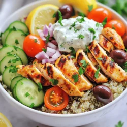 - 2 boneless, skinless chicken breasts - 2 tablespoons olive oil - 1 tablespoon Greek seasoning - 1 teaspoon garlic powder - Salt and pepper to taste - 1 cup cooked quinoa - 1 cup cherry tomatoes, halved - 1 cucumber, diced - 1/2 red onion, thinly sliced - 1/2 cup Kalamata olives, pitted and halved You need fresh chicken for this dish. Boneless, skinless chicken breasts are best. They cook fast and stay juicy. Use olive oil to keep the chicken moist and add flavor. Greek seasoning gives it that unique taste. Garlic powder enhances the flavor without being too strong. Don't forget salt and pepper to taste, as they balance everything. Quinoa serves as the base for the bowl. It is a healthy grain, packed with protein. Pair it with colorful veggies like cherry tomatoes, cucumber, and red onion. These add crunch and freshness. Kalamata olives bring a salty taste that complements the chicken well. - 1 cup tzatziki sauce - Fresh parsley, chopped (for garnish) - Lemon wedges Tzatziki sauce is a must-have topping. Its creamy texture pairs well with the chicken. Fresh parsley adds color and a hint of herb flavor. Lemon wedges are great for squeezing over the bowl. They brighten the dish and enhance the flavors. - Protein content - Fiber-rich ingredients - Healthy fats from olives This dish is packed with protein from chicken and quinoa. Protein helps build muscles and keeps you full. The veggies add fiber, which is important for digestion. Fiber helps maintain a healthy gut and keeps you satisfied longer. Olives provide healthy fats, which are good for your heart. This meal is not just tasty; it’s also good for you! To start, mix together the marinade. In a bowl, combine: - 2 tablespoons olive oil - 1 tablespoon Greek seasoning - 1 teaspoon garlic powder - Salt and pepper to taste Add the chicken breasts and coat them well. This helps the chicken absorb all that great flavor. For best results, let it marinate for at least 30 minutes. If you have more time, marinate overnight in the fridge. This makes the chicken even tastier. Next, it’s time to cook the chicken. Preheat your grill or skillet to medium-high heat. Grill the chicken for about 6-7 minutes on each side. Use a meat thermometer to check for doneness. The internal temperature should reach 165°F (75°C). Once done, remove the chicken from the heat and let it rest for 5 minutes. Resting helps keep the juices inside. Now, let’s build your gyro bowls! Start by dividing 1 cup of cooked quinoa into two large bowls. This is your base. Next, slice the grilled chicken into strips. Layer the chicken on top of the quinoa. Then, add: - 1 cup cherry tomatoes, halved - 1 cucumber, diced - 1/2 red onion, thinly sliced - 1/2 cup Kalamata olives, pitted and halved Finally, generously spoon tzatziki sauce over each bowl. Sprinkle with chopped fresh parsley for color. Serve with lemon wedges on the side for a fresh squeeze over the top. Enjoy your delicious Greek chicken gyro bowls! For the best flavor, marinate your chicken for at least 30 minutes. If you have more time, let it marinate overnight. This helps the spices soak in. Fresh ingredients are key. Use fresh garlic and high-quality olive oil. This boosts the taste and makes your gyro bowls vibrant. You can cook the chicken in different ways. Baking works well if you don’t have a grill. Preheat your oven to 400°F (200°C) and bake for 20-25 minutes. Broiling is another option. It gives a nice char without much hassle. To get perfect grill marks, heat the grill well before adding the chicken. Cook each side for 6-7 minutes. Use a meat thermometer to check doneness. The chicken should reach 165°F (75°C). Greek chicken gyro bowls pair well with several toppings. Add feta cheese for a salty kick. Fresh herbs like mint or dill brighten the dish. You can also serve warm pita bread on the side. To elevate your meal, garnish with fresh parsley. A squeeze of lemon adds zest. It brings out the flavors in your gyro bowl and makes everything taste fresher. Enjoy experimenting with these tips! {{image_2}} You can switch up the protein in your gyro bowl. If you want a vegetarian option, try using chickpeas or grilled vegetables. Chickpeas add a nice crunch and taste great with tzatziki. Grilled veggies like zucchini and bell peppers give a fresh twist. For meat lovers, lamb and beef are also fantastic choices. Lamb has a rich flavor that pairs well with Greek spices. Beef adds heartiness to your bowl, making it filling and satisfying. Changing the seasoning can give your gyro bowl a new flair. You can try different spice blends like smoked paprika or cumin for a twist. These spices bring warmth and depth to the dish. You can also customize your tzatziki sauce. Add herbs like dill or mint for a fresh taste. If you like a kick, mix in some chopped jalapeños or a squeeze of lemon juice. These small changes can make a big difference. For lunch meal prep, make your bowl ahead of time. Pack the quinoa, veggies, and chicken in separate containers. This way, everything stays fresh until you are ready to eat. If you prefer a wrap, use pita bread instead of a bowl. Simply fill the pita with all your favorite ingredients. It's a fun and easy way to enjoy the same great flavors. To store your leftovers, let the gyro bowls cool down first. Use airtight containers to keep them fresh. You can safely eat them within 3 to 4 days. Make sure to check for any changes in smell or texture before you eat. If you want to freeze these bowls, separate the components first. The chicken, quinoa, and veggies can freeze well. Use freezer-safe bags or containers. They last about 2 to 3 months in the freezer. When you’re ready to eat, thaw overnight in the fridge. Reheat on the stove or microwave until warm. This helps keep the texture nice. For easy meal prep, make the chicken and quinoa ahead of time. Store each ingredient in separate containers to maintain freshness. You can mix and match your bowls throughout the week. This makes it simple to enjoy a tasty meal anytime! A gyro bowl is a tasty dish inspired by Greek gyros. It combines grilled meat, fresh veggies, and grains. This meal comes from Greece, where gyros are popular street food. Instead of wrapping the filling in pita bread, we serve it in a bowl. It's a mix of flavors and textures, making it a fun and healthy meal option. Yes, you can make this gyro bowl gluten-free! Instead of quinoa, use rice or cauliflower rice. Both options work well and taste great. For the tzatziki sauce, check that your yogurt is gluten-free. You can also make tzatziki with coconut yogurt if needed. These swaps keep the dish flavorful and safe for gluten-free diets. You can add many toppings to your gyro bowl! Here are some ideas: - Feta cheese for a salty kick - Avocado for creaminess - Spinach or arugula for extra greens - Roasted red peppers for sweetness - Hot sauce for a spicy kick Feel free to mix and match based on what you like! Creating your perfect gyro bowl is part of the fun. This article showed you how to make a tasty Greek chicken gyro bowl. We discussed key ingredients like chicken, quinoa, and fresh veggies. You learned how to marinate and cook the chicken for great flavor. I also shared tips for perfecting your dish and creative variations. Remember, you can easily customize your gyro bowl to fit your taste. Enjoy these healthy meals, and don't be afraid to experiment!
