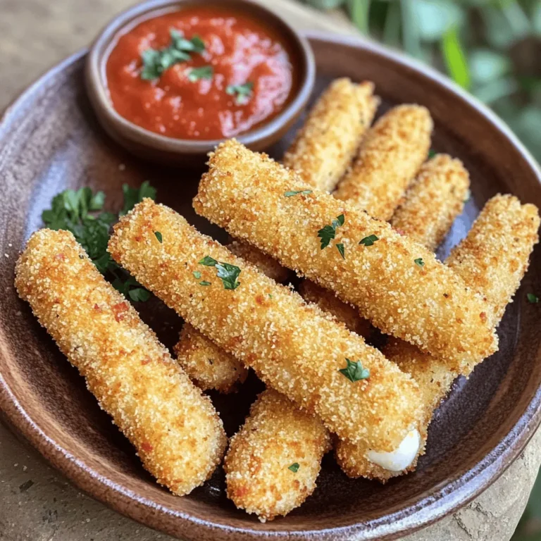 For crispy air fryer mozzarella sticks, you need: - 12 mozzarella string cheese sticks - 1 cup all-purpose flour - 2 large eggs, beaten - 1 cup breadcrumbs (use panko for extra crunch) The mozzarella sticks are the star of this dish. I recommend using string cheese for the best melt and stretch. Cutting them in half gives you 24 smaller sticks, which are just the right size for dipping. To add flavor, you will also need: - 1 teaspoon garlic powder - 1 teaspoon Italian seasoning - ½ teaspoon paprika - Salt and pepper to taste These seasonings bring out the best in the cheese. Garlic powder gives a nice kick, while Italian seasoning adds warmth. A pinch of salt and pepper elevates it all. Finally, grab some cooking spray. This is key for that crispy texture. Lightly spraying the tops helps the breadcrumbs brown perfectly. You want a golden finish that is crunchy and inviting. First, cut the mozzarella string cheese sticks in half. This gives you 24 shorter sticks. Next, place the sticks in the freezer for at least 30 minutes. Freezing helps keep the cheese from melting too fast while cooking. Now, let’s create the breading station. Grab three bowls. In the first bowl, add 1 cup of all-purpose flour. Sprinkle in a pinch of salt and pepper. In the second bowl, beat two large eggs. In the third bowl, mix 1 cup of breadcrumbs with 1 teaspoon of garlic powder, 1 teaspoon of Italian seasoning, and ½ teaspoon of paprika. Add another pinch of salt and pepper to this mix. Take the mozzarella sticks out of the freezer. Start by dipping each stick into the flour, covering it well. Then, dip it into the beaten eggs. Finally, roll the stick in the breadcrumb mix. Press the crumbs onto the cheese sticks for a good coating. Preheat your air fryer to 400°F (200°C) for about 5 minutes. Place the breaded mozzarella sticks in a single layer in the air fryer basket. Lightly spray the tops with cooking spray. This helps make them crispy. Cook the sticks for 6-8 minutes, or until they turn golden brown. If your fryer is small, you might need to cook in batches. Once done, carefully take them out and let them cool for a minute. Enjoy with marinara sauce or your favorite dip! To get the best crisp on your mozzarella sticks, use panko breadcrumbs. They add a nice crunch. Make sure to spray the sticks lightly with cooking spray before cooking. This helps them brown evenly without burning. For extra crispiness, you can air fry the mozzarella sticks in batches. This allows hot air to circulate freely around them. You can prep these sticks ahead of time. After breading, place them on a baking sheet. Freeze them until solid, then transfer them to a zip-top bag. This way, you can cook them whenever you want a quick snack. Just add a few extra minutes to the cooking time if they are frozen. Serve these mozzarella sticks hot for the best flavor. They pair perfectly with marinara sauce for dipping. You can also try ranch dressing or spicy aioli for a twist. For a fun platter, add some fresh veggies or pepperoni slices. This makes a great snack for game day or movie night! {{image_2}} To spice things up, add heat to your mozzarella sticks. Mix some cayenne pepper or crushed red pepper flakes into your breadcrumb mixture. You can also use spicy Italian seasoning. This adds a nice kick to each bite. The heat balances well with the creamy cheese. Serve these with a cooling dip, like ranch or sour cream. If you want to change the cheese, try using pepper jack or cheddar cheese sticks. Pepper jack gives a nice spice, while cheddar offers a sharp flavor. You can also use vegan cheese sticks for a dairy-free option. Just make sure they freeze well, just like mozzarella. The breading and cooking methods stay the same. For a gluten-free version, substitute flour and breadcrumbs with gluten-free options. Use almond flour or coconut flour for breading. You can find gluten-free breadcrumbs at most grocery stores. These swaps keep the recipe tasty and safe for those with gluten issues. Enjoy the same crispy texture without worry! You can keep leftover mozzarella sticks in the fridge. First, let them cool completely. Then, place them in an airtight container. They will stay fresh for up to three days. When you want to eat them, check for any signs of spoilage. Freezing mozzarella sticks is a great option for longer storage. To freeze, wrap each stick in plastic wrap tightly. Then, place them in a freezer bag. They can last for up to three months. When ready to use, thaw them in the fridge overnight before reheating. To reheat your mozzarella sticks, use the air fryer for the best results. Preheat the air fryer to 350°F (175°C). Place the sticks in a single layer and cook for about 5 minutes. They will crisp up nicely and taste fresh again. You can also use the oven for reheating, but the air fryer gives the best crunch. You cook mozzarella sticks in the air fryer for about 6-8 minutes. Preheat your air fryer to 400°F (200°C) first. This time will give you a nice golden brown finish. Keep an eye on them as they cook. If they look crispy, they are ready! Yes, you can use regular breadcrumbs. However, panko gives a better crunch. Panko is lighter and flakier than regular breadcrumbs. This helps create that perfect crispiness you want in mozzarella sticks. If you have panko, I suggest using it for the best results. Marinara sauce is a classic choice. It adds a nice tangy flavor. You can also try ranch dressing for a creamy twist. For something spicy, mix sriracha with mayo. Each sauce offers a fun way to enjoy your mozzarella sticks! Choose your favorite and dive in! These mozzarella sticks are fun to make and taste great. We covered the key ingredients, cooking steps, and tips for crispiness. Plus, you learned about tasty variations and how to store leftovers. Don't forget to try new dips for added flavor. Making them your way will bring joy to your table. Enjoy your cheesy snack!