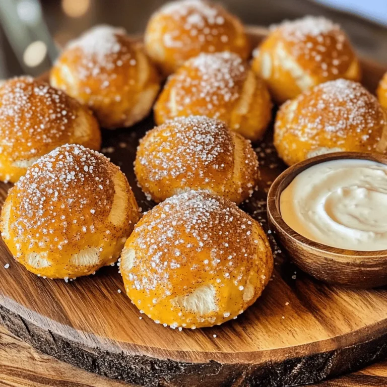 The key to great Air Fryer Cinnamon Sugar Pretzel Bites lies in the ingredients. Here’s what you need: - 1 ½ cups warm water (110°F) - 1 packet (2 ¼ tsp) active dry yeast - 2 tablespoons granulated sugar - 4 cups all-purpose flour - 1 teaspoon salt - ⅓ cup baking soda - ¼ cup unsalted butter, melted - ½ cup granulated sugar (for cinnamon sugar) - 2 teaspoons ground cinnamon - Coarse sea salt (for sprinkling) Each ingredient plays a special role in making these bites soft, sweet, and delicious. The warm water helps activate the yeast. The yeast makes the dough rise and gives it that fluffy texture. Sugar adds sweetness while the flour forms the base of the dough. Salt enhances the flavors, and baking soda adds that lovely pretzel taste. Butter gives a rich taste and helps the cinnamon sugar stick. Lastly, the cinnamon sugar mix and coarse salt bring all the flavors together. Make sure you have these items ready before you start. This will help you stay organized and make the process smooth. Enjoy the fun of creating these tasty bites! To start, mix warm water, yeast, and sugar in a large bowl. Let it sit for about 5 minutes. You will see bubbles form. This means the yeast is active. Next, gradually mix in flour and salt. Stir until the dough forms. Then, knead the dough on a lightly floured surface for 5 to 7 minutes. The dough should feel smooth and elastic. Now, place the dough in a greased bowl. Cover it with a damp cloth. Let the dough rise in a warm spot for about 1 hour. It should double in size. This step is vital for fluffy pretzel bites. Once the dough has risen, punch it down. Divide it into 8 equal pieces. Roll each piece into a long rope, about 1 inch thick. Cut each rope into 1-inch pieces. These will be your pretzel bites. Next, bring 8 cups of water to a boil. Add baking soda to the boiling water. Carefully drop the pretzel bites in batches for 30 seconds. Use a slotted spoon to remove them. Let them drain before moving to the next step. Preheat your air fryer to 370°F (190°C). Mix the sugar and cinnamon in a small bowl. Brush melted butter onto each pretzel bite. Roll them in the cinnamon sugar mixture. Place the bites in the air fryer basket. Make sure they are in a single layer. Air fry for 8 to 10 minutes. They should turn golden brown. Enjoy your warm, sweet treats! - Proper kneading techniques: Knead the dough on a floured surface for 5 to 7 minutes. Use your palms to push down and fold the dough. This builds gluten, which helps the pretzels rise and stay soft. - Ensuring correct rising conditions: Place the dough in a warm spot. Cover it with a damp cloth to keep moisture in. Let it rise until it doubles in size. This usually takes about 1 hour. - Adjusting cinnamon sugar proportions: For a sweeter bite, use more sugar in your mix. A ½ cup of sugar and 2 teaspoons of cinnamon works well. Taste your mixture before rolling the pretzels in it. - Timing for air frying: Air fry the pretzel bites at 370°F for 8 to 10 minutes. Check them halfway through. They should look golden brown and smell amazing when done. - Creative serving suggestions: Arrange the warm pretzel bites on a platter. Serve them with a small bowl of cream cheese dip or chocolate sauce. This adds fun and makes them even more tasty. - Dipping sauce options: You can try different dips like mustard or caramel sauce. Each dip brings a new flavor, making your snack more exciting! {{image_2}} You can easily change the flavor of your pretzel bites. One fun idea is to add chocolate chips or nuts. Just mix them into the dough before you knead it. This gives you a sweet and crunchy twist. You can also try adding different spices. For example, nutmeg or ginger can spice things up. Get creative and make your pretzel bites unique. Dipping sauces can elevate your pretzel bites. A cream cheese dip adds a rich taste. To make it, mix cream cheese with a bit of sugar and vanilla. You can also try different chocolate sauce options. Melt dark, milk, or white chocolate for a sweet dip. Each sauce brings its own joy to the table. If you need gluten-free pretzel bites, you can adapt the recipe. Use gluten-free flour blends instead of all-purpose flour. Many blends work well for this recipe. Make sure to check the package instructions. You may need to adjust the liquid. This way, you can still enjoy warm, soft pretzel bites without gluten. To keep your pretzel bites fresh, use an airtight container. Glass or plastic containers work well. These keep moisture in and air out. Store them in the fridge for up to three days. If you prefer, you can store them at room temperature for one day. Just remember, they taste best when fresh! You can reheat your pretzel bites in two ways. The oven is my favorite method. Preheat it to 350°F (175°C). Place the bites on a baking sheet and heat for about 5-7 minutes. This keeps them crispy. You can also use the microwave. Heat them for about 15-20 seconds. But be careful; they may become chewy. To freeze your pretzel bites, let them cool completely first. Then, place them in a single layer on a baking sheet. Put the sheet in the freezer for about an hour. This prevents them from sticking together. After that, transfer them to a freezer-safe bag. They will stay fresh for up to three months. When you want to eat them, thaw the bites in the fridge overnight. Reheat them in the oven or microwave as mentioned above. Enjoy your tasty snack anytime! Yes, you can make pretzel bites ahead of time. After shaping the dough, let the bites cool. Then, store them in an airtight container in the fridge. You can also freeze them. Just remember to thaw them before air frying. This way, you can enjoy warm pretzel bites anytime. If your dough doesn’t rise, check the yeast. It may be old or inactive. Make sure your water is warm, not hot. Yeast needs warmth to activate. If it’s too cold or too hot, the yeast may die. Try again with fresh yeast and the right temperature. Pretzel bites are done when they are golden brown. You can check by looking at their color. They should have a nice, even brown hue. You can also tap them; they should sound hollow inside. This means they are cooked through. Yes, you can use instant yeast. It works well and doesn’t need to be proofed. Just mix it directly with the dry ingredients. Instant yeast may make the dough rise faster, so watch it closely. Adjust the rising time as needed. If you don't have baking soda, you can use baking powder. However, the texture may change. Baking soda gives pretzel bites their unique flavor and chewy texture. If using baking powder, double the amount. Keep in mind the result may not be the same. In this blog post, we covered how to make delicious pretzel bites from scratch. You learned about essential ingredients, step-by-step instructions, and important tips for success. I shared variations to try and how to store leftovers properly. Now, it’s time to enjoy your tasty treats! With these easy steps and helpful tips, you can make pretzel bites that everyone will love. Happy baking!
