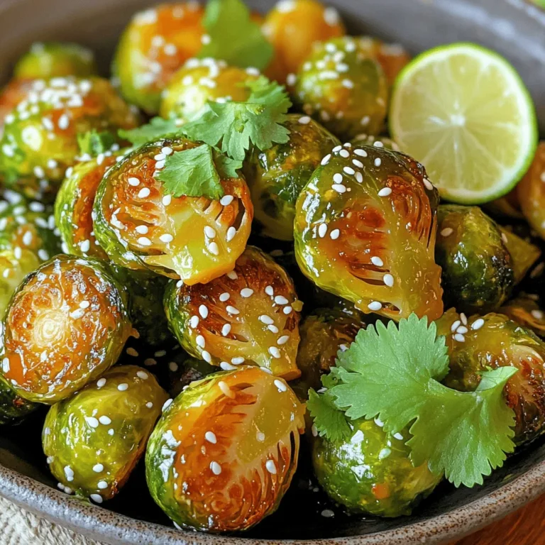 - 1 lb Brussels sprouts, trimmed and halved - 3 tablespoons olive oil - 2 tablespoons honey - 2 tablespoons Sriracha sauce - 1 tablespoon soy sauce (or tamari for gluten-free) - 2 cloves garlic, minced - Salt and pepper to taste These core ingredients make your Honey Sriracha Brussels sprouts shine. The Brussels sprouts give a nice crunch. Olive oil adds richness. Honey brings sweetness, while Sriracha adds heat. Soy sauce deepens the flavor. Garlic gives a nice kick. Salt and pepper enhance it all. - 2 tablespoons sesame seeds (for garnish) - Fresh cilantro, chopped (for garnish) Garnishes are a fun way to add flair. Sesame seeds add crunch and a nutty taste. Fresh cilantro gives a bright flavor that contrasts the heat. You can also add lime slices for extra zest. You can swap ingredients based on your taste. Try maple syrup instead of honey for a different sweetness. Use chili garlic sauce instead of Sriracha for a twist. If you prefer a nutty flavor, add some chopped nuts. For a different texture, try adding carrots or bell peppers. Feel free to mix and match! Enjoy making your dish unique. Start by gathering all your ingredients. You need 1 pound of Brussels sprouts. Trim the ends and slice them in half. Place them in a large bowl. Add 3 tablespoons of olive oil, salt, and pepper to taste. Toss everything well. You want the sprouts to be coated evenly. Now, preheat your oven to 425°F (220°C). Spread the Brussels sprouts on a baking sheet in one layer. Make sure they have space to roast well. Place them in the oven for 20 to 25 minutes. Stir them halfway through to ensure even roasting. Look for a golden-brown color and crispy edges. While the sprouts roast, make the glaze. In a small bowl, whisk together 2 tablespoons of honey, 2 tablespoons of Sriracha sauce, 1 tablespoon of soy sauce, and 2 minced garlic cloves. Mix until it is smooth and well combined. This glaze brings sweet and spicy flavors together. Once the Brussels sprouts are roasted, take them out of the oven. Drizzle the honey Sriracha glaze over them. Toss the sprouts to coat them well. Return the baking sheet to the oven for another 5 to 7 minutes. This step allows the glaze to caramelize. When done, remove from the oven and sprinkle with sesame seeds and chopped cilantro for garnish. Serve them warm and enjoy! To get crispy Brussels sprouts, follow these tips. First, trim and halve each sprout. This helps them cook evenly. Use plenty of olive oil. It creates a nice crisp when roasting. Spread the sprouts in a single layer on the baking sheet. This allows hot air to circulate. Stir them halfway through cooking. This ensures all sides get golden brown. Roast them at 425°F (220°C) for 20-25 minutes. You’ll know they’re done when they’re crispy and golden. If you enjoy a milder dish, cut back on the Sriracha. Start with one tablespoon instead of two. You can always taste and add more. If you love heat, add extra Sriracha. You can also include a pinch of cayenne for extra kick. Mixing in some lime juice can help balance the heat. It adds a zesty touch without losing flavor. Combine flavors wisely for the best results. Honey adds sweetness and helps the glaze stick. Sriracha gives it a spicy kick. To balance the flavors, use soy sauce. It adds depth and saltiness. Minced garlic enhances the taste, bringing everything together. For a fresh finish, garnish with cilantro and sesame seeds. This adds crunch and a pop of color. Always taste as you go. Adjust flavors to suit your palate for the perfect dish. {{image_2}} You can change the flavor of Honey Sriracha Brussels sprouts easily. Add a splash of balsamic vinegar for a tangy kick. You might mix in maple syrup instead of honey for a deeper sweetness. Try adding some chopped pineapple for a fun, fruity twist. These options keep the dish fresh and exciting. To make this dish vegan, swap honey with agave syrup. Use tamari instead of soy sauce for a gluten-free version. The flavors remain bold and tasty. You still get that sweet heat, making the dish appealing to everyone. Honey Sriracha Brussels sprouts pair well with many meals. Serve them alongside grilled chicken or fish for a complete dinner. They also go great with rice or quinoa. For a fun twist, try them as a topping on tacos. Their bold flavor adds a tasty crunch to any plate! To keep your Honey Sriracha Brussels sprouts fresh, let them cool first. Then, place them in an airtight container. Store them in the fridge for up to three days. If you want to enjoy them later, don’t mix in the sauce. Store the sauce separately to keep it fresh. When you're ready to eat your leftovers, the oven is best. Preheat it to 350°F (175°C). Spread the Brussels sprouts on a baking sheet. Heat for about 10-15 minutes. This helps them stay crispy. You can also use a microwave for a quick meal, but they may get soggy. Heat in short bursts to keep them warm but not mushy. Freezing can work if you have extra sprouts. First, let them cool completely. Place them in a freezer-safe bag or container. Remove as much air as possible. They can last up to three months in the freezer. When ready to eat, thaw in the fridge overnight. Reheat in the oven for the best texture. Yes, you can use frozen Brussels sprouts. They will work, but fresh ones taste better. Frozen sprouts may be softer. If using frozen, thaw them first. Pat them dry to remove excess moisture. This helps them crisp up when roasted. Leftover Honey Sriracha Brussels sprouts last about three to four days in the fridge. Store them in an airtight container. This keeps them fresh. Before eating, reheat them in the oven for best results. This helps to restore some crispness. These Brussels sprouts pair well with many dishes. Try serving them with grilled chicken or fish. They also complement rice bowls and tacos. For a vegetarian option, serve them with quinoa or a hearty salad. Their bold flavors add excitement to any meal. Yes, you can make the sauce ahead. Whisk together the honey, Sriracha, soy sauce, and garlic. Store it in a sealed container in the fridge. It will stay fresh for about a week. Just give it a stir before using. This makes prep easier on busy nights. This blog post covered the key ingredients, steps, and tips for making Honey Sriracha Brussels Sprouts. You learned how to roast them to perfect crispiness and create a tasty glaze. We explored variations for different diets and shared storage tips to keep leftovers fresh. Incorporating these ideas will make your cooking fun and full of flavor. Enjoy this dish as a side or main meal!