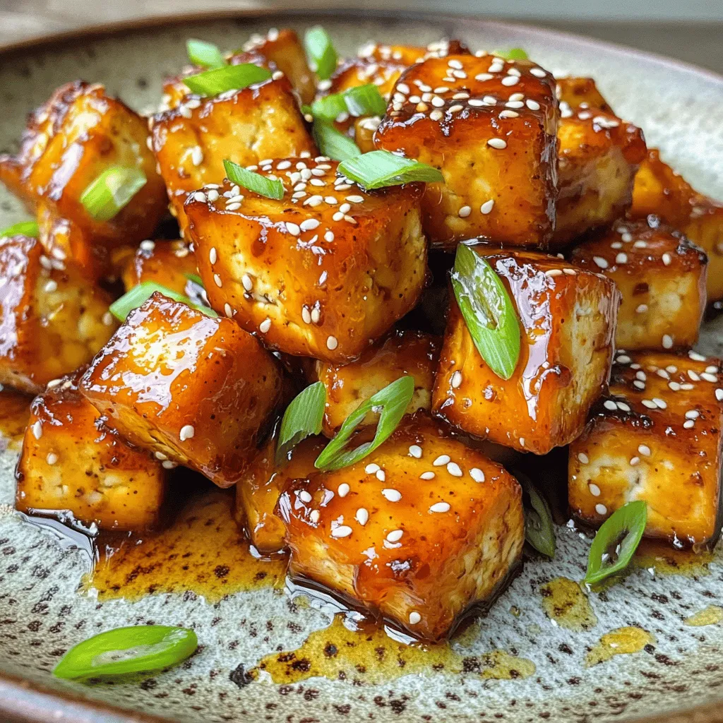 - 1 block firm tofu (14oz), pressed and cubed - 3 tablespoons honey - 2 tablespoons soy sauce - 1 tablespoon sriracha (adjust to taste) - 3 cloves garlic, minced - 1 tablespoon sesame oil - 1 tablespoon sesame seeds (for garnish) - 2 green onions, chopped (for garnish) - Salt and pepper to taste When making Air Fryer Spicy Honey Garlic Tofu, the right ingredients are key. I use firm tofu for its sturdy texture. It holds up well during cooking and absorbs flavors nicely. Honey adds sweetness and a rich taste. Soy sauce brings saltiness and depth. For extra kick, I add sriracha. You can adjust the amount based on your heat preference. Minced garlic gives a strong, aromatic flavor. Sesame oil rounds out the dish with its nutty notes. Garnishing your dish makes it pop. I sprinkle sesame seeds for crunch. Chopped green onions add freshness and color. A touch of salt and pepper enhances all the flavors. These ingredients come together to create a tasty and easy meal you’ll love. Pressing the tofu Start by pressing the tofu. This step helps make the tofu crispy. Wrap the block of tofu in a clean kitchen towel. Place a heavy object on top. Let it sit for about 15 to 20 minutes. This removes excess moisture. Cutting the tofu into cubes Once pressed, take the tofu out of the towel. Cut the tofu into 1-inch cubes. This size is perfect for cooking evenly. Set the cubes aside for later. Mixing honey, soy sauce, sriracha, garlic, and oils In a mixing bowl, combine the honey, soy sauce, and sriracha. Add minced garlic and sesame oil. Sprinkle in some salt and pepper to taste. Whisk everything together until well mixed. This marinade gives the tofu its spicy and sweet flavor. Marinating time Toss the cubed tofu in the marinade. Ensure each piece is well coated. Let it marinate for about 15 minutes. This allows the tofu to absorb all the yummy flavors. Preheating the air fryer While the tofu marinates, preheat your air fryer. Set it to 375°F (190°C) and let it heat for about 5 minutes. Preheating helps the tofu cook evenly and get crispy. Cooking duration and method Place the marinated tofu cubes in a single layer in the air fryer basket. Cook for 12 to 15 minutes. Remember to shake the basket halfway through. This helps each piece get golden brown and crispy. Once done, remove the tofu and let it cool slightly before serving. To get the best texture for your tofu, start with the pressing technique. Pressing removes moisture, which helps the tofu get crispy. Wrap it in a clean towel and place a heavy object on top for 15-20 minutes. This step is key. Next, adjust the cooking time based on your air fryer. For most air fryers, cook the tofu for 12-15 minutes. Make sure to shake the basket halfway through. This helps all sides cook evenly. If you like it extra crispy, add a few more minutes. Marinating is crucial for flavor. After you mix your sauce, let the tofu sit in it for about 15 minutes. This allows the tofu to absorb all those tasty flavors. Don’t rush this step! You can also add extra spices. Consider red pepper flakes or smoked paprika for a different twist. These spices boost flavor without much effort. For meal pairings, serve this tofu with rice or quinoa. These grains soak up the sauce well. You can also add a side of steamed veggies for a balanced meal. Presentation is important too. Arrange the tofu neatly on a plate. Garnish with sesame seeds and chopped green onions. Drizzle any leftover sauce over the top for a beautiful finish. This makes the dish look as good as it tastes! {{image_2}} You can spice up this dish in fun ways. First, try adding more sriracha. This will make the tofu hotter. You can also use different hot sauces. Each sauce has its own flavor, so choose one you love. Some great options are buffalo sauce or chipotle sauce. Experiment with these to find your perfect heat level. If you like things sweeter, adjust the honey levels. Add more honey for a sweeter taste. You can also play with different sweeteners. Maple syrup or agave nectar can work well. Each sweetener brings a unique taste, so feel free to mix and match. You can add vegetables to the tofu. Bell peppers, broccoli, or carrots work great. Simply toss them in with the tofu when you marinate it. If you want to try something different, consider using tofu alternatives. Tempeh or seitan can give a new twist to this recipe. They offer different textures and flavors while still being delicious. To keep your spicy honey garlic tofu fresh, store it in the fridge. Place it in an airtight container. It will stay good for up to four days. If you want to freeze it, use a freezer-safe bag. Squeeze out as much air as you can before sealing. The tofu can last up to three months in the freezer. For reheating, the best method is to use the air fryer. It helps keep the tofu crispy. Set the air fryer to 350°F (175°C) and cook for about 5-7 minutes. You can also use a stovetop. Heat a non-stick pan over medium heat and add a splash of oil. Cook for a few minutes until warm. Avoid the microwave, as it can make the tofu soggy. In the fridge, your spicy honey garlic tofu can last up to four days. If frozen, it will stay good for three months. Always check for any signs of spoilage before eating. Enjoy your tasty leftovers! Yes, you can use extra-firm tofu. It has a denser texture than firm tofu. This makes it chewier and less watery. It absorbs flavors well, giving you a great taste. However, it may take a bit longer to cook through. To make this dish vegan, you can substitute honey with maple syrup or agave nectar. Both sweeteners work well and provide a nice flavor. The spice and garlic will still shine through, making it delicious! Set your air fryer to 375°F (190°C). This temperature cooks the tofu perfectly. Cook it for 12-15 minutes. Remember to shake the basket halfway. This helps the tofu get that golden, crispy outer layer. Skipping the marinating step is not recommended. Marinating adds flavor and helps the tofu soak up the sauce. If you skip it, your tofu may taste bland. Even a quick 15-minute marinate makes a big difference. This dish pairs well with rice or quinoa. You can also serve it with steamed veggies. A fresh salad on the side adds a nice crunch, too. For a fun twist, try it in a wrap or a pita! This blog post covered how to make tasty Spicy Honey Garlic Tofu. We went through the main ingredients, like tofu, honey, and soy sauce. You learned how to prepare, marinate, and cook the tofu for a great texture. I also gave tips for flavoring and ideas for serving. Don’t forget, you can make sweet or spicy versions too! Enjoy this recipe and have fun experimenting with your own twists!