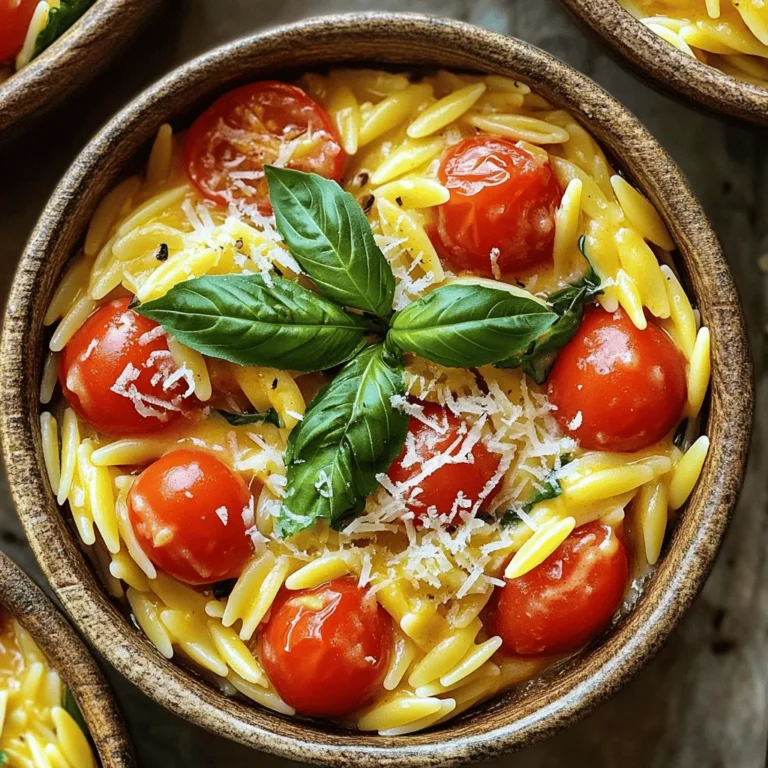- 1 cup orzo pasta - 2 cups cherry tomatoes, halved - 1 medium onion, diced - 3 cloves garlic, minced - 2 cups vegetable broth - 1 cup heavy cream - 1/2 cup grated Parmesan cheese - 1 cup fresh basil leaves, chopped - 2 tablespoons olive oil - Salt and pepper to taste - Large pot - Cooking utensils To make One-Pot Creamy Tomato Basil Orzo, gather your ingredients. You need orzo pasta, cherry tomatoes, onion, garlic, vegetable broth, heavy cream, Parmesan cheese, fresh basil, olive oil, and some salt and pepper. Each item brings its own flavor and texture to this dish. Using a large pot makes it easy to cook everything in one place. It saves time on cleanup too. You will need basic cooking utensils like a spoon for stirring and a knife for chopping. Make sure you have everything ready before you start cooking. It helps the process go smoothly and quickly. This dish is not just tasty; it’s also quick to prepare, taking only about 25 minutes from start to finish. Enjoy the bright flavors of tomatoes and basil as they come together in a creamy sauce with the orzo. First, heat the olive oil in a large pot over medium heat. Add the diced onion and sauté it for about 3-4 minutes. The goal is to make the onion soft and clear. Next, stir in the minced garlic and cook for one more minute. The garlic should smell strong and yummy. After that, toss in the halved cherry tomatoes. Cook them for about 5 minutes. They will soften and let out their juices, adding great flavor. Now, it's time to add the orzo pasta. Pour it into the pot and mix it with the other ingredients. Then, add the vegetable broth. Give it a good stir. Cover the pot and bring the mixture to a gentle boil. Once it bubbles, lower the heat to a simmer. Let it cook for about 10 minutes, stirring now and then. The orzo should be al dente and soak up most of the liquid. After cooking, take the pot off the heat. Stir in the heavy cream and grated Parmesan cheese. Mix until everything is smooth and creamy. Then, add the chopped basil. This gives your dish a fresh taste. Finally, season with salt and pepper to your liking. Let it sit for a few minutes. This helps the dish thicken up a bit before you serve it. - Adjust seasoning to taste Start with salt and pepper. Taste your dish as you cook. You can always add more, but you can’t take it away. This will help you find the right balance of flavors. - Tips for al dente orzo Cook the orzo for about 10 minutes. Stir occasionally to prevent sticking. If you want firmer pasta, check it a minute or two before the time is up. - Additional herbs and spices Consider adding a pinch of red pepper flakes for heat. You can also mix in garlic powder or onion powder for a deeper flavor. Fresh herbs like thyme or oregano can add a lovely twist too. - Optional toppings You can top your dish with more Parmesan cheese and some toasted pine nuts for crunch. A drizzle of olive oil adds richness and flavor. Fresh basil leaves make for a beautiful garnish and boost freshness. Feel free to experiment until you find your perfect version of One-Pot Creamy Tomato Basil Orzo! {{image_2}} You can switch to whole grain orzo for a healthier option. Whole grain orzo adds more fiber and nutrients. It has a nuttier flavor, which can enhance your dish. If you want to avoid heavy cream, try using Greek yogurt. Greek yogurt adds creaminess but has less fat. You can also use coconut milk for a dairy-free version. Both options work well in this recipe. Adding protein makes this dish more filling. You can easily mix in cooked chicken or shrimp. Just add them in the last few minutes of cooking. This way, they warm up without overcooking. For a vegetarian option, try adding chickpeas or lentils. They add protein and great texture. You can also use cubed tofu for a plant-based choice. Just make sure to stir them in with the cream for extra flavor. - Refrigeration guidelines: Let the creamy orzo cool down first. Place it in an airtight container. Store it in the fridge for up to 3 days. - Freezing tips: For longer storage, you can freeze it. Use a freezer-safe container. It stays fresh for about 2 months. When ready to eat, thaw it overnight in the fridge. - Best practices for reheating: Use a pot on low heat. Stir often to keep it from sticking. You can also use the microwave. Heat it in short bursts, stirring in between. - Avoiding overcooking: Check the orzo as it heats. You want it warm, not mushy. If it seems dry, add a splash of broth or cream while reheating. Yes, you can swap orzo with other small pasta shapes. Here are some good options: - Acini di pepe - Ditalini - Small shells - Couscous These alternatives will still create a tasty dish. Just keep an eye on the cooking time, as it may differ. This recipe is not gluten-free due to orzo. To make it gluten-free, try these modifications: - Use gluten-free orzo or rice pasta. - Check the vegetable broth for gluten-free labeling. Both options will keep your dish creamy and delicious without gluten. You can easily make this dish vegan with a few swaps: - Substitute heavy cream with coconut cream or cashew cream. - Use nutritional yeast instead of Parmesan cheese. - Ensure vegetable broth is vegan-friendly. These changes will give you a rich, creamy flavor while keeping it plant-based. This post walked you through making a creamy orzo dish loaded with flavor. You need simple ingredients like orzo, cherry tomatoes, and heavy cream. I shared tips on perfecting the recipe and even suggested variations to suit your taste. Keep these ideas in mind as you cook. Whether you want to modify it or store leftovers, you can create a dish you love. Enjoy your cooking journey!