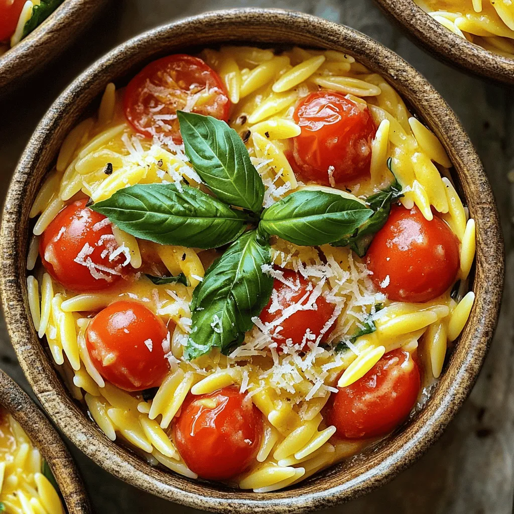 - 1 cup orzo pasta - 2 cups cherry tomatoes, halved - 1 medium onion, diced - 3 cloves garlic, minced - 2 cups vegetable broth - 1 cup heavy cream - 1/2 cup grated Parmesan cheese - 1 cup fresh basil leaves, chopped - 2 tablespoons olive oil - Salt and pepper to taste - Large pot - Cooking utensils To make One-Pot Creamy Tomato Basil Orzo, gather your ingredients. You need orzo pasta, cherry tomatoes, onion, garlic, vegetable broth, heavy cream, Parmesan cheese, fresh basil, olive oil, and some salt and pepper. Each item brings its own flavor and texture to this dish. Using a large pot makes it easy to cook everything in one place. It saves time on cleanup too. You will need basic cooking utensils like a spoon for stirring and a knife for chopping. Make sure you have everything ready before you start cooking. It helps the process go smoothly and quickly. This dish is not just tasty; it’s also quick to prepare, taking only about 25 minutes from start to finish. Enjoy the bright flavors of tomatoes and basil as they come together in a creamy sauce with the orzo. First, heat the olive oil in a large pot over medium heat. Add the diced onion and sauté it for about 3-4 minutes. The goal is to make the onion soft and clear. Next, stir in the minced garlic and cook for one more minute. The garlic should smell strong and yummy. After that, toss in the halved cherry tomatoes. Cook them for about 5 minutes. They will soften and let out their juices, adding great flavor. Now, it's time to add the orzo pasta. Pour it into the pot and mix it with the other ingredients. Then, add the vegetable broth. Give it a good stir. Cover the pot and bring the mixture to a gentle boil. Once it bubbles, lower the heat to a simmer. Let it cook for about 10 minutes, stirring now and then. The orzo should be al dente and soak up most of the liquid. After cooking, take the pot off the heat. Stir in the heavy cream and grated Parmesan cheese. Mix until everything is smooth and creamy. Then, add the chopped basil. This gives your dish a fresh taste. Finally, season with salt and pepper to your liking. Let it sit for a few minutes. This helps the dish thicken up a bit before you serve it. - Adjust seasoning to taste Start with salt and pepper. Taste your dish as you cook. You can always add more, but you can’t take it away. This will help you find the right balance of flavors. - Tips for al dente orzo Cook the orzo for about 10 minutes. Stir occasionally to prevent sticking. If you want firmer pasta, check it a minute or two before the time is up. - Additional herbs and spices Consider adding a pinch of red pepper flakes for heat. You can also mix in garlic powder or onion powder for a deeper flavor. Fresh herbs like thyme or oregano can add a lovely twist too. - Optional toppings You can top your dish with more Parmesan cheese and some toasted pine nuts for crunch. A drizzle of olive oil adds richness and flavor. Fresh basil leaves make for a beautiful garnish and boost freshness. Feel free to experiment until you find your perfect version of One-Pot Creamy Tomato Basil Orzo! {{image_2}} You can switch to whole grain orzo for a healthier option. Whole grain orzo adds more fiber and nutrients. It has a nuttier flavor, which can enhance your dish. If you want to avoid heavy cream, try using Greek yogurt. Greek yogurt adds creaminess but has less fat. You can also use coconut milk for a dairy-free version. Both options work well in this recipe. Adding protein makes this dish more filling. You can easily mix in cooked chicken or shrimp. Just add them in the last few minutes of cooking. This way, they warm up without overcooking. For a vegetarian option, try adding chickpeas or lentils. They add protein and great texture. You can also use cubed tofu for a plant-based choice. Just make sure to stir them in with the cream for extra flavor. - Refrigeration guidelines: Let the creamy orzo cool down first. Place it in an airtight container. Store it in the fridge for up to 3 days. - Freezing tips: For longer storage, you can freeze it. Use a freezer-safe container. It stays fresh for about 2 months. When ready to eat, thaw it overnight in the fridge. - Best practices for reheating: Use a pot on low heat. Stir often to keep it from sticking. You can also use the microwave. Heat it in short bursts, stirring in between. - Avoiding overcooking: Check the orzo as it heats. You want it warm, not mushy. If it seems dry, add a splash of broth or cream while reheating. Yes, you can swap orzo with other small pasta shapes. Here are some good options: - Acini di pepe - Ditalini - Small shells - Couscous These alternatives will still create a tasty dish. Just keep an eye on the cooking time, as it may differ. This recipe is not gluten-free due to orzo. To make it gluten-free, try these modifications: - Use gluten-free orzo or rice pasta. - Check the vegetable broth for gluten-free labeling. Both options will keep your dish creamy and delicious without gluten. You can easily make this dish vegan with a few swaps: - Substitute heavy cream with coconut cream or cashew cream. - Use nutritional yeast instead of Parmesan cheese. - Ensure vegetable broth is vegan-friendly. These changes will give you a rich, creamy flavor while keeping it plant-based. This post walked you through making a creamy orzo dish loaded with flavor. You need simple ingredients like orzo, cherry tomatoes, and heavy cream. I shared tips on perfecting the recipe and even suggested variations to suit your taste. Keep these ideas in mind as you cook. Whether you want to modify it or store leftovers, you can create a dish you love. Enjoy your cooking journey!
