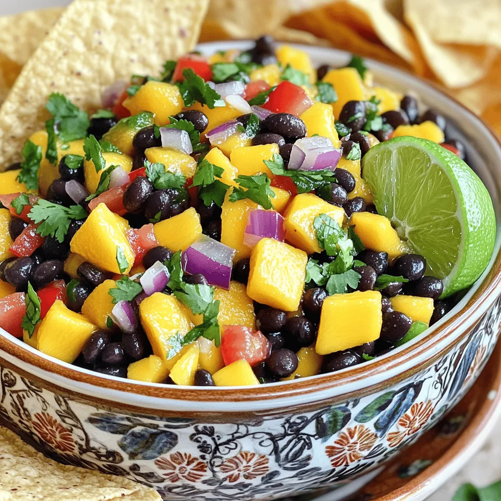 - Ripe mango - Canned black beans - Red bell pepper - Red onion - Jalapeño - Fresh cilantro - Lime juice - Olive oil - Salt and pepper Mango black bean salsa is bright and fresh. Each ingredient adds a unique flavor. The ripe mango gives the salsa sweetness. Look for mangoes that yield slightly when pressed. This means they are ripe and ready. Canned black beans provide protein and a creamy texture. Rinse and drain them to remove extra salt. The red bell pepper adds crunch and color. Dice it finely to mix well with other ingredients. Red onion brings sharpness to the salsa. Chop it small to balance the sweetness of the mango. A jalapeño can add heat. You can remove the seeds for less spice. Mince it finely for even flavor. Fresh cilantro is key for freshness. Chop it up and add it right before serving. Lime juice brightens the dish. Use fresh limes for the best flavor. You will need juice from two limes. Olive oil adds richness. Just one tablespoon is enough for a smooth dressing. Finally, add salt and pepper to taste. This helps to balance all the flavors. Gather these ingredients, and you’re ready to make a vibrant dish! - Dicing the mango: Start with a ripe mango. Cut off the skin with a knife. Slice the mango into small cubes. Make sure the pieces are even for a nice look. - Rinsing and draining black beans: Grab a can of black beans. Open it and pour the beans into a colander. Rinse the beans under cool water. This helps remove extra salt and makes them taste fresh. - Chopping vegetables: Take the red bell pepper and cut it in half. Remove the seeds and slice it into tiny pieces. Now, chop the red onion into small bits. If you like spice, take a jalapeño, cut it open, and remove the seeds. Mince it finely. - Combining all ingredients in a bowl: In a medium bowl, mix the diced mango, black beans, red bell pepper, red onion, and jalapeño. Use a spatula to gently stir everything together. - Preparing the lime dressing: In a small bowl, squeeze the juice of two limes. Add one tablespoon of olive oil, salt, and pepper. Whisk the mixture until it's smooth and combined. - Tossing and coating the salsa: Pour the lime dressing over the salsa mixture. Toss everything together gently. Make sure all the ingredients are coated in the dressing. - Resting the salsa for flavor development: Let the salsa sit for about ten minutes at room temperature. This helps the flavors mix and taste better. - Adjusting seasoning: After resting, taste the salsa. If it needs more flavor, add more lime juice, salt, or pepper to fit your taste. Selecting ripe mangoes To pick a ripe mango, look for a smooth skin. It should feel slightly soft when you press it. The color may vary, but it should have a rich hue. A ripe mango has a sweet aroma, too. Avoid green or hard mangoes, as they won’t taste as good. Choosing quality canned black beans When selecting canned black beans, check the label. Look for low sodium options if you want less salt. Make sure the beans are firm and whole, not mushy. Rinse them well under cold water to remove excess salt and preservatives. This step will keep your salsa fresh and tasty. Adjusting spice levels with jalapeño If you like heat, add more jalapeño! Remove the seeds for less spice, or leave some in for more kick. Mince it finely so it spreads well throughout the salsa. You control the spice level, so taste as you go. Experimenting with herbs and spices Fresh cilantro adds great flavor, but you can try other herbs, too. Basil or mint can give a unique twist. Adding cumin or smoked paprika will deepen the flavor. Don’t be afraid to mix and match to find your perfect blend! Presentation ideas for serving Serve your salsa in a fun bowl for an eye-catching display. Use a colorful dish to contrast the vibrant colors of the salsa. Add a side of tortilla chips for dipping. Garnish with extra cilantro and a lime wedge for a pop of color. Best accompaniments Mango black bean salsa pairs well with grilled chicken or fish. Use it as a topping for tacos or burritos. You can also mix it into salads for extra flavor. It’s a versatile dish that will impress your guests! {{image_2}} You can make your mango black bean salsa even better by adding more ingredients. One great addition is avocado. The creamy texture of ripe avocado pairs well with the sweet mango and hearty black beans. Just dice a ripe avocado and mix it in with the other ingredients. You can also try using different beans. While black beans are a classic choice, you can use pinto beans or kidney beans for a twist. Each type of bean brings its own flavor and texture, making your salsa unique. If you want to make this salsa vegan, you’re in luck! All the ingredients are already plant-based. Just skip any animal products when serving. This salsa is naturally gluten-free, too! Check your canned beans and any chips to ensure they are gluten-free as well. This mango black bean salsa is versatile. You can serve it as a topping for grilled meats, like chicken or fish. The bright flavors cut through the richness of the meat. Another fun idea is to mix it into salads or grain bowls. The salsa adds color and flavor to greens or grains. You can even use it as a dip with tortilla chips. Serve it in a decorative bowl with chips on the side for a colorful snack. To keep your mango black bean salsa fresh, store leftovers in a sealed container. Glass or plastic containers work well. Make sure to remove as much air as possible to prevent spoilage. If you have a smaller amount, use a smaller container. This helps keep the salsa fresh longer. In the refrigerator, your salsa will stay fresh for about three days. After that, flavors may fade. If you want to store it longer, freezing is a great option. The salsa can last up to three months in the freezer. Just remember to use a freezer-safe container to keep it from getting freezer burn. When you're ready to use it, thaw in the fridge overnight. Yes, you can use frozen mango. Thaw it first and drain any excess liquid. Fresh mango has a bright taste and texture, but frozen mango is a great alternative. It makes the salsa quick to prepare, especially when fresh mango is out of season. To adjust the spice level, change the amount of jalapeño. For mild salsa, use half a jalapeño or skip it. For more heat, add more jalapeño or even some hot sauce. Taste as you go to find your perfect level. You can experiment with various fruits. Pineapple adds sweetness, while kiwi gives a unique twist. Peaches or strawberries can also work well. Mixing fruits can enhance flavors and make your salsa even more colorful. This blog post covered how to make a vibrant mango salsa. We explored the ingredients, from ripe mango to fresh cilantro. I detailed the step-by-step instructions for preparing and mixing the salsa. You learned tips for selecting fresh items and enhancing flavors. We also discussed variations to suit your taste and how to store leftovers. In summary, this salsa is easy to make and delicious to eat. Get creative and enjoy this fresh dish!