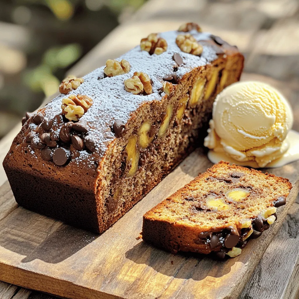 - 3 ripe bananas, mashed - 1/3 cup coconut oil, melted - 1/2 cup brown sugar - 1/4 cup maple syrup The core of this recipe is ripe bananas. They give the bread its sweet flavor and moist texture. Look for bananas with plenty of brown spots. The more ripe, the better! Coconut oil adds a lovely richness. Melt it before mixing to combine smoothly with the bananas. Brown sugar and maple syrup sweeten the bread. They add depth and a hint of caramel flavor. You can adjust the amount based on your taste. - 1 cup all-purpose flour - 1/2 cup whole wheat flour - 1 teaspoon baking soda - 1/2 teaspoon salt - 1/2 teaspoon ground cinnamon For the dry mix, use both all-purpose and whole wheat flour. This blend gives a nice texture. Baking soda helps the bread rise, while salt enhances the flavors. Cinnamon adds warmth, making each bite taste even better. - 1/2 cup vegan chocolate chips - 1/4 cup chopped walnuts Vegan chocolate chips bring that classic chocolatey goodness. They melt and create pockets of chocolate in the bread. Chopped walnuts add crunch and nutty flavor. You can skip them if you want a smooth texture. 1. Preheat your oven to 350°F (175°C). This helps the bread bake evenly. 2. Grease a 9x5 inch loaf pan. You can also line it with parchment paper for easy removal. 3. In a large bowl, mash three ripe bananas until smooth. 4. Melt 1/3 cup of coconut oil and mix it with the mashed bananas. Stir well for a creamy texture. 5. Add 1/2 cup of brown sugar, 1/4 cup of maple syrup, and 1 teaspoon of vanilla extract. Mix until fully blended. 1. In another bowl, whisk together 1 cup of all-purpose flour, 1/2 cup of whole wheat flour, 1 teaspoon of baking soda, 1/2 teaspoon of salt, and 1/2 teaspoon of ground cinnamon. 2. Gradually fold the dry ingredients into the wet mixture using a spatula. Mix until just combined. Be careful not to over-mix, as this keeps the bread light. 1. Gently fold in 1/2 cup of vegan chocolate chips and, if you like, 1/4 cup of chopped walnuts. This adds crunch and flavor. 2. Pour the batter into the prepared loaf pan, spreading it evenly. 3. Bake in the preheated oven for 50-60 minutes. Check doneness by inserting a toothpick in the center. It should come out clean. 4. Let the bread cool in the pan for 10 minutes. Then transfer it to a wire rack to cool fully. This step-by-step guide leads you to a delicious vegan chocolate chip banana bread! To get that soft, moist bread, avoid over-mixing. When you add the dry ingredients, fold gently. This keeps air in the batter and gives you a nice rise. Choosing the right banana ripeness is key. You want bananas that are very ripe, with brown spots. These will make your bread sweeter and more flavorful. You can add spices or extracts to boost the flavor. A touch of nutmeg or extra vanilla can make a big difference. If you want to try alternative sweeteners, consider agave syrup or coconut sugar. These can add unique tastes and keep the bread moist. For garnishing, a light dusting of powdered sugar looks lovely. You can also add a sprinkle of cinnamon for extra flair. Serve your banana bread warm or at room temperature. Pair it with a scoop of vegan ice cream for a treat that is hard to resist. {{image_2}} You can make this vegan chocolate chip banana bread gluten-free. To do this, use gluten-free flour blends. Look for brands like Bob's Red Mill or King Arthur Flour. They offer good mixes that work well in baking. Just measure the same amount as regular flour. Feel free to customize your bread with fun mix-ins. Chopped nuts, like pecans or almonds, add crunch. Dried fruits, such as raisins or cranberries, can add sweetness. You can also spice it up! Adding seasonal spices, like nutmeg or ginger, gives a warm flavor that complements bananas. If you want a lower sugar option, you can reduce the sweeteners. Try cutting back on the brown sugar. You can also use unsweetened applesauce instead of some sweeteners. This keeps the bread moist while lowering the sugar content. Enjoy your healthier twist! To keep your banana bread fresh, cool it completely before storage. If you store it warm, it can become soggy. Wrap the loaf tightly in plastic wrap or aluminum foil. This keeps moisture in and prevents it from drying out. You can also place it in an airtight container. Refrigerating your banana bread can help it last longer, but it may change the texture slightly. If you want to save some for later, freezing is a great choice. Cut the banana bread into slices. Wrap each slice in plastic wrap tightly. This helps to keep the flavor and texture. Place the wrapped slices in a freezer bag or container. When you want to enjoy a slice, take it out and let it thaw on the counter. For the best texture, you can also warm it in the oven for a few minutes. At room temperature, your banana bread will last about 2-3 days. If you store it in the fridge, it can last up to a week. However, the fridge can make it a bit dry. If you freeze it, it can last for about 2-3 months. Just make sure to wrap it well to protect it from freezer burn. Yes, you can use frozen bananas. They work great in banana bread. When you freeze bananas, they get mushy. This mushy texture is perfect for baking. To prepare frozen bananas, follow these steps: 1. Take the bananas out of the freezer. 2. Let them sit at room temperature for about 30 minutes. 3. Peel the bananas and place them in a bowl. 4. Mash them with a fork until smooth. This will give you the right texture for your bread. Yes, you can substitute coconut oil with other oils. Olive oil, canola oil, or avocado oil work well. Each oil has a different flavor. - Olive oil adds a fruity note. - Canola oil is neutral and won’t change the taste. - Avocado oil is rich and buttery. Choose the oil that fits your taste best. To check if your banana bread is done, use a toothpick. Insert it in the center of the loaf. If it comes out clean, the bread is done. Here are some quick tips for testing doneness: - Look for a golden-brown crust. - The top should spring back when gently pressed. - The bread should not jiggle in the pan. These signs help ensure your banana bread is baked perfectly. You now know how to make vegan chocolate chip banana bread. From selecting ripe bananas to the right mix-ins, each step matters. The tips help you get the best texture and flavor. You can even try gluten-free or low-sugar options! Proper storage will keep your bread fresh longer. I hope you feel excited to try this recipe. Enjoy your baking, and share it with friends for a tasty treat!