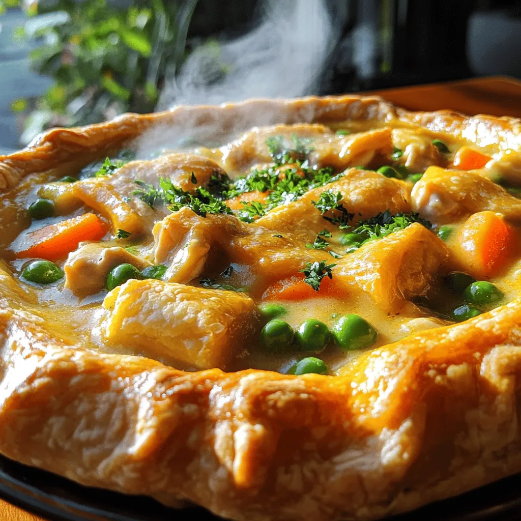 To make a classic chicken pot pie, you'll need these key ingredients: - 1 lb boneless, skinless chicken breasts, diced - 1 cup carrots, diced - 1 cup peas (fresh or frozen) - 1 cup potatoes, diced - 1 medium onion, chopped - 3 cloves garlic, minced - 4 cups chicken broth - 1 cup heavy cream - 1/3 cup all-purpose flour - 1/4 cup butter - 1 tsp dried thyme - 1 tsp dried rosemary - Salt and pepper to taste - 1 package (2 sheets) refrigerated pie crusts - 1 egg, beaten (for egg wash) These ingredients create a rich and creamy filling that comforts you on cold days. You can add a few optional ingredients to boost flavor: - 1/2 cup corn for sweetness - 1/2 cup celery, diced, for crunch - Fresh herbs, like parsley or sage, for extra freshness - A splash of white wine for depth These extras can make the pot pie more exciting and personal. Gather these tools for an easier cooking experience: - A large pot for cooking chicken and veggies - A wooden spoon for stirring - A 9-inch pie dish for baking - A rolling pin for the pie crust - A sharp knife for chopping - Measuring cups and spoons for accuracy These tools help you create a perfect chicken pot pie with ease. Start by preheating your oven to 425°F (220°C). This step is key for a good crust. While the oven heats, gather all your ingredients. Chop the chicken, carrots, onions, and potatoes. Mince the garlic. Having everything ready makes cooking easier and more fun. In a large pot, melt the butter over medium heat. Once melted, add the diced chicken. Season it with salt and pepper. Cook the chicken until it turns brown and is no longer pink, about 5 to 7 minutes. This step adds flavor. Remove the chicken and set it aside. In the same pot, add the chopped onions, carrots, garlic, and potatoes. Cook these veggies for about 5 minutes. Stir often until they start to soften. This helps build a base for our filling. Sprinkle the flour over the softened vegetables. Stir well to coat them. Slowly pour in the chicken broth, stirring to avoid lumps. Bring the mixture to a simmer. Add the heavy cream, thyme, rosemary, and a pinch of salt and pepper. Stir until the mixture thickens, which should take around 5 minutes. Finally, return the cooked chicken and add peas to the pot. Mix everything well. Now, you have a rich, creamy filling ready for your pot pie! To get a flaky crust, keep your ingredients cold. Use chilled butter and cold water. When mixing, handle the dough as little as possible. This keeps the butter in small pieces, which helps it flake. Roll out the crust gently and evenly. A good thickness is about 1/8 inch. For best results, chill the crust in the fridge for 30 minutes before baking. This helps it maintain shape. Herbs and spices can transform your pot pie. Dried thyme and rosemary are classic choices. They add depth and warmth. You can also try adding a pinch of nutmeg for a hint of spice. Fresh herbs, like parsley or sage, can brighten the dish. Consider adding a splash of white wine to the filling for an extra layer of flavor. Just let it cook down before adding the cream. One common mistake is overcooking the chicken. Cook it just until it's no longer pink. If you cook it too long, it can become dry. Another mistake is not letting the filling cool before adding the top crust. This can make the crust soggy. Lastly, don’t skip the egg wash. It gives your crust a beautiful golden color. {{image_2}} You can make a tasty vegetarian pot pie by swapping chicken for hearty veggies. Use mushrooms, zucchini, or eggplant to add depth. You can also mix in some lentils for protein. A creamy sauce made with vegetable broth and cashew cream gives a rich flavor. Don't forget to add your favorite herbs for a fresh touch! To make a gluten-free pot pie, replace all-purpose flour with a gluten-free blend. You can also use cornstarch to thicken the sauce. Choose gluten-free pie crusts or make your own using almond or oat flour. Check the labels for any hidden gluten in your broth or seasonings. Spice up your pot pie with unique flavors. Try adding a dash of hot sauce for heat or a splash of white wine for depth. You can also fold in some fresh spinach or kale for extra greens. For a twist, use different herbs like dill or tarragon to change the taste. Experimenting can lead to new favorites! To store leftover chicken pot pie, let it cool to room temperature. Cover it with plastic wrap or aluminum foil. You can also use an airtight container. This keeps the pie fresh for up to three days in the fridge. If you want to enjoy it later, freezing is a great option. For long-term storage, freeze the chicken pot pie before baking. Wrap it tightly in plastic wrap, then in foil. This will help prevent freezer burn. You can store it in the freezer for up to three months. When you're ready to enjoy it, thaw it in the fridge overnight, then bake as directed. To reheat your chicken pot pie, preheat your oven to 350°F (175°C). Place the pie on a baking sheet to catch any drips. Heat for about 25-30 minutes until warm. If the crust gets too brown, cover it loosely with foil. This helps keep it from burning while the inside warms up. Enjoy every delicious bite! You can use half-and-half or whole milk. Both options work well in this recipe. For a thicker sauce, add a bit of cornstarch to the mix. If you're looking for a dairy-free option, coconut cream is a tasty choice. It adds a nice richness without the dairy. Yes, you can use frozen chicken. Just make sure to thaw it first for even cooking. You can do this in the fridge overnight or use the microwave. Cook it until no longer pink to ensure it's safe to eat. Check for a golden brown crust on top. The filling should bubble slightly around the edges. A knife inserted into the filling should come out hot. If it’s not golden yet, give it a few more minutes in the oven. Absolutely! You can prepare the filling a day in advance and store it in the fridge. Just assemble the pie and bake it when you're ready to eat. This makes it easy for busy days or gatherings. Chicken pot pie goes great with simple sides. Consider a fresh green salad for crunch. Steamed vegetables add color and nutrients. Mashed potatoes also work well, bringing even more comfort to the meal. Enjoy! You now know how to make a tasty chicken pot pie. We covered key ingredients, step-by-step cooking, and helpful tips. Remember to try different flavors and storage methods too. A good pot pie can warm any day. Feel free to experiment with your own ideas. With these tools and tricks, you can create a dish everyone will love. Enjoy making your version of this classic. Happy cooking!