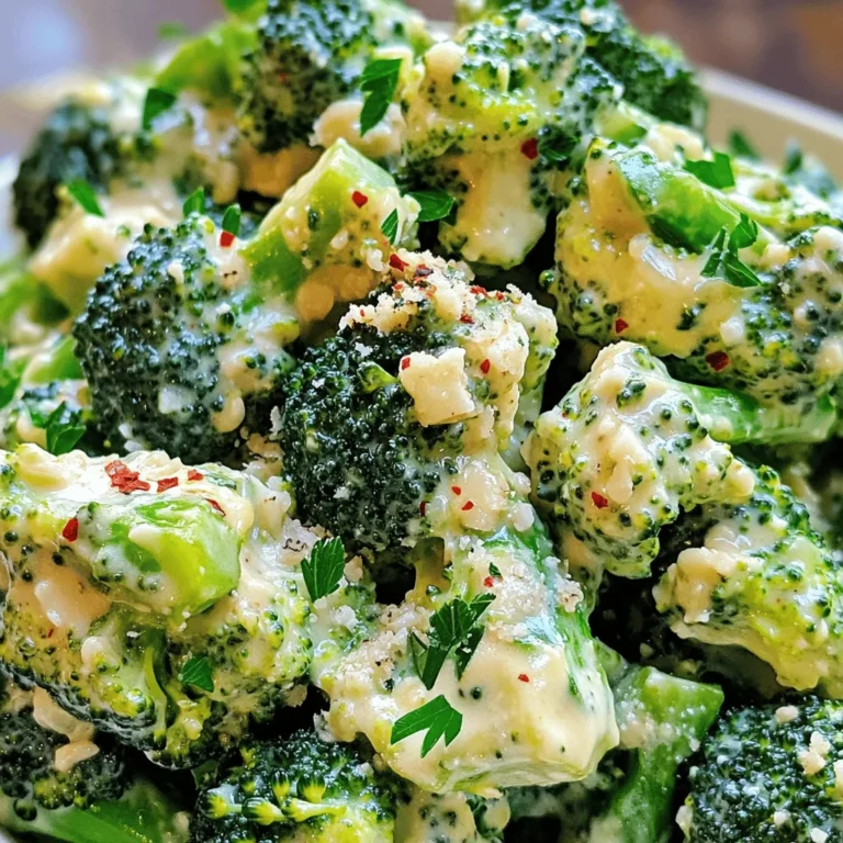 You need these key ingredients for creamy garlic Parmesan broccoli: - 1 lb fresh broccoli florets - 2 tablespoons olive oil - 4 cloves garlic, minced - 1 cup heavy cream - 1 cup grated Parmesan cheese - 1 teaspoon onion powder - Salt and pepper to taste To make this dish even better, consider these optional ingredients: - 1/2 teaspoon red pepper flakes for a spicy kick - Fresh parsley, chopped for a bright garnish Having the right tools makes cooking easier. Use these when making the dish: - Large pot for boiling water - Strainer for draining broccoli - Large skillet for cooking the sauce - Mixing spoon for stirring - Knife and cutting board for prep Start by boiling a large pot of salted water. Add 1 pound of fresh broccoli florets. Blanch the broccoli for 2 to 3 minutes. It should turn bright green and be slightly tender. Next, drain the broccoli and transfer it to an ice bath. This stops the cooking and keeps the color. Once it cools, set the broccoli aside. In a large skillet, heat 2 tablespoons of olive oil over medium heat. Add 4 minced garlic cloves and sauté for about 1 minute. You want the garlic to become fragrant but not burnt. Pour in 1 cup of heavy cream and stir well. Let it simmer for 3 to 4 minutes to thicken slightly. Gradually add 1 cup of grated Parmesan cheese. Stir constantly until it melts into a creamy sauce. If the sauce is too thick, splash in some water or broth to adjust. Stir in 1 teaspoon of onion powder and 1/2 teaspoon of red pepper flakes if you like a little heat. Season with salt and pepper to taste. Now, add the blanched broccoli to the skillet. Toss gently to coat the broccoli with the creamy sauce. Cook for another 2 to 3 minutes until everything is heated through. Finally, remove from heat and garnish with chopped fresh parsley before serving. Enjoy your creamy garlic parmesan broccoli! To keep broccoli crisp, blanch it quickly. Boil water in a large pot. Add salt for flavor. Put in the broccoli florets for just 2–3 minutes. Look for a bright green color. After boiling, place the broccoli in an ice bath. This step halts cooking and locks in color. Once cool, drain the broccoli. This method ensures your broccoli stays tender and vibrant. To achieve a smooth sauce, use heavy cream as your base. Heat it gently in a skillet. Stir continuously as you add Parmesan cheese. This keeps the cheese from clumping. If the sauce seems too thick, add a splash of water or broth. This small adjustment helps reach the perfect creamy texture. Always taste and adjust seasoning as needed. A little salt and pepper can enhance flavors. Garnishing makes your dish pop! I like to use fresh parsley for color. Chop it finely and sprinkle it on top. You can also add extra Parmesan for a richer look. If you enjoy heat, sprinkle a few red pepper flakes. This adds a nice touch and visual appeal. These simple steps make your creamy garlic Parmesan broccoli look as good as it tastes! {{image_2}} You can make this dish heartier by adding protein. Chicken or shrimp works great. Cook the chicken in the skillet until golden. Cut it into bite-sized pieces. For shrimp, add them after the garlic. Cook until they turn pink. Stir them in with the broccoli and sauce for a full meal. To make a vegan version, swap the heavy cream and cheese. Use coconut cream or cashew cream instead. Nutritional yeast can replace Parmesan cheese. It adds a cheesy flavor without dairy. Blend soaked cashews with water for a smooth sauce. This keeps the dish rich and creamy. If you like heat, add more spice! You can use cayenne pepper or hot sauce. Mix these in with the garlic when cooking. Adjust the red pepper flakes to your taste. A squeeze of lemon juice at the end adds brightness. These tweaks create a flavorful kick. To keep Creamy Garlic Parmesan Broccoli fresh, store it in an airtight container. Make sure to let it cool before sealing. This prevents steam from making it soggy. You can store it in the fridge for up to three days. When reheating, use low heat on the stove or microwave. Add a splash of water or broth to keep it creamy. Heat until warm, stirring gently to mix the sauce again. Avoid high heat, as it can dry out the broccoli and sauce. You can freeze Creamy Garlic Parmesan Broccoli, but it may change texture. Use a freezer-safe container and cool the dish first. It will stay good for about one month. When ready to eat, thaw in the fridge overnight and reheat gently. To make this dish gluten-free, you need to check your ingredients. The main recipe does not have gluten. However, make sure your heavy cream and Parmesan cheese are pure and gluten-free. Some brands may add fillers that contain gluten. You can also use gluten-free broth if you choose to add it for thinning the sauce. This dish pairs well with many meals. Here are some ideas: - Grilled chicken or steak - Roasted fish or shrimp - Pasta dishes, like fettuccine or spaghetti - Quinoa or rice for a hearty meal You can also serve it as part of a veggie platter with dips. Yes, you can use frozen broccoli. It saves prep time. Just thaw it before using. You can skip the blanching step. Cook the frozen broccoli in the sauce for a few extra minutes. This ensures everything warms through and the flavors meld well. This blog post covered everything you need for a delicious creamy garlic parmesan broccoli dish. We explored required and optional ingredients, tools, and step-by-step cooking instructions. I shared tips to avoid overcooking broccoli and make a perfect sauce. You learned about tasty variations and how to store leftovers properly. In closing, don’t hesitate to get creative with this versatile recipe. Enjoy making and sharing this dish!