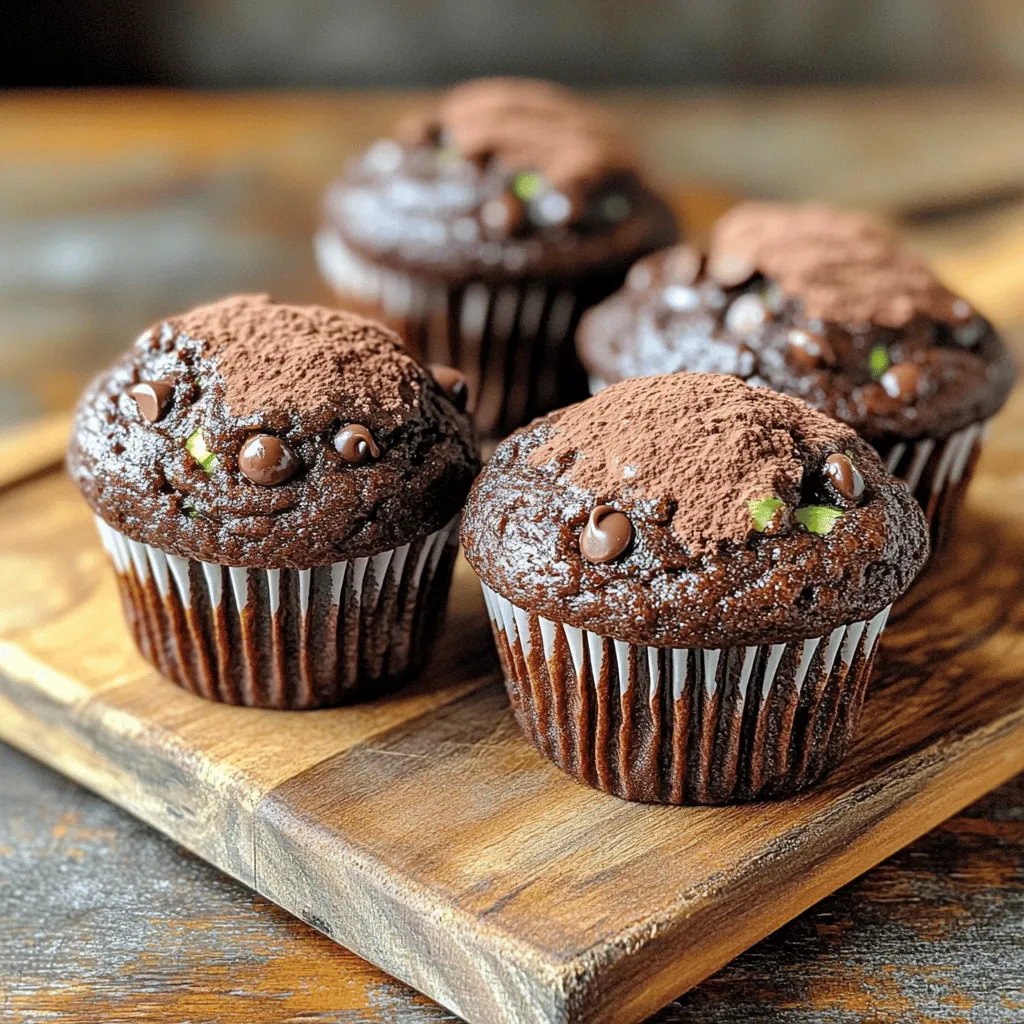 To make tasty chocolate zucchini muffins, you need the following ingredients: - 1 medium zucchini, grated - 1 cup all-purpose flour - 1/2 cup cocoa powder - 1/2 teaspoon baking soda - 1/2 teaspoon baking powder - 1/4 teaspoon salt - 1/2 cup granulated sugar - 1/4 cup brown sugar, packed - 1/3 cup vegetable oil - 2 large eggs - 1 teaspoon vanilla extract - 1/2 cup chocolate chips (dark or semi-sweet) These ingredients blend to create a moist and delicious treat. You can swap some ingredients for different flavors or health needs: - Use whole wheat flour for more fiber. - Replace granulated sugar with coconut sugar for a lower glycemic index. - Substitute applesauce for vegetable oil to cut fat. - Try almond butter instead of oil for a nutty taste. - Use egg replacer if you want a vegan option. These swaps can keep your muffins unique and fun. Using high-quality ingredients makes a big difference. Fresh zucchini adds moisture and flavor. Good cocoa powder adds rich chocolate taste. The right sugars balance sweetness and texture. Quality chocolate chips melt beautifully and enhance every bite. When you use top-notch ingredients, your muffins will shine. First, take your medium zucchini and grate it. Use a box grater or a food processor. Place the grated zucchini in a bowl, then sprinkle a pinch of salt on it. Let it sit for about 10 minutes. This helps the zucchini release moisture. After 10 minutes, if there is extra liquid, squeeze it out with a clean cloth. This step keeps the muffins moist and fluffy. In a large mixing bowl, whisk together the dry ingredients. Add 1 cup of all-purpose flour, 1/2 cup of cocoa powder, 1/2 teaspoon of baking soda, 1/2 teaspoon of baking powder, and 1/4 teaspoon of salt. Make sure everything is well mixed. This mix gives the muffins their structure and flavor. In another bowl, mix the sugars and oil. Combine 1/2 cup of granulated sugar, 1/4 cup of brown sugar, and 1/3 cup of vegetable oil. Whisk until smooth. Then, add 2 large eggs and 1 teaspoon of vanilla extract. Mix again until everything is blended well. This mixture adds sweetness and richness to the muffins. Now, slowly add the dry mix to the wet mix. Stir gently until the batter is just combined. Don’t worry about lumps; it's okay to have some. Finally, fold in the grated zucchini and 1/2 cup of chocolate chips. This step ensures an even mix of flavors in your muffins. Divide the batter evenly into your muffin tin, filling each cup about 2/3 full. Bake in your preheated oven at 350°F (175°C) for 18-20 minutes. To check if they are done, insert a toothpick in the center of a muffin. If it comes out clean, your muffins are ready. Let them cool in the pan for about 5 minutes. Then, transfer them to a wire rack to cool completely. Enjoy your delicious chocolate zucchini muffins! To keep your muffins moist, start with fresh zucchini. Grate one medium zucchini and let it sit with a pinch of salt for ten minutes. This helps release extra moisture. If there’s too much liquid, use a clean cloth to squeeze it out. This step keeps your muffins soft and tender, which is key for a great texture. Mixing too much can make muffins tough. When you combine dry and wet ingredients, mix just until you see no dry flour. A few lumps are fine. Overmixing will lead to dense muffins. Remember, gentle mixing is your friend here. Preheat your oven to 350°F (175°C) for even baking. Bake your muffins for 18 to 20 minutes. Check them with a toothpick; it should come out clean. If you bake them too long, they may dry out. Keep an eye on the time, and trust your nose! The smell will tell you when they’re close. {{image_2}} You can make your muffins even better by adding nuts or fruits. Chopped walnuts or pecans give a nice crunch. If you like fruit, try adding diced bananas or apples. These options add flavor and texture. Mix them in just before you pour the batter into your muffin cups. About half a cup of nuts or fruits works well. Want to make your muffins a bit healthier? You can swap out all-purpose flour for whole wheat flour. This change adds fiber and nutrients. You can also reduce the sugar. Try using 1/3 cup of granulated sugar instead of 1/2 cup. You can use honey or maple syrup, too. These sweeteners can make the muffins moist and tasty. If you need a gluten-free option, you can use gluten-free flour. Many brands offer blends that work well in baking. Just be sure to check the package for the right amount to use. Replace the all-purpose flour with the same amount of gluten-free flour in the recipe. Your muffins will still be soft and delicious! To keep your chocolate zucchini muffins fresh, store them in an airtight container. Place them at room temperature for up to three days. If you need to keep them longer, the fridge is a great option. Just remember, the fridge can dry them out, so seal them well. Freezing muffins is easy and smart. To freeze, let the muffins cool completely. Then, wrap each muffin in plastic wrap. Place them in a freezer bag or container. They will last for about three months in the freezer. When ready to eat, simply thaw them overnight in the fridge or at room temperature. Reheating muffins is simple. For the best taste, use the oven. Preheat your oven to 350°F (175°C). Place the muffins on a baking sheet and heat for about 5 to 10 minutes. You can also use the microwave. Heat each muffin for about 15-20 seconds. Check to see if it’s warm enough. Enjoy your muffins warm for a delightful treat! Yes, you can use frozen zucchini. Just thaw it first and drain any excess water. This will help keep the muffins from being too wet. I recommend squeezing out the moisture with a cloth after thawing. This simple step will give you the best texture in your muffins. Check your muffins at 18 minutes. Insert a toothpick into the center. If it comes out clean or with a few crumbs, they are done. If you see wet batter, bake them a bit longer. Keep an eye on them so they don’t overbake. Perfect muffins will be soft and springy to the touch. Yes, you can make these muffins in advance. They taste great fresh, but they also store well. You can bake them the night before or even a few days ahead. Just let them cool completely before storing. Keep them in an airtight container at room temperature for up to three days. These muffins are tasty on their own. But you can also serve them with butter or cream cheese. A dollop of yogurt adds a nice touch, too. Pair them with a glass of milk or a warm drink for a cozy snack. These muffins are perfect for breakfast or an afternoon treat! In this post, we explored the tasty world of chocolate zucchini muffins. You learned about key ingredients, substitutions, and how to prep the zucchini. I shared step-by-step instructions to create perfectly moist muffins. Plus, I offered tips to avoid common mistakes and ideas for fun variations. Finally, we discussed storage and answered common questions. With quality ingredients and care, you can enjoy these muffins fresh or frozen. Happy baking!