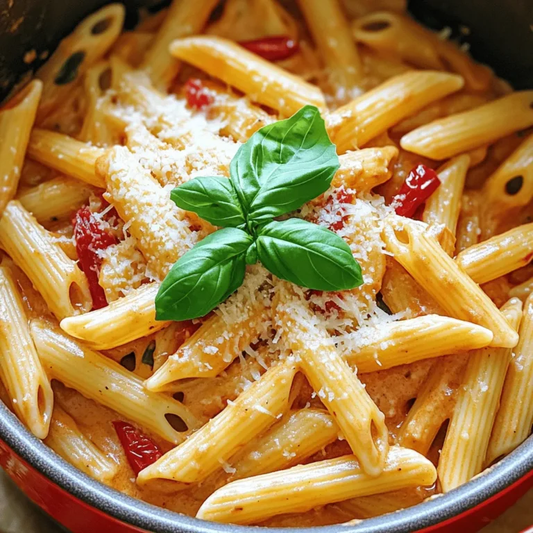 To make this creamy roasted red pepper pasta, you need these main items: - 12 oz penne pasta - 2 cups vegetable broth - 1 cup roasted red peppers (jarred or homemade) - 1 cup heavy cream (or coconut cream for a dairy-free option) - 2 tablespoons olive oil - 3 cloves garlic, minced - 1 onion, finely chopped These ingredients come together to create a rich and tasty dish. The penne pasta holds the sauce well. The roasted red peppers add a sweet and smoky taste. Using heavy cream makes the dish rich and creamy. Seasoning is key to bringing out the flavors in this pasta. Here’s what you need: - 1 teaspoon Italian seasoning - ½ teaspoon red pepper flakes (adjust for spice level) - Salt and pepper to taste These seasonings add depth to the dish. Italian seasoning brings herbs that mix well with the red peppers. Red pepper flakes can boost the heat level, so use what feels right for you. Garnishes add a nice touch to your plate. These are great options: - ½ cup grated Parmesan cheese (optional for garnish) - Fresh basil or parsley for garnish Parmesan cheese gives a salty finish that pairs well with the creaminess. Fresh herbs add color and freshness. They also elevate the dish's look and flavor. You can add as much or as little as you like. Start with a large pot. Heat two tablespoons of olive oil over medium heat. Add one finely chopped onion. Cook for about five minutes until it turns soft and clear. This step builds the flavor. Next, add three minced garlic cloves. Stir for another minute, being careful not to burn the garlic. The smell will be amazing! Now, add twelve ounces of penne pasta to your pot. Pour in two cups of vegetable broth and one cup of roasted red peppers. You can use jarred peppers or roast your own. Sprinkle in one teaspoon of Italian seasoning and a half teaspoon of red pepper flakes. Adjust the spice to your liking. Add salt and pepper to taste. Bring the mixture to a boil. Then, reduce the heat to medium-low. Cover the pot and let it simmer for 12 to 15 minutes. Stir occasionally until the pasta is tender and most of the broth is gone. Once the pasta is cooked, stir in one cup of heavy cream. Let it simmer for another two to three minutes. This helps the sauce thicken up nicely. If you want, add half a cup of grated Parmesan cheese. Stir until it melts into the sauce. Taste and adjust the seasoning if needed. Serve hot, garnished with fresh basil or parsley. You can add more Parmesan on top for extra flavor! To get that smooth, creamy sauce, use heavy cream or coconut cream. Start by adding the cream after your pasta is cooked. Stir it in gently, allowing it to melt in. If the sauce is too thick, add a splash of vegetable broth. Keep stirring until you reach that perfect consistency. If you like heat, add more red pepper flakes. Start with a half teaspoon, then taste it. You can always add more if you want it spicier. For a milder dish, skip the flakes or reduce the amount. This way, you control the spice to fit your taste. To make cleanup easier, use just one pot for cooking. After you finish, soak the pot in warm water. This helps loosen any stuck bits. You can also line your pot with parchment paper for even easier cleaning. Keeping your kitchen tidy makes cooking more fun! {{image_2}} You can use gluten-free pasta for this recipe. I recommend penne or fusilli. They hold sauce well and cook nicely. Just check the package for cooking times. Most gluten-free pasta cooks faster than regular pasta. Keep an eye on it to avoid mushiness. To make this dish dairy-free, swap heavy cream with coconut cream. Coconut cream adds a nice, rich flavor. You can also use any dairy-free cream substitute you like. Just make sure to check the labels for added sugars or flavors. You may want to skip the cheese or use a dairy-free version. Want to boost protein? You can add grilled chicken, shrimp, or chickpeas. If you want chicken, cook it first, then slice it. For shrimp, add them during the last few minutes of cooking. Chickpeas can go in at the same time as the pasta. This adds texture and flavor to your dish. To keep your One-Pot Creamy Roasted Red Pepper Pasta fresh, let it cool. Once cool, transfer it to an airtight container. You can store it in the fridge for up to three days. Make sure to label it with the date. Keeping it sealed helps maintain its creamy texture and flavor. When you are ready to enjoy leftovers, heat them on the stove or in the microwave. If using the stove, add a splash of vegetable broth or cream to keep it moist. Stir gently over low heat until warmed through. If using the microwave, heat in 30-second intervals, stirring in between. This way, you avoid hot spots and keep the pasta creamy. You can freeze this pasta for up to three months. To freeze, let it cool completely, then scoop portions into freezer-safe bags or containers. Remove as much air as possible before sealing. When you're ready to eat, thaw it in the fridge overnight. Reheat as described above for the best results. Yes, you can use homemade roasted red peppers. They add a fresh taste to the dish. To make them, roast fresh red peppers in the oven or over an open flame. Once blackened, place them in a bowl and cover it. Let them steam for 10 minutes, then peel off the skin. Chop the peppers and add them to your pasta. Homemade peppers can enhance the flavor and give you a personal touch. To spice up this pasta, add more red pepper flakes. Start with an extra ½ teaspoon. You can also add a pinch of cayenne pepper for extra heat. If you love heat, try adding sliced jalapeños or fresh chili peppers. Mix them in with the garlic and onion for a great flavor base. Adjust the spice to fit your taste. If you don’t have vegetable broth, use chicken broth for a different flavor. Water is another option, but it won’t add much taste. You can also make a quick broth by mixing water with bouillon cubes. This will give you a nice depth of flavor. Just remember to adjust the salt in your dish, especially if using bouillon. This blog post explored the key ingredients that make great pasta. We discussed how to cook, season, and garnish your dish. I shared tips for a creamy texture, adjusting spices, and saving time. We also looked at variations with gluten-free, dairy-free, and protein options. Lastly, I covered storage and reheating so your leftovers stay tasty. In conclusion, with these methods and ideas, you can make pasta your way! Enjoy creating your perfect dish.