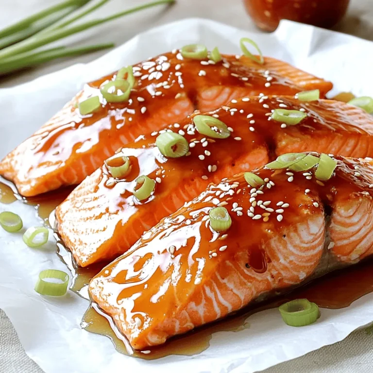 To make Honey Sriracha Glazed Salmon, you need a few simple ingredients. Here’s what you’ll need: - Salmon fillets - Honey - Sriracha sauce - Soy sauce - Olive oil - Garlic - Lime juice - Black pepper - Garnishes (green onions, sesame seeds) These ingredients work together to create a sweet and spicy glaze. The salmon fillets are the star of this dish. They are rich in omega-3 fatty acids and offer a tender texture. Honey adds sweetness, while Sriracha brings heat. Soy sauce provides a savory depth, and olive oil helps in cooking. Garlic gives aromatic flavor, while lime juice adds a hint of brightness. Black pepper rounds out the flavor profile. Finally, green onions and sesame seeds make the dish look vibrant and appealing. Make sure to gather everything before you start cooking. It makes the process smoother and more fun! To start, gather your glaze ingredients. You will need: - 1/4 cup honey - 2 tablespoons Sriracha sauce - 2 tablespoons soy sauce - 1 tablespoon olive oil - 2 cloves garlic, minced - Juice of 1 lime - 1/4 teaspoon black pepper In a medium bowl, whisk together all these items. Mix until you see a smooth blend. This glaze is sweet with a bit of heat. You can adjust the Sriracha for more or less spice. Next, it’s time to marinate the salmon. Place the salmon fillets in a shallow dish or zip-top bag. Pour half of the glaze over the salmon. Make sure each piece gets a good coat. Cover the dish or seal the bag and place it in the fridge. Let it marinate for at least 30 minutes. For more flavor, you can leave it for up to 2 hours. Now, let’s cook the salmon. Preheat your oven to 400°F (200°C). While it heats up, line a baking sheet with parchment paper. This makes cleanup easier. After marinating, remove the salmon from the fridge. Take the fillets out of the marinade and place them on the prepared baking sheet, skin-side down. Brush the remaining glaze on top of each fillet. Bake the salmon for about 12 to 15 minutes. You want it to flake easily with a fork. For extra caramelization, switch to broil for the last 2 minutes. This step gives it a lovely color. After cooking, let the salmon rest for a couple of minutes. This helps the juices settle. For serving, place each glazed salmon fillet on a plate. Garnish your dish with thinly sliced green onions and a sprinkle of sesame seeds. This adds a nice crunch and color. Serve with your favorite side for a complete meal. Enjoy the sweet and spicy flavors! To make the glaze just right, adjust the spice level to your taste. If you want more heat, add more Sriracha. For a milder flavor, reduce the amount. You can also mix in some honey if you prefer sweetness. Marinating the salmon is key. I suggest marinating for at least 30 minutes. For even more flavor, let it sit for up to 2 hours. This step makes a big difference in taste. For even cooking, make sure your salmon fillets are of similar size. This helps them cook at the same rate. Place the fillets skin-side down on the baking sheet for best results. To test doneness, use a fork. If the salmon flakes easily, it’s done. You can also check if it’s opaque and not translucent. These signs mean your salmon is ready to eat! For sides, I recommend steamed rice or roasted vegetables. These pair well with the sweet and spicy glaze. You could also serve a simple salad for freshness. When it comes to drinks, a crisp white wine works well. A light beer can also enhance the meal. Both drinks balance the flavors in the dish nicely. Enjoy! {{image_2}} You can easily swap salmon for chicken or tofu. Chicken has a mild flavor that works well with the glaze. Marinate chicken breasts just like salmon. Bake them for about 20-25 minutes, until cooked through. Tofu is a great choice for plant-based meals. Use firm tofu for the best texture. Press it to remove extra water, then marinate it. Bake the tofu for about 25-30 minutes, flipping halfway. Want to change the flavor? Add citrus or herbs! Lime juice gives a fresh twist. You can also try lemon or orange juice. Fresh herbs like cilantro or basil bring great taste. Chop them finely and mix them into the glaze. This adds brightness and depth to the dish. You can grill or bake your salmon. Baking is easy and keeps the salmon moist. Grilling adds a nice char and smoky flavor. For grilling, preheat your grill and oil the grates. Cook the salmon for 4-5 minutes on each side. Both methods work well, so choose what you like best! To store leftovers, place the glazed salmon in an airtight container. Make sure to seal it tightly. It will stay fresh for about 3 days in the fridge. Keeping it cold helps preserve the flavor and texture. You can freeze the glazed salmon for later use. Wrap each fillet in plastic wrap, then place it in a freezer bag. This way, it won't get freezer burn. The salmon can last up to 3 months in the freezer. When you want to enjoy it, thaw it safely in the fridge overnight. For reheating, I recommend using the oven or a skillet. If using the oven, preheat it to 350°F (175°C). Place the salmon on a baking sheet and cover it with foil. Heat for about 10 minutes. If you prefer a skillet, add a little oil and heat it over medium. Cook for a few minutes on each side until warmed through. This keeps the salmon moist and tasty. You can use several sauces if you lack Sriracha. Here are some options: - Chili garlic sauce: It has a similar heat and flavor. - Sambal oelek: This Indonesian sauce is spicy and fresh. - Hot sauce: Any favorite hot sauce will work. - Harissa: This North African paste adds depth and spice. Feel free to mix and match to find your favorite heat level. Just adjust the amount based on your taste. To check if the salmon is done, look for these signs: - Color: Cooked salmon turns from bright pink to a pale orange. - Flakiness: Use a fork to gently press the salmon. It should flake easily. - Internal temperature: Aim for 145°F (63°C) for safe eating. If you see these signs, your salmon is perfectly cooked and ready to eat. Yes, making the glaze ahead of time is easy. Here are some tips: - Mix it up: Combine all glaze ingredients in a bowl. Store it in a jar. - Refrigerate: Keep the glaze in the fridge for up to three days. - Shake well: Before using, give the jar a good shake to mix. This way, you can save time when you are ready to cook your salmon. In this post, I shared how to make a tasty Honey Sriracha Salmon. You learned about the key ingredients and how to prepare a flavorful glaze. I gave you steps to cook the salmon and serve it well. Tips on spice, cooking methods, and storage also help you make it your own. Experiment with different proteins or herbs too! Focus on what you love, and enjoy your meal. Cooking should be fun and simple. Dive into your kitchen and whip up this dish!