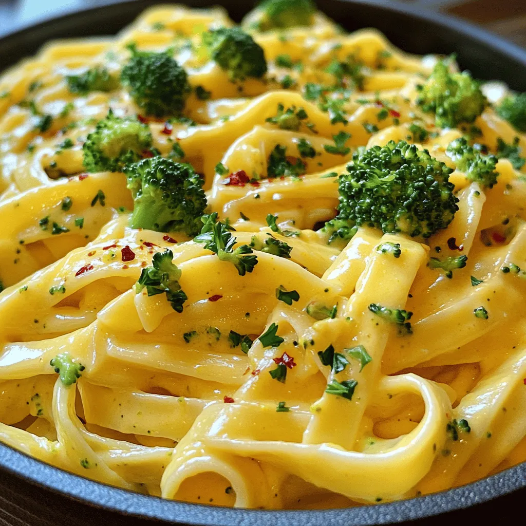 - 8 oz pasta (fettuccine or penne) - 2 cups broccoli florets - 1 cup sharp cheddar cheese, grated - 1/2 cup cream cheese, softened - 1 cup milk (or dairy alternative) - 2 tablespoons butter - 2 cloves garlic, minced - 1/2 teaspoon onion powder - Salt and pepper to taste - Optional: red pepper flakes, fresh parsley for garnish To make creamy broccoli cheddar pasta, you need a few key items. First, choose 8 ounces of your favorite pasta, like fettuccine or penne. Next, grab 2 cups of fresh broccoli florets. The cheese is very important! You will want 1 cup of sharp cheddar cheese, grated. For that creamy texture, you need 1/2 cup of softened cream cheese and 1 cup of milk or a dairy alternative. Now, let’s add some flavor. You will need 2 tablespoons of butter and 2 cloves of minced garlic. A little onion powder (1/2 teaspoon) will also enhance the flavor. Don’t forget salt and pepper to taste. If you like heat, a sprinkle of red pepper flakes is a great choice. Finally, fresh parsley adds a nice touch for garnish. These ingredients come together to create a rich, creamy dish that is both simple and delicious. Enjoy the process of cooking this delightful recipe! Start by boiling a large pot of salted water. Add 8 ounces of pasta and cook until it is al dente. This usually takes about 8-10 minutes. When the pasta is almost done, add 2 cups of broccoli florets to the pot. Let them cook for the last 2 minutes. This keeps the broccoli bright and crisp. Drain the pasta and broccoli together, and set them aside. In the same pot, melt 2 tablespoons of butter over medium heat. Add 2 minced garlic cloves and sauté them for about 1-2 minutes. You want the garlic to smell good but not burn. Then, lower the heat and mix in 1/2 cup of softened cream cheese. Stir until it begins to melt. Gradually whisk in 1 cup of milk until the sauce is smooth and creamy. This makes the sauce rich and tasty. Now, it's time to add flavor. Stir in 1/2 teaspoon of onion powder, salt, and pepper to taste. Slowly add 1 cup of grated sharp cheddar cheese, stirring until it melts into the sauce. For a spicy kick, toss in some red pepper flakes if you like. Finally, combine the drained pasta and broccoli with the creamy sauce. Toss everything together until well coated. Serve hot, garnished with fresh parsley for a nice touch. To avoid clumps in your cheese sauce, keep the heat low. When melting the cream cheese, stir it well. Gradually whisk in the milk, making sure it blends smoothly. If it gets too thick, add a splash of milk to loosen it. For a creamy consistency, use room temperature cream cheese. Cold cheese can make it harder to mix. Stir the cheese in slowly, allowing it to melt evenly. This helps create a rich, silky sauce that clings to your pasta. Different pasta types cook at different times. For fettuccine, it usually takes about 10-12 minutes. Penne may need around 12-14 minutes. Always check the package for exact times. Cooking broccoli alongside pasta is a smart move. It saves time and lets the broccoli absorb some pasta flavor. Plus, it keeps the broccoli bright green and tender-crisp. Present your dish creatively to impress. Add a sprinkle of fresh parsley on top for color. You can also serve with a dash of red pepper flakes for a kick. For side dishes, consider garlic bread or a light salad. These will balance the meal and add freshness. Enjoying your creamy broccoli cheddar pasta with these sides makes for a complete feast. {{image_2}} You can make this dish even better with more veggies. Try adding: - Carrots - Bell peppers - Spinach These veggies add color and taste. You can also swap in seasonal veggies. For example, in summer, add zucchini or cherry tomatoes. In fall, use squash or kale. This keeps the dish fresh and exciting! Want to add some protein? You can include: - Grilled chicken - Shrimp - Tofu These options make the meal heartier. If you add chicken or shrimp, cook them first. Then, mix them in when you combine the pasta and sauce. Adjust the cooking time to ensure everything is cooked through. This keeps your meal safe and tasty! Cheese can change the dish's flavor. Besides cheddar, you can try: - Mozzarella - Gouda - Parmesan Mixing cheeses adds depth. Use a blend for a unique taste. If you want a creamier texture, add more cream cheese. Experiment and find your perfect combo! Store your creamy pasta in an airtight container. This helps keep it fresh. It will last about 3 to 5 days in the fridge. Before serving, check for any changes in smell or texture. For freezing, let the pasta cool completely first. Place it in a freezer-safe container. This dish can last for up to 3 months in the freezer. When ready to eat, thaw it overnight in the fridge. Reheat on the stove over low heat, adding a splash of milk to keep it creamy. You can use leftover cheese in many ways. Try mixing it in scrambled eggs or using it in a cheese dip. Leftover cream cheese is great in baked goods like brownies or cookies. For broccoli, toss it in a salad or add it to a soup for extra flavor. Yes, you can use whole wheat or gluten-free pasta. Whole wheat pasta adds more fiber and a nutty taste. It cooks a bit longer, so check the package for timing. Gluten-free pasta varies, so follow the package instructions closely. Be careful not to overcook it, as it can get mushy. To make this dish vegan, use plant-based cheese and cream. Look for vegan cheddar cheese, which melts well. For cream cheese, try a nut-based option, like cashew cream cheese. You can also use coconut cream for a rich texture. These swaps keep the dish creamy and tasty without dairy. If you need a substitute for cream cheese, use Greek yogurt for tanginess. Silken tofu blended until smooth is another great option. For a richer taste, try sour cream or a nut-based spread. Each of these will keep the dish creamy and full of flavor. Yes, you can prepare this dish in advance. Cook the pasta and broccoli, then mix them with the sauce. Store everything in an airtight container in the fridge. When ready to eat, just reheat it on the stove. Add a splash of milk to keep it creamy while reheating. In this post, we covered a creamy pasta dish that features simple ingredients and easy steps. You learned how to cook pasta and broccoli together, make a delicious cheese sauce, and add your favorite proteins or vegetables. Don’t forget the tips for perfecting your sauce and garnishing your meal. With a bit of creativity, you can make this dish your own. Enjoy your cooking and the tasty results that come from it!