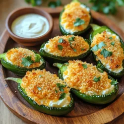 To make Air Fryer Crispy Jalapeño Poppers, gather these key items: - 10 fresh jalapeño peppers, halved and seeded - 1 cup cream cheese, softened - 1/2 cup sharp cheddar cheese, shredded - 1/4 cup Parmesan cheese, grated - 1/4 teaspoon garlic powder - 1/4 teaspoon onion powder - 1/4 teaspoon smoked paprika - Salt and pepper to taste - 1 cup panko breadcrumbs - Cooking spray These ingredients create a creamy and cheesy blend that pairs well with jalapeños. You can play with these ingredients for a twist: - Cooked bacon bits for a smoky flavor - Chopped green onions for extra crunch - Different cheese types like pepper jack for added heat - Fresh herbs like cilantro or parsley for a fresh touch These options help you customize your poppers to suit your taste. When choosing jalapeños, look for these signs of freshness: - Bright green color with a smooth skin - Firm texture without soft spots - A slight shine, which indicates moisture Fresh jalapeños will pack more flavor and add a nice kick to your poppers. Start with 10 fresh jalapeño peppers. Cut each one in half and remove the seeds. This step keeps the poppers from being too hot. Rinse them under cold water to clean. In a bowl, mix 1 cup of softened cream cheese, 1/2 cup of sharp cheddar, and 1/4 cup of grated Parmesan cheese. Add 1/4 teaspoon of garlic powder, onion powder, and smoked paprika. Season with salt and pepper to taste. Stir until smooth and creamy. Pour 1 cup of panko breadcrumbs into a shallow dish. Take each cheese-filled jalapeño half and press it into the breadcrumbs. Make sure to coat the top and sides well for extra crunch. Preheat your air fryer to 375°F (190°C). Place the coated jalapeños in the basket, keeping them in a single layer. Spray the tops lightly with cooking spray. Air fry for 10 to 12 minutes. You want them tender and golden brown. Once done, remove and let them cool a bit before serving. To get that perfect crispy bite, use panko breadcrumbs. They create a light and crunchy shell. You should coat each jalapeño half evenly. Press them down gently into the breadcrumbs. This helps them stick well. Don't forget to spray the tops with cooking spray. It adds extra crunch and golden color. Air fry them at 375°F for about 10-12 minutes. Keep an eye on them. You want the tops to turn a nice golden brown. The spice level is all about your tastes. If you like it hot, leave some seeds in the jalapeños. For a milder flavor, remove all the seeds and membranes. You can also use less jalapeño or mix in sweet peppers. If you want more heat, add hot sauce to the cheese mix. You can also sprinkle cayenne pepper on top before air frying. Adjusting spice is easy and fun! Soggy poppers are a real bummer. To avoid this, make sure the jalapeños are dry before filling them. After halving and seeding, pat them with a paper towel. The panko breadcrumbs need to be dry too. If they feel damp, they won't crisp up. Arrange the filled jalapeños in a single layer in the air fryer. Don't overcrowd them; this helps air circulate and keeps them crispy. {{image_2}} You can boost flavor by adding protein. Crispy bacon pieces make a great choice. Just cook the bacon before mixing it with the cheese. For chicken, use shredded cooked chicken. This makes the poppers heartier and adds a nice texture. Try different meats like sausage for a spicy kick. Cheese is key to flavor in jalapeño poppers. While I love cream cheese, you can switch it up. Try pepper jack for extra heat or gouda for a smoky taste. Mixing cheeses can create a rich flavor. Use mozzarella for a gooey texture. The cheese you choose can change the whole bite. If you want a meat-free option, there are many ways to go. You can skip the meat and focus on the cheese. Add in some black beans or corn for texture. You could also use quinoa mixed with spices for a fun twist. They will still be tasty and satisfying without meat. You might have leftovers after making air fryer crispy jalapeño poppers. To keep them fresh, let them cool completely. Then, place them in an airtight container. Store them in the fridge for up to three days. This keeps their flavor and texture as good as new. When you're ready to enjoy your leftover poppers, preheat your air fryer to 350°F (175°C). Place the jalapeño poppers in the basket in a single layer. Air fry them for about 5-6 minutes. This method brings back their crispiness and warms them perfectly. You can also use an oven if you prefer, but the air fryer works best. If you want to save some poppers for later, freezing is a great option. First, let them cool completely. Then, place them on a baking sheet in a single layer. Freeze them for about an hour until they are firm. After that, transfer them to a freezer-safe bag. They will stay fresh for up to three months. When you're ready to eat them, no need to thaw. Just air fry them directly from the freezer for about 10-12 minutes. You should air fry jalapeño poppers for about 10 to 12 minutes. Set your air fryer to 375°F (190°C). Keep checking them until they are tender and golden brown on top. This timing gives you that perfect crispiness. Yes, you can make jalapeño poppers ahead of time. Prepare them up to the point of air frying. Then, cover and store them in the fridge for up to a day. When you are ready, just pop them into the air fryer. They cook quickly, so you will have a tasty snack in no time. Jalapeño poppers taste great with several dipping sauces. I recommend ranch dressing, guacamole, or sour cream. These sauces balance the heat from the jalapeños and add creaminess. You can even try a spicy salsa for an extra kick! Yes, jalapeño poppers can be gluten-free. Just ensure your panko breadcrumbs are labeled gluten-free. Most cheeses and seasonings are gluten-free too. This makes them a tasty choice for anyone with gluten sensitivities. Enjoy your poppers without worry! You learned how to make delicious jalapeño poppers with fresh ingredients. We discussed steps like prepping jalapeños, making cheese filling, and air frying. I shared tips for perfect crispiness and adjusting spice levels. You can even try fun variations with proteins and different cheeses. Remember, properly storing leftovers and reheating helps maintain their taste. Enjoy trying these recipes and creating your own unique twists. Happy cooking!