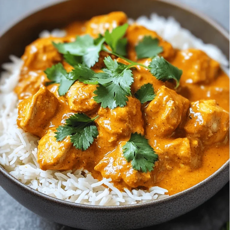 - 1.5 lbs boneless chicken thighs, cut into bite-sized pieces - 1 medium onion, finely chopped - 3 cloves garlic, minced - 1 tablespoon ginger, grated - 2 tablespoons curry powder - 1 tablespoon garam masala - 1 teaspoon ground cumin - 1 teaspoon ground coriander - 1 teaspoon turmeric - 1/2 teaspoon chili powder (adjust to taste) - 1 can (14 oz) crushed tomatoes - 1 cup coconut milk - Salt and pepper to taste - Fresh cilantro for garnish - Cooked basmati rice for serving For this recipe, I choose boneless chicken thighs. They cook well and stay tender. You can cut them into small pieces for easy eating. The onion, garlic, and ginger add a nice base flavor. They create a warm and inviting smell in your kitchen. The spices are key to this dish. I use curry powder and garam masala for a rich taste. Ground cumin and coriander bring warmth, while turmeric adds color. A touch of chili powder gives a little kick, but you can adjust it if you prefer less heat. Crushed tomatoes and coconut milk create a creamy sauce. They blend with the spices and chicken for a rich flavor. Don't forget salt and pepper; they help everything taste its best. For garnishes, fresh cilantro adds a burst of color and freshness. Serve the chicken tikka masala over warm basmati rice. This makes a complete, comforting meal that everyone will love. First, grab your slow cooker. In its bowl, add the chopped onion, minced garlic, and grated ginger. Sprinkle in the spices: curry powder, garam masala, cumin, coriander, turmeric, and chili powder. Stir everything until well mixed. This step builds the flavor base for your dish. Next, take the bite-sized chicken pieces. Add them to the slow cooker and season with salt and pepper. Toss the chicken in the spice mixture to coat it well. This ensures every piece of chicken gets a taste of those rich flavors. Now, pour the crushed tomatoes and coconut milk over the chicken. Make sure to distribute them evenly. This will create a creamy sauce that is key to your tikka masala. Cover the slow cooker. Set it on low for 6 to 8 hours or on high for 4 hours. The low setting offers more flavor, while the high setting is quicker. Either way, the chicken will become tender and flavorful. About 30 minutes before serving, check the consistency of the sauce. If it seems too thin, remove the lid. This helps it thicken up nicely. Before you serve, taste the dish. Adjust the salt and pepper as needed. This final touch makes a big difference. Serve your chicken tikka masala over cooked basmati rice, and don’t forget to garnish with fresh cilantro. Enjoy your flavorful comfort dish! When making Chicken Tikka Masala, I prefer boneless chicken thighs. They stay juicy and tender during cooking. Bone-in chicken can work too, but it may take longer to cook. Marinating the chicken can add more flavor. You can mix yogurt and spices like garam masala to marinate. Let it sit for at least 30 minutes or overnight for the best taste. Adjusting spice levels is key to making this dish your own. If you like it mild, use less chili powder. For more heat, add more chili powder or fresh peppers. You might also try adding new ingredients. Some people enjoy adding bell peppers or peas for a twist. You can even throw in a touch of lemon juice for brightness. To get the perfect texture, I recommend cooking on low for six to eight hours. This allows the chicken to soak up all the flavors. If you're in a hurry, the high setting works in about four hours. You’ll know the chicken is ready when it’s tender and easily shreds with a fork. A good sign is when the sauce thickens and the aroma fills your kitchen. {{image_2}} If you want a meat-free dish, swap chicken for tofu or chickpeas. Tofu absorbs flavors well and adds protein. Chickpeas give a nice texture and heartiness. For a creamy base, use almond milk or cashew cream instead of coconut milk. These alternatives keep the dish rich and tasty. For a seafood twist, try shrimp or fish. Shrimp cooks quickly, so add it in the last 30 minutes. Fish needs less time than chicken, so keep an eye on it. Use firm fish like cod or salmon. Adjust cooking times to avoid overcooking. To make it milder, reduce the chili powder and use sweet peppers. This makes it friendly for kids or those who prefer less heat. If you like it spicy, add more chili powder or fresh peppers. You can experiment with jalapeños or serrano peppers for an extra kick. To store leftovers safely, let the chicken tikka masala cool down first. Then, put it in an airtight container. Make sure the lid is tight to keep it fresh. You can store it in the fridge for up to four days. Label the container with the date, so you know when to use it. For freezing chicken tikka masala, use a freezer-safe container or a heavy-duty freezer bag. Leave some space at the top for the sauce to expand. This dish can stay good in the freezer for up to three months. When you want to eat it, thaw it in the fridge overnight. This slow thaw keeps the texture and taste intact. When it comes to reheating, you have a few options. You can use the oven or the microwave. For the oven, preheat it to 350°F (175°C). Place the dish in a safe pan and cover it with foil. Heat for about 20 minutes or until it's hot. If you prefer the microwave, use a microwave-safe bowl. Heat in short bursts of 1-2 minutes. Stir in between to ensure even warming. To keep the flavor and texture, add a splash of water or extra coconut milk before reheating. Enjoy your meal like it’s fresh! Cooking chicken tikka masala in a slow cooker takes about 6 to 8 hours on low. If you are short on time, you can cook it on high for about 4 hours. The low setting allows the flavors to mix well, while the high setting speeds up the process. Make sure the chicken is tender before you serve. Yes, you can use frozen chicken in this recipe. Just remember that cooking times may change. If you start with frozen chicken, it may take an extra hour on the low setting. Always ensure the chicken reaches a safe temperature of 165°F (75°C) before serving. This dish pairs well with several sides. Here are some great options: - Cooked basmati rice - Naan bread - A simple green salad - Cucumber raita These sides help balance the rich flavors of the chicken tikka masala and add freshness to your meal. Enjoy! This article covered the tasty Chicken Tikka Masala, from key ingredients to simple steps. We explored how to prepare it perfectly in your slow cooker. You learned tips for spicing and variations to fit your taste. Enjoying this dish can be a fun adventure in the kitchen. Make it yours by trying new proteins or tweaks. With the right methods, you'll have a meal that impresses every time.