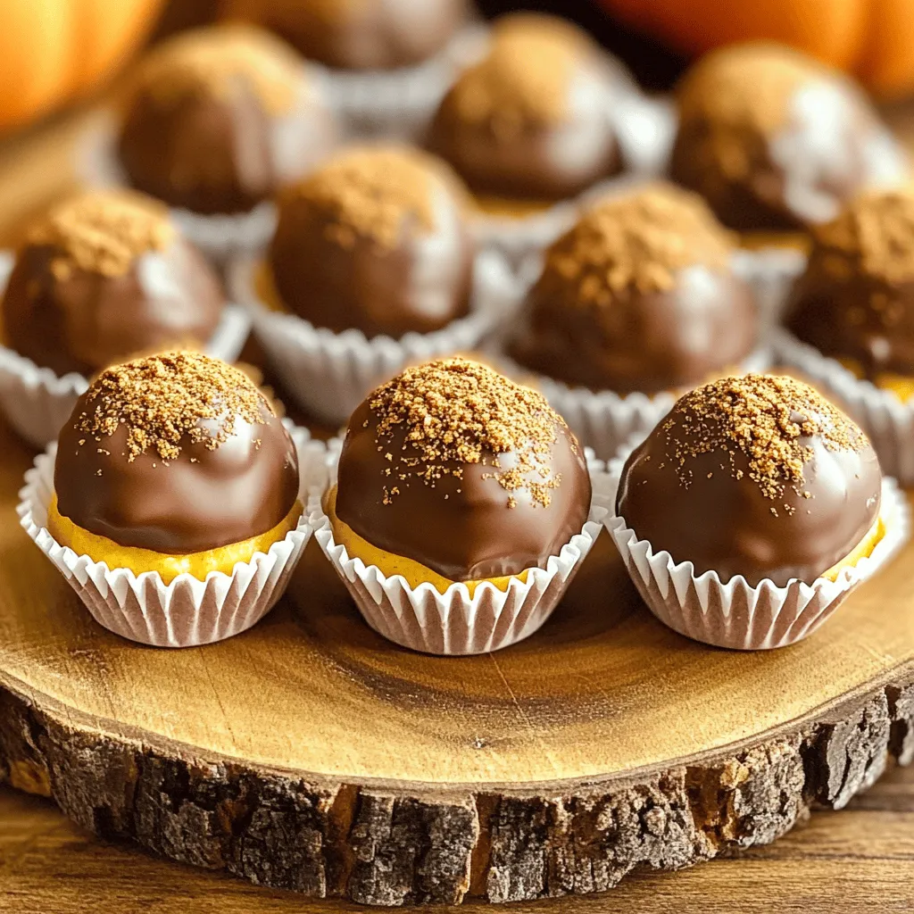 - 1 cup pumpkin puree - 8 oz cream cheese, softened - 1/2 cup powdered sugar - 1 teaspoon vanilla extract - 1 teaspoon pumpkin pie spice - 1 cup graham cracker crumbs - 1/2 cup chocolate chips (dark or white chocolate) - 1 tablespoon coconut oil (for melting chocolate) - Additional graham cracker crumbs for coating These ingredients make the truffles rich and tasty. The pumpkin puree gives a warm flavor. Cream cheese adds a creamy texture. Powdered sugar sweetens it all up. The vanilla extract and pumpkin pie spice bring out the fall vibes. Each bite bursts with flavor. The graham cracker crumbs create a crust-like feel. You can choose dark or white chocolate for a sweet touch. Adding coconut oil helps the chocolate melt smoothly. Use extra graham cracker crumbs for a nice finish. It makes each truffle look special. Gather these ingredients, and you’re ready to make a treat that everyone will love. In a mixing bowl, combine the softened cream cheese, pumpkin puree, powdered sugar, vanilla extract, and pumpkin pie spice. This mix gives the truffles their rich flavor. Use a hand mixer to blend everything until smooth and creamy. You want a thick, fluffy texture that feels light and airy. Next, add the graham cracker crumbs to the creamy mixture. Stir until the mix becomes thick and dough-like. This will help the truffles hold their shape. Use your hands to roll the mixture into small balls, about 1 inch in diameter. Place the rolled truffles on a parchment-lined baking sheet. This keeps them from sticking and makes cleanup easy. Now, it’s time to chill the truffles. Place them in the freezer for 30 minutes. This helps them firm up before coating. While they chill, melt the chocolate chips and coconut oil together in a microwave-safe bowl. Heat in 30-second intervals, stirring after each until smooth. Once the truffles are firm, remove them from the freezer. Dip each truffle into the melted chocolate using a fork. Make sure each one is coated evenly. Allow any excess chocolate to drip off. Then, return them to the parchment-lined tray. Before the chocolate sets, sprinkle the tops with additional graham cracker crumbs for a nice touch. Let the truffles sit at room temperature for a few minutes. Then, transfer them back to the fridge to firm up completely. To get the perfect dough-like consistency, start with softened cream cheese. Mix it well with pumpkin puree and powdered sugar. Use a hand mixer for a smooth blend. Gradually add the graham cracker crumbs. If it feels too wet, sprinkle in more crumbs. If it's too dry, add a touch of pumpkin puree. You want a thick mixture that holds its shape when rolled. To melt chocolate smoothly, use a microwave-safe bowl for the chocolate chips and coconut oil. Heat in short bursts of 30 seconds. Stir after each interval to avoid burning. If you see clumps, keep stirring until it’s smooth. This method helps you control the heat and gives you a shiny coat for your truffles. For a fun and festive look, serve your truffles in mini cupcake liners. This makes them easy to grab and adds a nice touch. To garnish, sprinkle a little pumpkin pie spice on top. You can also drizzle extra melted chocolate over the truffles for flair. Arrange them on a pretty platter for a beautiful display at your next gathering. {{image_2}} You can switch up the flavor of your pumpkin cheesecake truffles easily. Instead of vanilla extract, try using almond or maple extract. Both add a nice twist to the flavor. Just replace the vanilla with the extract of your choice, using the same amount. This small change can make a big difference in taste. You can even mix flavors, like pumpkin and almond, for a new experience! If you need to make these truffles gluten-free, use gluten-free graham crackers. They taste just as good and keep the texture right. For a dairy-free option, swap the cream cheese with a dairy-free cream cheese alternative. You can also replace the chocolate with dairy-free chocolate chips. These changes allow everyone to enjoy the truffles without worry. Get creative with the coatings for your truffles. Instead of just graham cracker crumbs, try crushed nuts, like pecans or walnuts. They add a nice crunch. You can also roll the truffles in cocoa powder for a richer taste. Dusting them with powdered sugar makes them look pretty too. Each option gives a unique flair, making these treats fun and exciting! To keep your pumpkin cheesecake truffles fresh, store them in the fridge. Place the truffles in an airtight container. If you want to keep them longer, freeze them. Use a freezer-safe container or a resealable bag. Make sure to separate layers with parchment paper. This prevents them from sticking together. When stored correctly, the truffles last about one week in the fridge. For the best taste, enjoy them within the first three days. If frozen, they can last up to three months. Just thaw them in the fridge before serving. This keeps their creamy texture intact. Making truffles ahead of time is smart for parties or holidays. You can prepare them a few days in advance. Just store them in the fridge or freezer until you need them. If you're serving at a big event, make sure to keep them chilled. This ensures they stay firm and tasty for your guests. Yes, you can use other cheeses. Mascarpone adds a creamy texture and a rich flavor. Ricotta can work too, but it may be grainy. For a tangy twist, consider goat cheese. Just remember to adjust the sweetness based on the cheese you choose. The truffles are set when they feel firm to the touch. They should not be soft or mushy. After chilling in the freezer, they should hold their shape well. If you press lightly, they should not indent easily. You can use leftover chocolate in many fun ways. Dip pretzels or fruits like strawberries and bananas. You can also drizzle it over popcorn for a sweet treat. Pour it into molds for chocolate bark or candy shapes. The options are endless! In this post, I covered how to make delicious pumpkin cheesecake truffles. You learned about the key ingredients, step-by-step instructions, and tips for the best results. These truffles are easy to customize and perfect for any occasion. Remember to store them properly to keep them fresh. Enjoy making these treats, and have fun experimenting with flavors and coatings. Your friends and family will love them!