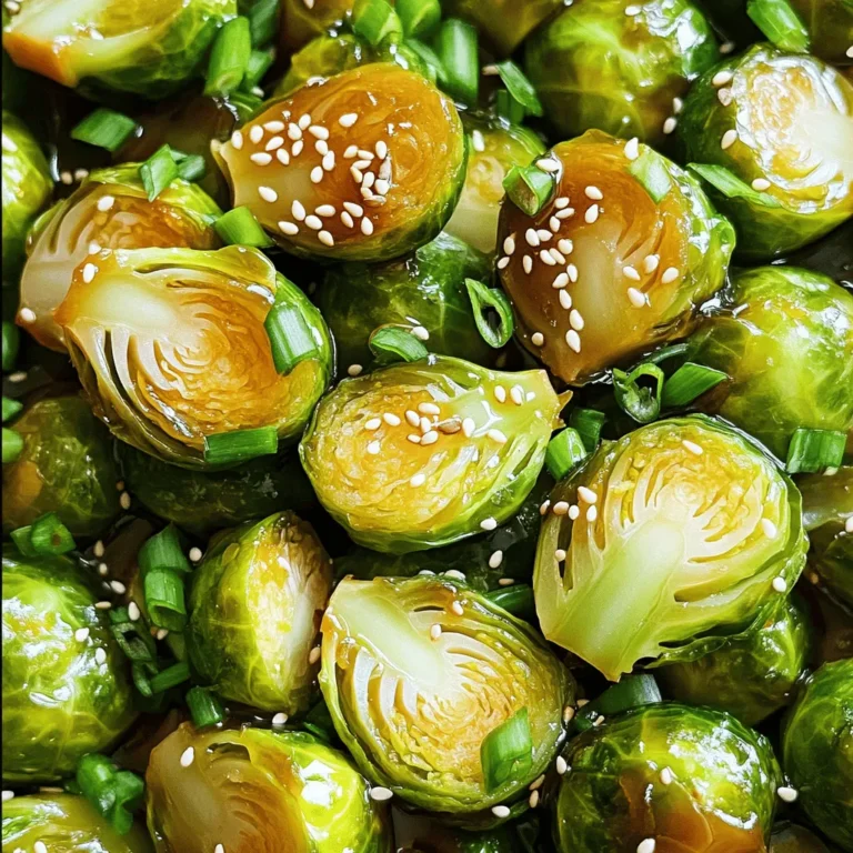 To make Maple Soy Glazed Brussels Sprouts, you will need: - 1 lb Brussels sprouts, trimmed and halved - 3 tablespoons maple syrup - 2 tablespoons soy sauce (or tamari for gluten-free) - 1 tablespoon olive oil - 2 cloves garlic, minced - 1 teaspoon ginger, grated - 1/4 teaspoon red pepper flakes (optional for heat) - Salt and pepper to taste - Sesame seeds for garnish - Chopped green onions for garnish These ingredients come together to create a sweet and savory glaze. The maple syrup adds a rich sweetness, while the soy sauce brings a salty depth. If you need to make substitutions, here are some ideas: - Use tamari instead of soy sauce for a gluten-free option. - Swap olive oil with avocado oil for a different flavor. - If you don’t have fresh ginger, ground ginger can work in a pinch. - You can replace Brussels sprouts with green beans or broccoli if you prefer. These swaps will still give you a tasty dish while catering to your needs. Garnishes can elevate your dish. Consider these options: - Sesame seeds add a nice crunch and nutty flavor. - Chopped green onions bring a fresh taste and color. - A sprinkle of crushed nuts can add extra texture. - You might also drizzle a bit of extra maple syrup for a sweeter finish. Using garnishes not only makes the dish look beautiful but also enhances the overall taste. To start, grab one pound of fresh Brussels sprouts. Trim the tough ends and remove any yellow leaves. Then, cut each sprout in half. This helps them cook evenly and soak up the glaze. In a large bowl, mix three tablespoons of maple syrup and two tablespoons of soy sauce. Add one tablespoon of olive oil for richness. Then, mince two cloves of garlic and grate one teaspoon of ginger into the bowl. If you want some heat, toss in a quarter teaspoon of red pepper flakes. Whisk everything together until it combines well. Preheat your oven to 425°F (220°C). Once preheated, add the halved Brussels sprouts to the bowl with the glaze. Toss them until they are fully coated. Line a baking sheet with parchment paper for easy cleanup. Spread the sprouts in a single layer on the sheet. Roast them for about 20-25 minutes. Stir them halfway through to ensure even cooking. They should be caramelized and tender when done. After roasting, season with extra salt and pepper if needed. Finally, transfer the sprouts to a serving dish. Top with sesame seeds and chopped green onions for a nice finish. To get that perfect caramelization, choose fresh Brussels sprouts. Trim and halve them for even cooking. The high heat from the oven helps create that sweet, crispy outer layer. Make sure to spread them out on the baking sheet. Give them space so they roast, not steam. Stir halfway through to ensure even browning. Taste is key! After roasting, sprinkle salt and pepper to enhance the flavor. If you like it spicier, add more red pepper flakes. You can also adjust the maple syrup and soy sauce to your liking. A little more syrup makes it sweeter, while more soy adds saltiness. You can prep Brussels sprouts a day in advance. Just trim and halve them, then store in the fridge. Make the glaze and keep it in a jar. When you're ready to cook, toss them together and roast. This saves time and makes meal prep easy. {{image_2}} You can make Maple Soy Glazed Brussels sprouts even better by adding protein. Bacon gives a nice crunch and a smoky taste. Cook the bacon first, then toss in the Brussels sprouts with the glaze. If you want a plant-based option, use tofu. Cube firm tofu and roast it along with the Brussels sprouts. This adds a hearty touch while keeping the dish light. Feel free to mix in other veggies. Carrots or sweet potatoes can work well. Chop them into small pieces so they cook evenly. You can use cauliflower or broccoli for more color and flavor. Just adjust the roasting time based on the veggies you add. To boost the flavor, add some zest. Lemon or orange zest brightens the dish. Just sprinkle it on before serving. You can also add nuts like almonds or walnuts for crunch. Toast them lightly to enhance their flavor. This gives the dish a nice texture and extra taste. After enjoying your Maple Soy Glazed Brussels Sprouts, let them cool. Place leftovers in an airtight container. Store them in the fridge for up to three days. This way, they stay fresh and tasty. When you want to eat your leftovers, preheat your oven to 350°F (175°C). Spread the Brussels sprouts on a baking sheet. Heat them for about 10-15 minutes. This keeps them crisp and warm. You can also use a microwave. Just place them in a safe bowl and heat them for 1-2 minutes. Stir halfway for even warming. If you want to save Brussels sprouts for later, freezing is a great option. First, let them cool completely. Then, place them in a freezer-safe bag. Try to remove as much air as possible. Write the date on the bag. You can freeze them for up to three months. When you are ready to eat, thaw them in the fridge overnight before reheating. Yes, you can! To make this dish vegan, simply use tamari instead of soy sauce. Tamari is a gluten-free soy sauce that works well. Ensure that your maple syrup is pure and vegan. This keeps all the flavors intact while making it plant-based. Maple soy glazed Brussels sprouts pair well with many dishes. You can serve them with grilled chicken, fish, or tofu for a balanced meal. They also complement rice or quinoa nicely. Try them alongside roasted meats or as part of a veggie platter. To reduce bitterness, trim the ends and remove any yellow leaves. Cooking them longer helps, too. Roasting brings out their natural sweetness. The maple syrup in this recipe also adds a sweet touch. Another tip is to soak them in water with a bit of salt for a few minutes before cooking. This post covered how to make Maple Soy Glazed Brussels Sprouts. We detailed the ingredients and offered substitutes. I provided step-by-step instructions on prepping, making the glaze, and roasting. You learned tips for perfect caramelization and seasoning. We explored variations with proteins and other veggies. Finally, I shared storage tips to keep your sprouts fresh. Enjoy this dish as a tasty side or a meal. Your kitchen will smell great, and your taste buds will thank you.