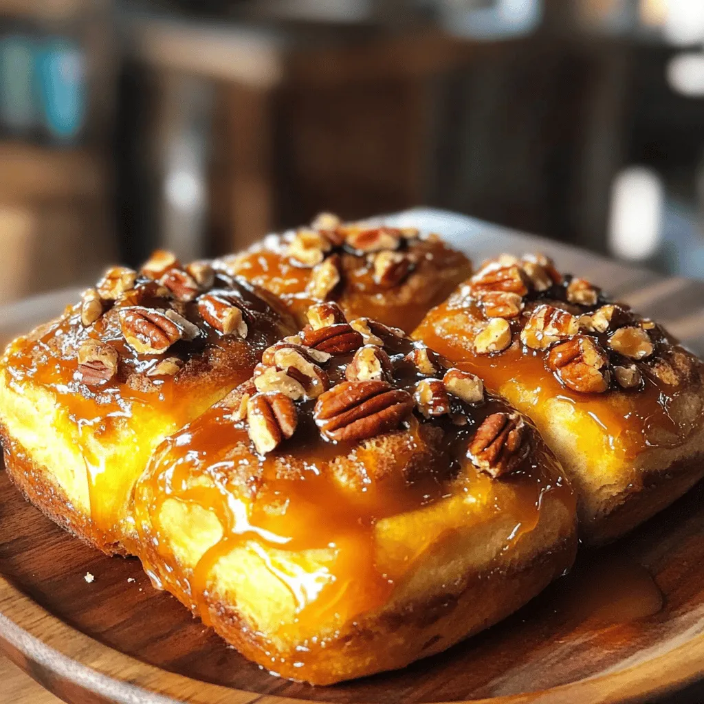 Gather these simple ingredients to make your caramel pecan sticky buns. Each one plays a key role in the flavor and texture of this treat. - 2 cups all-purpose flour - 1/2 cup whole milk, warmed - 1/4 cup granulated sugar - 1 packet (2 1/4 teaspoons) active dry yeast - 1/4 cup unsalted butter, melted - 1 large egg - 1/2 teaspoon salt - 1/2 teaspoon ground cinnamon - 1/2 cup pecans, chopped - 1/2 cup brown sugar - 1/4 cup corn syrup - 1/4 cup unsalted butter (for caramel) - 1 teaspoon vanilla extract These ingredients combine to create soft, fluffy buns with a rich caramel topping. The pecans add crunch and nutty flavor. You can easily find these items at your local grocery store. Make sure to use fresh yeast for the best rise. This will help your buns turn out light and fluffy. Each ingredient matters in making these sticky buns truly irresistible. To start, mix 1/2 cup of warmed milk with 1/4 cup of sugar in a small bowl. This step wakes up the yeast. Next, sprinkle 1 packet of active dry yeast on top of the mixture. Wait about 5 to 10 minutes. You will see froth forming. That froth means the yeast is active and ready to use. In a large bowl, combine 2 cups of all-purpose flour, 1/4 cup of melted butter, 1 large egg, 1/2 teaspoon of salt, and 1/2 teaspoon of ground cinnamon. Pour in the frothy yeast mixture. Mix it all together until a dough forms. Knead the dough on a floured surface for about 5 minutes. Your goal is a smooth and soft dough. Place the kneaded dough in a greased bowl. Cover it with a kitchen towel. Let it rise in a warm place for about 1 hour. The dough should double in size. While it rises, prepare the caramel mixture. In a small saucepan, combine 1/2 cup of brown sugar, 1/4 cup of corn syrup, and 1/4 cup of unsalted butter. Cook over medium heat until the butter melts and the mixture bubbles. Stir in 1 teaspoon of vanilla extract, then remove it from the heat. Once your dough has risen, roll it out on a floured surface. Aim for a rectangle about 1/4 inch thick. Sprinkle 1/2 cup of chopped pecans evenly over the dough. Then, spread the caramel mixture over the rolled dough. Make sure you cover it well for that sticky goodness. Now, starting from one long edge, tightly roll the dough into a log. Once rolled, slice the log into 1-inch thick pieces. Place these pieces cut-side up in a greased baking dish. This will help them rise and form those beautiful buns. Cover the baking dish with a towel again. Let the buns rise for another 30 minutes. While they rise, preheat your oven to 350°F (175°C). After the second rise, bake the buns for 20 to 25 minutes. They should be golden brown and smell amazing. You can check for doneness by gently pressing the tops; they should spring back. Kneading is key for smooth, fluffy dough. Use a floured surface and your palms. Push, fold, and turn the dough for about five minutes. Aim for a soft, elastic feel. If the dough is too sticky, add a little flour. For the best rise, find a warm spot. A turned-off oven with the light on works great. You can also use a sunny window. The heat helps the dough grow nice and big. To get the right caramel consistency, cook over medium heat. Watch for bubbles and stir often. The mixture should be thick but pourable. If it’s too thin, cook a little longer. You can substitute brown sugar with coconut sugar for a different flavor. If you want a dairy-free option, use coconut oil instead of butter. The taste may change slightly, but it will still be delicious. These sticky buns shine with a hot cup of coffee or tea. The warm flavors blend perfectly. You can also serve with fresh fruit for a nice touch. For garnish, sprinkle extra chopped pecans on top. A light drizzle of caramel sauce adds a sweet finish. Arrange the buns on a pretty plate for a lovely presentation. {{image_2}} You can easily make these sticky buns nut-free. Just swap the pecans for seeds. Try pumpkin seeds or sunflower seeds. They add crunch and flavor. You won't miss the nuts at all. This option fits those with nut allergies. Want to try new flavors? You can add chocolate chips to the dough. They melt and mix well with the caramel. Dried fruit like raisins or cranberries also works. These add a nice chew and sweetness. Experiment with your favorites for a unique twist. You can make these sticky buns vegan, too. Replace the butter with coconut oil or vegan butter. Use flax eggs instead of a real egg. Mix one tablespoon of ground flax with three tablespoons of water. Let it sit for a few minutes to thicken. This keeps the buns moist and tasty. To keep your caramel pecan sticky buns fresh, store them in the refrigerator. Place them in an airtight container or wrap them tightly in plastic wrap. This helps to maintain their soft texture. They can last in the fridge for up to five days. If you want to enjoy them warm, just reheat them before serving. Freezing these sticky buns is easy and great for later enjoyment. First, let the buns cool completely. Then, place them in a single layer on a baking sheet. Freeze them for about one hour. After they are frozen, transfer them to a freezer-safe bag. They will stay fresh for up to three months. To reheat, take the desired number of buns out of the freezer. Allow them to thaw overnight in the fridge. You can warm them in the oven at 350°F for about 10-15 minutes. This method keeps them soft and delicious. For the best taste and texture, always reheat your sticky buns. Use the oven for the best results. Preheat it to 350°F. Place the buns on a baking sheet and cover them with foil. This prevents them from drying out. Heat for about 10-15 minutes. If you prefer the microwave, heat for 15-20 seconds. But remember, the oven gives a better result. Enjoy your gooey, caramel goodness! Yes, you can prepare them ahead of time. Make the dough and let it rise. Then, shape the buns but do not bake them. Cover the dish with plastic wrap and place it in the fridge overnight. In the morning, let them rise for about 30 minutes. After that, you can bake them as usual. This way, you get fresh sticky buns with less work in the morning. If you need a substitute for active dry yeast, you have options. You can use instant yeast, which works well. Use the same amount as active dry yeast. You can also use fresh yeast; for each packet, use about 0.6 ounces. Remember to adjust the liquid in the recipe if you use fresh yeast, as it contains moisture. To check if the sticky buns are done, look for a golden brown color on top. The edges should be firm, and the center should feel set when you touch it. You can also use a toothpick; if it comes out clean, your sticky buns are ready. Enjoy the lovely aroma while they bake! Making caramel pecan sticky buns is simple and fun. We reviewed the key steps, from activating the yeast to baking the buns. I shared tips to perfect your dough and suggestions for serving. Don’t shy away from experimenting with flavors, whether you choose nuts or chocolate. Remember to store and reheat them properly to keep your sticky buns fresh. Enjoy your delicious creation with friends or family!
