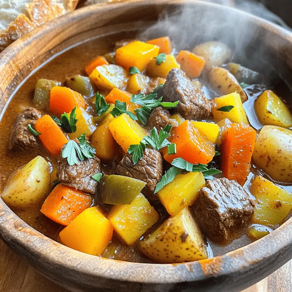- 2 lbs beef chuck, cut into 1-inch cubes - 2 tablespoons olive oil - 1 onion, diced - 3 garlic cloves, minced - 3 carrots, sliced - 2 celery stalks, chopped - 1 bell pepper, diced - 4 cups beef broth - 2 tablespoons tomato paste - 1 tablespoon Worcestershire sauce - 1 teaspoon dried thyme - 1 teaspoon smoked paprika - 1 bay leaf - Salt and pepper to taste - 2 cups potatoes, cubed - Optional: Fresh parsley for garnish - Instant Pot or pressure cooker - Cutting board - Sharp knife - Measuring spoons and cups - Ladle for serving For this beef stew, you need fresh ingredients. The beef chuck makes it tender and juicy. The veggies add flavor and color. You’ll want to use an Instant Pot for the best results. Make sure to have all your tools ready. A sharp knife helps cut the beef and veggies easily. The cutting board keeps your kitchen tidy. Measuring spoons and cups help you get the right amounts. You can also add fresh parsley later. It gives a nice touch and taste. This recipe is simple and uses common items. Gather everything before you start cooking. Having all your ingredients ready makes the process smoother and more enjoyable. First, turn your Instant Pot to sauté mode. Once it’s hot, add 2 tablespoons of olive oil. Toss in 1 diced onion and cook for about 2-3 minutes. You want the onion to become soft and clear. Next, add 3 minced garlic cloves, 3 sliced carrots, 2 chopped celery stalks, and 1 diced bell pepper. Sauté everything together for another 2-3 minutes. This step builds a great base for your stew. Now, it's time to brown the beef. Add 2 pounds of beef chuck, cut into 1-inch cubes, into the pot. Stir it well to mix with the veggies. Season with salt, pepper, 1 teaspoon of dried thyme, and 1 teaspoon of smoked paprika. Brown the beef for about 4-5 minutes. Make sure to stir often to get an even cook. This step adds rich flavor to your stew. After the beef is browned, mix in 2 tablespoons of tomato paste and 1 tablespoon of Worcestershire sauce. Pour in 4 cups of beef broth, scraping up any tasty bits from the bottom. These bits add depth to your stew. Now, add 2 cups of cubed potatoes and 1 bay leaf. Stir everything well to combine. Close the lid of the Instant Pot and ensure the valve is sealed. Select the manual setting and set the timer to 35 minutes at high pressure. This cooking time will make the beef tender and full of flavor. Once the cooking is done, let the pressure release naturally for about 10 minutes. This step helps the flavors meld. After that, carefully turn the valve to release any remaining pressure. Be cautious of the steam. Open the Instant Pot and give the stew a good stir. Taste it and adjust the seasoning if needed. Don't forget to remove the bay leaf before serving. Ladle the stew into bowls and garnish with chopped fresh parsley if you like. Serve it with crusty bread on the side for a perfect meal. - Using fresh herbs versus dried: Fresh herbs add brightness. They can enhance the taste of your stew. Use about three times more fresh herbs than dried. For example, if a recipe calls for one teaspoon of dried thyme, use three teaspoons of fresh thyme. Always add fresh herbs at the end for the best flavor. - Tips for browning meat properly: Browning meat creates flavor. To brown beef well, heat the pot first. Add oil and let it get hot. Place the beef in a single layer without crowding. This helps create a nice crust. Let it cook without moving it for a few minutes. Flip it once to brown all sides. - Overcrowding the Instant Pot: Avoid adding too much meat at once. This can lead to steaming rather than browning. If you have more meat, brown it in batches. This ensures each piece gets that perfect sear and flavor. - Not scraping the bottom of the pot: After browning, always scrape the bottom of the pot. This removes flavorful bits stuck to the bottom. These bits add depth to your stew. If you skip this step, your stew may lack flavor. - Techniques to thicken the stew if too watery: If your stew is too thin, don’t worry. You can thicken it easily. One method is to mash some of the potatoes. They will add creaminess and body to the stew. You can also let it simmer longer with the lid off. This helps evaporate excess liquid. - Adding cornstarch or flour slurry: If you need a quick fix, use a slurry. Mix equal parts cornstarch and cold water. Add this mixture to the stew while stirring. Let it simmer for a few minutes. This will thicken your stew quickly without changing the taste. {{image_2}} You can switch out beef for chicken or turkey in this stew. Both meats cook well and absorb flavors nicely. Use about the same amount, two pounds. Cut the chicken or turkey into bite-sized pieces. This change makes the stew lighter and still tasty. If you want to go meatless, mushrooms are a great choice. They add a hearty texture and rich flavor. Use about 2 cups of sliced mushrooms. Portobello or cremini mushrooms work best. Sauté them first to enhance their taste before adding them to the stew. Feel free to get creative with vegetables! You can add seasonal veggies like zucchini, green beans, or peas. These can add bright color and nutrients. Just chop them into small pieces so they cook evenly. You can also reduce starchy ingredients like potatoes. Instead, increase greens, such as spinach or kale. These greens will add a fresh taste and boost the healthy factor of your stew. Want to add some heat? Toss in a few chopped chilies. Jalapeños or serrano peppers work well, depending on your heat level preference. Start with one and taste as you go. For a smoky flavor, you can mix in a bit of smoked paprika. This spice already adds a nice touch, but you can enhance it with a dash of liquid smoke. Just a small amount will give your stew that depth you crave. To keep your beef stew fresh, follow these guidelines. First, let the stew cool down to room temperature. Then, transfer it to airtight containers or mason jars. Airtight containers prevent air from spoiling your stew. Mason jars are great too, but ensure they are sealed tightly. Label your containers with the date to track freshness. If you plan to freeze beef stew, use freezer-safe containers. Leave some space at the top for expansion. Stew can freeze well for up to three months. When you’re ready to eat it, thaw overnight in the fridge. Reheat on the stove or in the microwave until hot. Stir occasionally to heat evenly. Refrigerated beef stew lasts about three to four days. If you freeze it, it can last up to three months. Check for signs of spoilage before eating. Look for off smells or changes in texture. If it smells sour or looks discolored, it’s best to toss it. Yes, you can make beef stew in advance. It tastes even better the next day! You can refrigerate it for up to three days. Just store it in an airtight container. This makes meal prep easy. When you're ready to eat, simply reheat it on the stove or in the microwave. To thicken your stew, you have a few great options. One way is to mix cornstarch with a bit of water to create a slurry. Stir this into your stew while it simmers. Another method is to mash some of the potatoes in the stew. This adds creaminess without changing the flavor. Absolutely! If you don’t have beef broth, you can use chicken broth or vegetable broth. Both will add great flavor to your stew. Just make sure to taste it as you go. You might need to adjust the seasoning. This blog post covered how to make a tasty beef stew in an Instant Pot. You learned about the key ingredients, tools, and straightforward steps. I explained tips to enhance flavor and how to avoid common mistakes. You can also try various proteins and vegetables to make it your own. Ultimately, making beef stew is easy and rewarding. Enjoy this warm dish with family and friends. It’s perfect for sharing and brings comfort to any meal. Happy cooking!