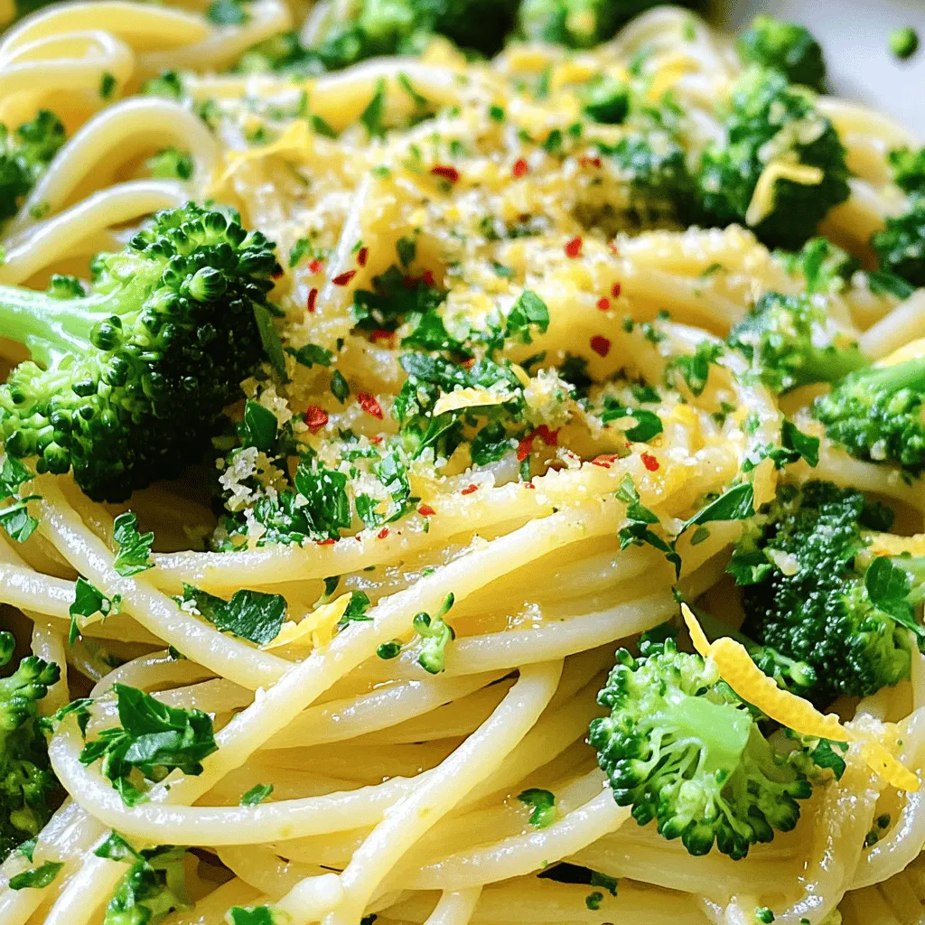 - 8 oz spaghetti - 2 cups broccoli florets - 4 cloves garlic, thinly sliced When I make Easy Broccoli Garlic Pasta, I always start with the main ingredients. Spaghetti is the base of this dish. I use about 8 ounces to serve two to three people. Broccoli florets add color and a healthy crunch. You need two cups to balance the pasta. Garlic is the star here; four cloves give a great flavor. - 3 tablespoons olive oil - 1 teaspoon red pepper flakes (optional) - Zest of 1 lemon - 2 tablespoons lemon juice Next, I add additional ingredients for more depth. Olive oil is a must; I use three tablespoons to sauté the garlic. If you like a bit of spice, add red pepper flakes. Just one teaspoon works well. Lemon zest and juice brighten the dish. The zest of one lemon and two tablespoons of juice make it fresh and tangy. - ¼ cup grated Parmesan cheese (optional) - Fresh parsley, chopped (for garnish) - Salt and pepper to taste Lastly, I suggest some optional additions. Grated Parmesan cheese adds creaminess; a quarter cup is just right. Fresh parsley gives a nice pop of color. You can chop a bit for garnish. Don’t forget salt and pepper. They enhance all the flavors, so add them to taste. - Boiling the water: Start by filling a large pot with water. Add a generous pinch of salt. Place the pot on high heat. Bring the water to a rolling boil. This step is key for flavor. - Cooking spaghetti and blanching broccoli: Once the water boils, add 8 oz of spaghetti. Cook it according to the package instructions until it is al dente. About 2 minutes before the pasta is ready, add 2 cups of broccoli florets to the pot. This will blanch the broccoli and keep it bright green. When done, drain both the pasta and broccoli, but save about ½ cup of the pasta water. - Heating the olive oil: In the same pot, reduce the heat to medium. Add 3 tablespoons of olive oil. Let it heat up for a minute or so. - Adding and sautéing garlic: Next, add 4 cloves of thinly sliced garlic. Sauté the garlic for 1-2 minutes. Watch closely! You want it fragrant and golden, not burnt. This step adds a deep flavor to your dish. - Tossing spaghetti and broccoli with garlic oil: Return the drained spaghetti and broccoli to the pot. Toss them gently with the garlic oil. This mixes the flavors well. - Incorporating flavorings and adjusting consistency: Now, stir in 1 teaspoon of red pepper flakes, the zest of 1 lemon, and 2 tablespoons of lemon juice. If the pasta looks dry, add some reserved pasta water gradually. Mix until you achieve your desired consistency. Season with salt and pepper to taste for extra flavor. To make the pasta just right, cook it until it is al dente. This means the pasta should be firm but not hard. You want a nice bite! Follow the package time, but check it a minute early. About two minutes before the pasta is done, toss in the broccoli florets. This blanches them, giving you perfect, bright green pieces. After cooking, drain the pasta and broccoli but keep about half a cup of that starchy pasta water. The water helps make the sauce creamy later. Garlic is key to this dish. If you love garlic, feel free to add more cloves. For a twist, add lemon zest and lemon juice. These ingredients brighten the flavor. If you like a kick, throw in some red pepper flakes. Start with a little and add more if you want more heat. Taste as you go! Salt and pepper also help bring out all the flavors. When serving, consider topping your pasta with grated Parmesan cheese. It adds creaminess and richness. For color and extra flavor, finish with some chopped fresh parsley. This dish pairs well with a side salad or garlic bread. You can also serve it with grilled chicken or shrimp for a protein boost. Enjoy your meal with a glass of white wine for a complete dinner experience! {{image_2}} You can add protein to make this dish heartier. Chicken or shrimp pairs well with the garlic and lemon flavors. Simply cook the chicken in the olive oil before adding garlic. For shrimp, add them after the garlic is golden. Both options cook quickly and taste great. If you prefer vegetarian protein, try chickpeas or white beans. They add good texture and protein. Just toss them in with the pasta and broccoli. Tofu is another good choice, especially if you sauté it first for extra flavor. You can use different pasta shapes for this recipe. Penne, fusilli, or even gluten-free options work well. They all hold the sauce nicely. Whole wheat spaghetti is a healthy choice, adding fiber to your meal. Regular spaghetti is fine too, but whole grain offers extra nutrients. If you want a gluten-free option, look for gluten-free spaghetti made from rice or lentils. They cook differently, so check the package for timing. You can change the flavor with herbs and spices. Try adding fresh basil or thyme for a fresh taste. Oregano also works if you prefer a bolder flavor. Adjust the spice level by adding more or less red pepper flakes. If you like it spicy, add more. For a milder flavor, use less. You can also add a pinch of black pepper for extra warmth. Experimenting with flavors makes this dish fun and unique! To store leftovers, let the pasta cool down first. Use an airtight container. This keeps it fresh. I recommend eating it within 3 days for best taste and quality. If you want to add some moisture, drizzle a bit of olive oil on top before sealing the container. To freeze this dish, pack it tightly in a freezer-safe container. You can also use freezer bags. Make sure to remove as much air as possible. This helps prevent freezer burn. You can freeze it for up to 3 months. When you're ready to eat, simply thaw it overnight in the fridge. The best way to reheat this pasta is on the stove. Add a splash of water or olive oil to the pan. Heat it over low to medium heat. Stir often to keep it from sticking. If it looks dry, add a bit more water. For a quick fix, you can use the microwave. Just add a little water and cover it. This helps keep it moist. This dish is quick and simple. You can prepare it in just 20 minutes. The prep time is about 10 minutes. Cooking the pasta takes around 10 minutes. It is a perfect choice for a busy night. Yes, you can use frozen broccoli. Frozen broccoli is convenient and saves time. However, it may not have the same crispness as fresh broccoli. Fresh broccoli is vibrant and has a better texture. If you use frozen, thaw it first and drain excess water. If you want to skip garlic, try shallots or onion. These options give a nice flavor. You can also use garlic powder, but use less than fresh garlic. This keeps the taste balanced. Experiment with these substitutes based on your preference. This dish can be made vegan-friendly. Simply leave out the Parmesan cheese. You can use nutritional yeast for a cheesy flavor. Also, check your pasta to ensure it is egg-free. With these small changes, you can enjoy a delicious vegan meal. This blog post covered how to make a tasty spaghetti dish with broccoli and garlic. We discussed the key ingredients needed, the steps to cook, and helpful tips for great flavor. You learned about add-ins, options for proteins, and ways to store leftovers. In the end, cooking simple meals can be fun and rewarding. Enjoy the process, and feel free to customize it to fit your taste!