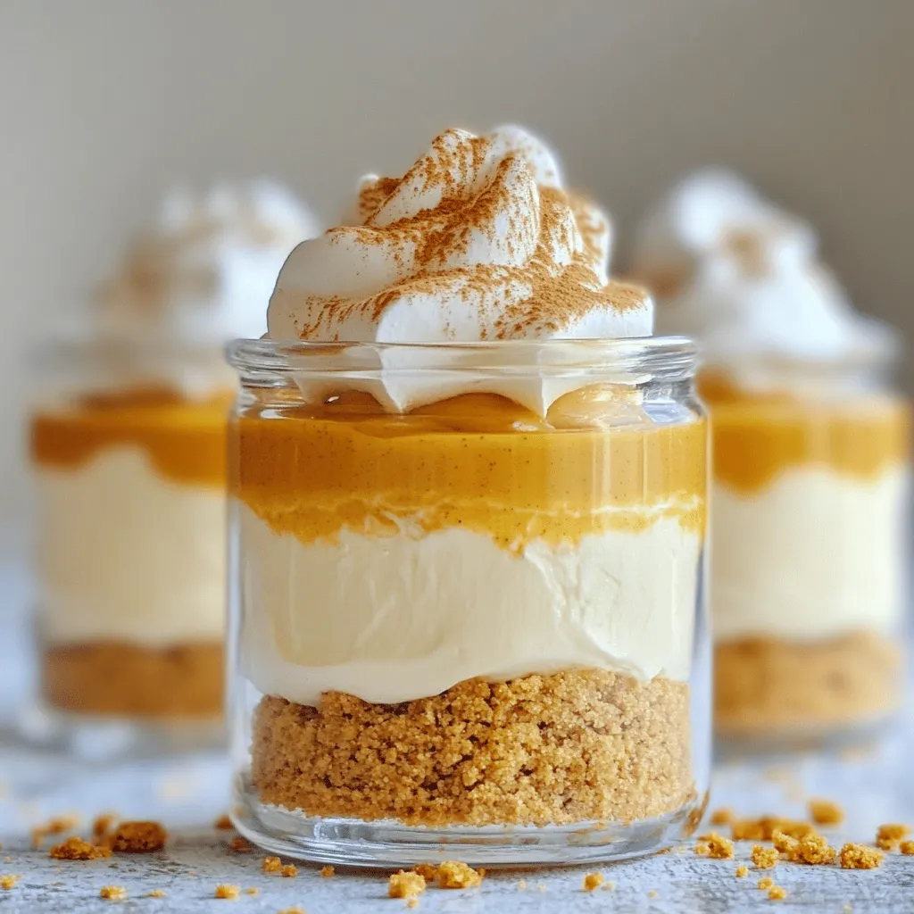 To make these No-Bake Pumpkin Spice Cheesecake Cups, you need: - 1 cup cream cheese, softened - 1/2 cup canned pumpkin puree - 1/2 cup powdered sugar - 1 teaspoon vanilla extract - 1 teaspoon pumpkin pie spice - 1/2 cup heavy whipping cream These main ingredients work together to create a rich and creamy filling. Cream cheese gives a nice texture and flavor. Canned pumpkin adds that warm, fall taste. Powdered sugar sweetens the mix without being gritty. Vanilla extract offers a hint of warmth. Pumpkin pie spice brings that cozy seasonal flavor. For the crust, gather: - 1 cup crushed graham crackers - 1/4 cup melted butter The crushed graham crackers form a crunchy base. Mixing them with melted butter helps the crumbs stick together. This creates the perfect contrast to the smooth cheesecake filling. You might want to add some finishing touches: - Whipped cream - Pumpkin pie spice Whipped cream gives a fun, fluffy element. A sprinkle of pumpkin pie spice on top adds a nice visual and flavor boost. These garnishes make your cheesecake cups even more delightful. First, get a large mixing bowl. Add the softened cream cheese and pumpkin puree. Next, sprinkle in the powdered sugar, vanilla extract, and pumpkin pie spice. Beat this mixture with an electric mixer until it turns smooth and creamy. This is the base of your cheesecake. Now, take a separate bowl. Pour in the heavy whipping cream. Beat it with your mixer until stiff peaks form. This means it should hold its shape well. Gently fold this whipped cream into the pumpkin cream cheese mixture. You want to combine them without losing air. This keeps the texture light and fluffy. Grab another bowl and mix the crushed graham crackers with melted butter. Make sure the crumbs are well coated. Now, it’s time to layer your cheesecake cups. Start with a layer of the graham cracker mixture at the bottom of each cup. Then, add a layer of the pumpkin cheesecake filling. Repeat these layers until the cups are full. Finish with a cheesecake layer on top. Lastly, refrigerate the cups for at least 2 hours. This helps them set before you serve. When you’re ready to enjoy, top with a dollop of whipped cream and a sprinkle of pumpkin pie spice for a nice touch. To whip cream well, start with cold heavy cream. Use a clean bowl and beaters. Whip the cream on medium speed. Watch for stiff peaks to form, which means it’s ready. This takes about 2 to 5 minutes. Don't overwhip or it will turn grainy. Softened cream cheese is key for a smooth texture. Take it out of the fridge 30 minutes before use. This helps it mix easily. If it’s too cold, you’ll have lumps in your mix. Use an electric mixer to blend it well with the other ingredients. For a pretty presentation, serve in clear cups or jars. This lets the layers shine. Top each cup with whipped cream and a sprinkle of pumpkin pie spice. You can also add a slice of caramel or chocolate drizzle. Pair these cups with a warm drink, like spiced cider or coffee. {{image_2}} You can easily change the flavor of your no-bake pumpkin spice cheesecake cups. Try adding chocolate or caramel for a rich twist. Mixing in chocolate chips gives a fun surprise in each bite. Drizzling caramel on top adds sweetness and a nice look. You can also use flavored extracts, like almond or maple, to change things up. Experimenting with flavors keeps the dessert fresh and exciting. The crust is key to these cheesecake cups. While graham crackers work well, you can try other cookies too. Oreos, gingersnaps, or vanilla wafers can make great bases. Just crush them and mix with melted butter, just like you do with graham crackers. Each type of cookie adds its own flavor, making your cheesecake cups unique. If you want a dairy-free version, there are great substitutes. You can use vegan cream cheese instead of regular cream cheese. For the heavy cream, coconut cream works well. Just whip it until it’s fluffy, just like you would with regular cream. These changes keep the dessert creamy and tasty while being kind to those who avoid dairy. To store your cheesecake cups, cover them tightly with plastic wrap. You can also use an airtight container. This keeps the cups fresh and prevents any odors from other foods in the fridge. Always place them in the coldest part of the fridge. This way, they stay at the right temperature. Yes, you can freeze these cheesecake cups! To do this, first, let them chill in the fridge for about 2 hours. Then, cover each cup with plastic wrap and foil. This helps protect them from freezer burn. When you want to eat them, move them to the fridge overnight to thaw. These cheesecake cups can last in the fridge for up to 5 days. Keep an eye on them for any signs of spoilage, like changes in smell or texture. If they start to look or smell off, it’s best to toss them. Enjoy your delicious treat while they’re fresh! Yes, you can use fresh pumpkin. Fresh pumpkin offers a bright flavor. It is also free from added sugars or preservatives. To use fresh pumpkin, start by roasting a small pumpkin. Cut it, remove the seeds, and bake it until soft. Then, scoop out the flesh and mash it. Use the same amount as canned pumpkin. This gives you a fresh taste in your cheesecake cups. Just ensure it is well-pureed so it mixes smoothly. The cheesecake cups need to chill for at least 2 hours. This time allows them to set properly. Chilling helps the flavors meld and gives the cups a nice texture. The longer you chill, the better the taste. If you can, chill them overnight for the best results. Just be sure to keep them covered in the fridge to prevent drying out. Absolutely! You can prepare the cheesecake cups a day in advance. Just follow the recipe and chill them. This makes them a great option for parties. When you are ready to serve, add the whipped cream and sprinkle with pumpkin pie spice. Making them ahead saves time and ensures a delicious dessert at your event. You learned how to make delicious pumpkin cheesecake cups. We covered key ingredients like cream cheese, pumpkin, and whipped cream. You also saw tips for whipping cream and achieving a smooth texture. Don’t forget the fun variations, from flavors to crusts. Proper storage keeps your dessert fresh for longer. Now, get creative in the kitchen. Enjoy this tasty treat at your next gathering or cozy night in!