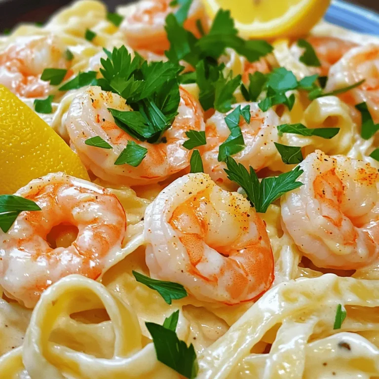 - Fettuccine Pasta (8 oz) - Shrimp (1 lb, peeled and deveined) - Cajun Seasoning (2 tablespoons) - Olive Oil (2 tablespoons) - Garlic (4 cloves, minced) - Heavy Cream (1 cup) - Grated Parmesan Cheese (1 cup) - Unsalted Butter (2 tablespoons) - Salt and Pepper to taste - Fresh Parsley (chopped, for garnish) - Lemon Wedges (for serving) Cajun Shrimp Alfredo is a tasty dish that brings together bold flavors. The fettuccine pasta serves as a perfect base. It has a nice texture that holds the creamy sauce well. Use 8 ounces of fettuccine for this recipe. Next, let's talk about shrimp. You need one pound of shrimp, peeled and deveined. They are the stars of this dish, absorbing all the Cajun spices. For seasoning, I use two tablespoons of Cajun seasoning. This spice mix gives the shrimp that smoky, spicy kick. You also need two tablespoons of olive oil. This oil helps to cook the shrimp and adds flavor. For the sauce, gather four cloves of minced garlic. Fresh garlic adds a great aroma. You will also need one cup of heavy cream. This cream makes the sauce rich and smooth. One cup of grated Parmesan cheese is a must too. It thickens the sauce and adds a cheesy flavor. You’ll need two tablespoons of unsalted butter for a silky sauce. Don't forget salt and pepper to taste, plus fresh parsley for garnish. Lastly, have lemon wedges on hand. They add a bright touch to the dish when served. These ingredients come together to create a delicious meal that is easy to make and packed with flavor. First, fill a large pot with salted water and bring it to a boil. Add the fettuccine pasta and cook it according to the package instructions. You want it al dente, which means it's firm but cooked through. After cooking, drain the pasta in a colander. Don’t forget to reserve about half a cup of the pasta water. This water helps the sauce later. Next, grab your shrimp. Make sure they are peeled and deveined. Pat them dry with paper towels to remove excess moisture. This step helps the shrimp get a nice sear. Sprinkle the Cajun seasoning over the shrimp. Ensure each shrimp is coated well for great flavor. Now, heat two tablespoons of olive oil in a large skillet over medium-high heat. Once the oil is hot, add the seasoned shrimp to the skillet. Cook them for about two to three minutes on each side. You’ll know they are done when they turn pink and opaque. Remove the shrimp from the skillet and set them aside for later. In the same skillet, lower the heat to medium. Add two tablespoons of unsalted butter and let it melt. Once melted, toss in four minced garlic cloves. Sauté them for about 30 seconds, just until they smell good. Next, pour in one cup of heavy cream. Bring it to a gentle simmer. Gradually whisk in one cup of grated Parmesan cheese until it's melted and smooth. If the sauce seems too thick, add a bit of the reserved pasta water to thin it out. Now, return the cooked shrimp to the skillet along with the drained fettuccine. Toss everything together until the pasta and shrimp are coated with that creamy sauce. Taste it and season with salt and pepper as needed. This is where you can adjust the flavor to your liking. Finally, remove the skillet from heat. Serve the dish hot, garnished with chopped fresh parsley. Don’t forget to add lemon wedges on the side. A squeeze of lemon adds a bright touch that enhances the flavors. Enjoy your delicious Cajun Shrimp Alfredo! To adjust the sauce consistency, start with the cream. If your sauce is too thick, add reserved pasta water. Just a little at a time! This helps keep the sauce creamy but not too heavy. A rich flavor comes from using fresh garlic and high-quality Parmesan. Both enhance the taste. Also, let the sauce simmer gently; this brings out the flavors nicely. Avoid overcooking shrimp by watching the color. They should turn pink and opaque in about 2-3 minutes per side. If you cook them too long, they can get tough. To test for doneness, cut one shrimp in half. It should be opaque all the way through. If it’s still a bit translucent, cook it for another minute. For the best garnish ideas, use fresh parsley. It adds color and a fresh taste. You can also add lemon wedges on the side. They brighten the dish and add zest when you squeeze them over. To serve like a restaurant, plate the pasta first, then top with shrimp and sauce. Drizzle a little extra cream on top for flair. {{image_2}} You can make Cajun Shrimp Alfredo even better by adding vegetables. Some great choices include: - Bell peppers - Spinach - Zucchini - Broccoli To prepare vegetables, chop them into bite-sized pieces. Sauté them in the skillet before adding the shrimp. This way, they will cook well and add color and nutrition to your dish. Want more heat? You can change the amount of Cajun seasoning. Start with one tablespoon for a milder taste. If you like it hot, add more until it suits you. If you don't have Cajun seasoning, use paprika and cayenne pepper. Mix them to create your own blend. This can give you a nice kick without needing the store-bought mix. Fettuccine is a classic choice, but you can switch it up! Try these pasta types: - Penne - Linguine - Spaghetti For gluten-free options, use rice pasta or chickpea pasta. Both can work well in this creamy dish and provide a unique flavor. Just cook them according to package instructions, and enjoy! To store Cajun Shrimp Alfredo, let it cool first. Place it in an airtight container. This keeps it fresh and prevents odors. You can refrigerate leftovers for up to three days. If you want to keep it longer, consider freezing it. When reheating, use the stove over low heat. This helps you keep the creamy texture. Add a splash of cream or broth to maintain moisture. To avoid rubbery shrimp, only heat until warm, not hot. Stir gently and watch closely. Yes, you can freeze Cajun Shrimp Alfredo! Use a freezer-safe container for best results. To thaw, move it to the fridge overnight before reheating. Avoid freezing for too long; aim for a month max. This way, you keep the flavor and texture intact. Cajun Shrimp Alfredo is a creamy pasta dish with a spicy kick. This dish blends rich flavors of shrimp, garlic, and Cajun spices. You get a taste of the South with every bite! Key ingredients include: - Fettuccine pasta - Shrimp, peeled and deveined - Cajun seasoning - Heavy cream - Grated Parmesan cheese The Cajun seasoning gives the shrimp a bold flavor. The cream and cheese create a rich sauce that makes the pasta shine. Yes, you can prepare Cajun Shrimp Alfredo ahead of time. This can save you time on busy nights. Tips for meal prepping: - Cook the pasta and shrimp separately. - Store them in airtight containers in the fridge. Best practices for storage: - Keep the sauce in a different container. - This keeps the pasta from getting mushy. When you are ready to eat, just reheat everything gently. This way, you still get great taste! You can make Cajun Shrimp Alfredo healthier with simple swaps. Suggestions for ingredient substitutions: - Use whole wheat pasta instead of regular pasta. - Swap heavy cream for Greek yogurt to cut calories. Tips for reducing calories or fat content: - Use less butter or olive oil. - Choose a lower-fat cheese. These changes keep the flavor while making it lighter. You can enjoy this dish guilt-free! Cajun Shrimp Alfredo pairs well with several side dishes. Best side dishes to serve: - A fresh garden salad - Garlic bread for dipping Wine pairing suggestions: - A chilled white wine like Sauvignon Blanc works great. - A light red, such as Pinot Noir, can also complement the dish. These sides enhance the meal and provide a well-rounded dinner experience! Cajun Shrimp Alfredo is a tasty dish with rich flavors. You learned about the main ingredients, cooking steps, and tips for the best sauce. Remember to adjust spice levels or try different pasta for variety. Whether you’re making it for a family dinner or special occasion, it will impress. Enjoy your cooking, and don't hesitate to experiment with your own twists on this classic recipe.