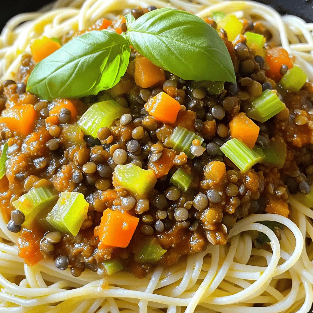 - 1 cup green or brown lentils - 1 tablespoon olive oil - 1 medium onion, finely chopped - 2 cloves garlic, minced - 1 large carrot, diced - 1 celery stalk, diced - 1 bell pepper (any color), diced - 1 can (14 oz) diced tomatoes - 2 cups vegetable broth - 2 tablespoons tomato paste - 1 teaspoon dried oregano - 1 teaspoon dried basil - Salt and pepper to taste - 1 tablespoon balsamic vinegar - Fresh basil leaves for garnish - Cooked spaghetti or pasta for serving The main ingredients form the heart of your vegan lentil bolognese. Lentils give it protein and texture. I prefer green or brown lentils, as they hold their shape well. The olive oil adds a rich flavor and helps cook your vegetables. The onion and garlic create a tasty base, making everything smell amazing. Next, we add some colorful vegetables. Carrots add sweetness and crunch. Celery brings a nice bite. A bell pepper can be any color you like. These veggies not only boost flavor but also add nutrients. Now, let's talk about the flavoring ingredients. Diced tomatoes bring a juicy, tangy flavor. Vegetable broth adds depth, while tomato paste thickens the sauce. Oregano and basil are classic herbs that lend an Italian touch. Don't forget salt and pepper to make everything pop. A splash of balsamic vinegar adds a sweet tang that lifts the dish. Finally, fresh basil leaves on top make it look pretty and fresh. With these ingredients, you'll create a hearty meal that pleases everyone. Whether you're a seasoned cook or just starting, this recipe is for you. Enjoy your cooking journey! - Rinse and drain the lentils. - Chop vegetables: onion, garlic, carrot, celery, and bell pepper. Start with the lentils. Rinse them well under cold water. This helps remove any dirt. Drain them in a fine mesh strainer. Next, chop your vegetables. I like to finely chop the onion and garlic. Dice the carrot, celery, and bell pepper into small pieces. This makes them cook evenly. - Heat oil in the pot. - Sauté the vegetables for 5 minutes. - Add lentils and mix. In a large pot, heat the olive oil over medium heat. Once the oil is hot, add the chopped onion and garlic. Sauté them for about five minutes. You want the veggies to soften and smell great. After that, stir in the rinsed lentils. Mix them well with the vegetables. - Stir in tomatoes, broth, tomato paste, herbs. - Bring to a boil, reduce heat, and cover to simmer. Now, it’s time to add the tomatoes. Stir in the can of diced tomatoes, vegetable broth, and tomato paste. Don’t forget the dried oregano and basil. These herbs add wonderful flavor. Bring this mixture to a boil. Then, reduce the heat to low. Cover the pot and let it simmer. Cook for 25 to 30 minutes. Stir it occasionally so it doesn't stick. - Check lentil tenderness and season to taste. - Serve over cooked pasta and garnish with basil. After simmering, check if the lentils are tender. If they are, season with salt, pepper, and balsamic vinegar. Adjust the taste as needed. Serve the lentil bolognese over your favorite cooked pasta. Top it with fresh basil leaves for a burst of flavor. Enjoy your meal! To make a tasty lentil bolognese, cook your lentils well. Rinse and drain them first. Use green or brown lentils for the best texture. They should be soft but not mushy. Stir the pot often while it simmers. This helps to keep the lentils from sticking to the bottom. You can adjust the herbs to match your taste. If you love oregano, add a bit more. Want a stronger taste? Add a pinch of red pepper flakes for spice. You could also try a splash of soy sauce for depth. Experiment with different spices to find your favorite mix. Serve your bolognese over colorful pasta for a fun look. Bright pasta makes the dish pop. Use fresh basil leaves on top for a burst of color and flavor. You can also sprinkle some nutritional yeast for a cheesy taste. Get creative with your plating to impress your guests! {{image_2}} You can switch out lentils for other legumes. Chickpeas work well if you want a nutty taste. Black beans also add richness and a great texture. Both options offer a fun twist on the classic dish. You can still follow the same steps, just swap the lentils for your chosen legume. Want to make your meal heartier? Add more veggies! Zucchini brings a nice crunch, while mushrooms add a savory flavor. You can toss in spinach for some greens or bell peppers for sweetness. Feel free to mix and match. The more veggies, the better! Experiment with sauces for new flavors. Marinara is a great base, while pesto can add a fresh twist. You can also spice things up! Try adding red pepper flakes for some heat. Just sprinkle it in as you cook. This way, you can create your own unique version of lentil bolognese. To store leftover lentil bolognese, let it cool first. Place it in an airtight container. Keep it in the fridge. This dish will stay fresh for up to five days. When you are ready to eat, just reheat it on the stove or microwave. You can freeze lentil bolognese for later use. To do this, let it cool completely. Then, transfer it to a freezer-safe container. It can last for up to three months in the freezer. When you're ready to enjoy it, thaw it overnight in the fridge. Reheat it in a pot on low heat until warmed through. In the fridge, lentil bolognese lasts about five days. In the freezer, it can stay safe and tasty for three months. Always check for off smells or changes in texture before eating. This will help ensure your meal remains delicious and safe. Yes, you can easily make this dish gluten-free. Just choose a gluten-free pasta. Many brands offer options made from rice, quinoa, or chickpeas. These pasta types cook well and taste great with the lentil bolognese. Cooking lentils usually takes about 25 to 30 minutes. Factors that can change this time include the type of lentils used and their age. Green and brown lentils cook best in this recipe. Always check for tenderness before serving. You can serve this dish with many sides. A simple green salad pairs well. Garlic bread or crusty bread is also a great choice. For a heartier meal, add some steamed vegetables like broccoli or zucchini. In this post, we explored how to make a tasty Vegan Lentil Bolognese. We discussed the main ingredients, including lentils, vegetables, and spices. I provided step-by-step instructions, plus tips to enhance flavors and presentation. You can switch lentils for other beans or add more veggies to suit your taste. Store leftovers in the fridge or freeze for later. This dish is not just healthy; it is quick and easy to prepare. Enjoy this meal that fits your lifestyle and satisfies your cravings.