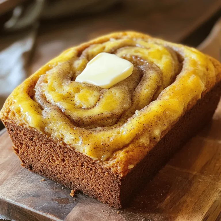 To make the perfect Cinnamon Swirl Banana Bread, you need just a few simple ingredients. Here’s what you’ll need: - 3 ripe bananas, mashed - 1/3 cup melted butter - 1 teaspoon vanilla extract - 1 egg, beaten - 1 teaspoon baking soda - Pinch of salt - 3/4 cup sugar (or 1/2 cup for less sweetness) - 1 1/2 cups all-purpose flour - 2 teaspoons ground cinnamon - 1/4 cup brown sugar These ingredients come together to create a moist and flavorful loaf. The ripe bananas give natural sweetness, while the cinnamon and sugar swirl adds a delightful touch. The melted butter keeps the bread rich and moist. If you want it a bit less sweet, reduce the sugar to half a cup. This recipe is flexible, so feel free to adjust it to your taste. Gather these ingredients, and you will be ready to bake a delicious treat! First, preheat your oven to 350°F (175°C). Grease a 9x5 inch loaf pan. This helps the bread slide out easily later. In a large bowl, add 3 ripe bananas and mash them with a fork. Mix in 1/3 cup melted butter until combined. Then, add 1 beaten egg and 1 teaspoon of vanilla extract. Stir until everything is mixed well. Next, sprinkle in 1 teaspoon of baking soda and a pinch of salt. Mix these in well to ensure even rising. Now, add 3/4 cup of sugar (or reduce to 1/2 cup for less sweetness) and 1 1/2 cups of all-purpose flour. Stir gently until just combined. Be careful not to overmix; this keeps the bread soft. In a small bowl, mix 2 teaspoons of ground cinnamon with 1/4 cup of brown sugar. This will create a sweet swirl for your bread. Pour half of the banana batter into the prepared loaf pan. Sprinkle half of your cinnamon-sugar mix on top. Then, pour the rest of the batter in and top with the remaining cinnamon-sugar. Use a knife to swirl the mixture into the batter. This creates a lovely marbled effect. Ripe bananas are key to great banana bread. They add natural sweetness and moisture. Look for bananas with brown spots. These are perfect for mashing. Mix the batter gently. Overmixing can make your bread tough. Stir just until the dry and wet ingredients blend. You want a few lumps in the mixture. This keeps your bread soft and fluffy. For the best presentation, slice the banana bread thick. Serve it warm with a pat of butter on top. A sprinkle of cinnamon on the butter adds flavor. You can also try toppings like chopped nuts or chocolate chips. These add crunch and sweetness. Serve slices with a hot drink for a cozy treat. {{image_2}} You can make small changes to this recipe to make it healthier. Here are two easy ideas: - Reducing sugar or using sugar substitutes: You can cut the sugar from 3/4 cup to 1/2 cup. This change still keeps the bread sweet, but it cuts some calories. You might also try using a sugar substitute like stevia. This can help if you watch your sugar intake. - Adding nuts or chocolate chips: Mixing in 1/2 cup of chopped nuts or dark chocolate chips can add flavor and crunch. Walnuts or pecans work well. Chocolate chips can bring a sweet twist. Just fold them into the batter before baking. You can boost the taste of your banana bread with some fun tweaks. Here are a couple of options: - Experimenting with other spices: Try adding a dash of nutmeg or cardamom. These spices pair well with cinnamon. Just use a small amount, as you don’t want to overpower the banana flavor. - Adding fruit or yogurt for moisture: You can mix in 1/2 cup of yogurt or applesauce. This keeps the bread moist and adds extra flavor. You could also use chopped fruits like blueberries or strawberries for a fruity twist. Just be sure to adjust the baking time if you add a lot of extra moisture. Store your banana bread at room temperature. Place it in a cool, dry spot. If you want to keep it fresh longer, wrap it tightly in plastic wrap. You can also use aluminum foil or place it in an airtight container. Avoid storing it in the fridge, as it can dry out quickly. To freeze slices, wait until the banana bread cools. Then, slice it into pieces. Wrap each slice in plastic wrap. Place the wrapped slices in a freezer-safe bag. Be sure to remove as much air as possible. This helps prevent freezer burn. To thaw, take out a slice and leave it at room temperature. You can also heat it in the microwave for about 15-20 seconds. For a crispier texture, toast it for a few minutes. Enjoy your banana bread warm and fresh, even after freezing! You can tell banana bread is done when a toothpick comes out clean. Insert the toothpick in the center of the loaf. If it has wet batter, it needs more time. If it has a few crumbs, it is ready. The bread should also spring back when lightly pressed. Yes, you can use frozen bananas! Just thaw them first. Drain any excess liquid before mashing. Frozen bananas work well because they become very soft. This leads to a moist banana bread. Use a serrated knife for slicing banana bread. This type of knife cuts through the crust without squishing the soft inside. Start at one end and use a gentle sawing motion. Avoid pressing down hard as you cut. - Can I add nuts or chocolate chips? Yes, you can add nuts or chocolate chips. Just fold them into the batter gently. - What should I do if my bread is too dry? If your banana bread is dry, try adding a little yogurt next time. This will keep it moist and add flavor. - How can I make it sweeter? You can increase the sugar to one cup if you like it sweeter. Adjust according to your taste. This blog post covered all you need to make great banana bread. You learned about the ingredients, steps, and tips for success. Keep your bananas ripe and don’t overmix! Try adding nuts or spices for fun twists. Store your bread well to keep it fresh. Now you're ready to bake and enjoy. Happy cooking!
