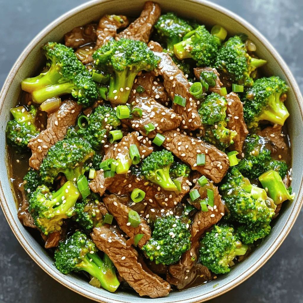 - 1 lb beef flank steak, thinly sliced against the grain - 2 cups fresh broccoli florets - 2 tablespoons soy sauce - 1 tablespoon oyster sauce (optional) - 2 tablespoons cornstarch - 2 tablespoons vegetable oil - 2 cloves garlic, minced - 1 tablespoon ginger, grated - 1/4 cup beef broth (or water) - Salt and pepper to taste - Sesame seeds, for garnish - Green onions, chopped, for garnish In this recipe for One Pan Beef and Broccoli, I focus on fresh and simple ingredients. The beef flank steak offers great flavor and tender texture when sliced against the grain. Fresh broccoli florets add color and crunch, vital for a balanced dish. Soy sauce brings savory notes, while the optional oyster sauce adds depth. Cornstarch coats the beef, helping it sear perfectly and giving the sauce a nice thickness. I use vegetable oil for frying because it has a high smoke point, ideal for quick cooking. Minced garlic and grated ginger are must-haves for aroma and spice. A splash of beef broth or water helps tie everything together, making sure the beef and broccoli soak up the flavors. Finally, salt and pepper bring everything together. Garnishing with sesame seeds and chopped green onions adds a nice finish. This simple list of ingredients makes it easy to create a delightful meal that is quick and satisfying. First, take your thinly sliced beef flank steak. In a bowl, toss the beef with cornstarch, salt, and pepper. This helps make the beef tender and adds a nice texture. Next, heat 1 tablespoon of vegetable oil in a large pan over medium-high heat. Once the oil is hot, add the beef in a single layer. Sear it for 2-3 minutes until it’s browned. Be careful not to overcrowd the pan; you may need to do this in batches. After searing, remove the beef and set it aside. In the same pan, add the remaining tablespoon of oil. Now, toss in the minced garlic and grated ginger. Stir this mixture quickly for about 30 seconds until it smells amazing. Then, add the fresh broccoli florets. Stir-fry them for 2-3 minutes until they turn vibrant green. This keeps the broccoli crunchy and colorful. Now it’s time to bring everything together. Return the beef to the pan. Pour in the soy sauce, oyster sauce if you are using it, and the beef broth. Stir everything well to coat the beef and broccoli in the sauce. Cook for an additional 2-3 minutes until the beef is fully cooked and the sauce thickens slightly. This step is key to locking in all those delicious flavors. To get a nice sear on your beef, avoid overcrowding the pan. If you add too much beef at once, it will steam instead of sear. This can make it tough. If needed, cook the beef in two batches. Each piece should touch the pan directly. This helps it brown well and adds a great flavor. When cooking broccoli, aim to keep its bright green color and crunch. Cook it for just 2-3 minutes. If you like your broccoli softer, add an extra minute. Just be careful not to overcook it. You want it to stay vibrant and tasty. Always taste your dish as you cook. You may want to adjust the seasoning. If you prefer a saltier flavor, add more soy sauce. For a bit of heat, a sprinkle of red pepper flakes works well. You can also explore other sauces like teriyaki for a twist. Trust your taste buds! {{image_2}} If you want to switch things up, try chicken or tofu. Both options work well. For chicken, use boneless thighs or breasts. Slice them thin, just like the beef. Cook the chicken for about 5-7 minutes until it's fully cooked. If you choose tofu, press it first. Cut it into cubes and cook until golden, about 4-5 minutes. This way, you keep the dish tasty and fun. You can add more vegetables to this dish. Bell peppers, carrots, or snap peas make great choices. Slice them thin so they cook fast. Add them to the pan after the broccoli. Stir fry for 2-3 minutes. This helps keep them crispy and bright. If you want to add other veggies, keep an eye on cooking times. You don’t want them mushy! Change up the sauce for new flavors. Teriyaki or hoisin sauce can add a sweet twist. Use them in place of the soy sauce. If you want a homemade marinade, mix soy sauce with honey, garlic, and rice vinegar. This makes a yummy sauce for your beef and broccoli. Experimenting with sauces can keep this quick dinner exciting! To keep your beef and broccoli fresh, store it in the fridge. Place leftovers in airtight containers. Use glass or BPA-free plastic containers for the best results. The dish will stay good for about three to four days in the refrigerator. When you are ready to enjoy the leftovers, you can reheat them easily. The best ways to do this are in a pan or microwave. If using a pan, heat it over low heat. Stir gently to keep the beef and broccoli from getting tough. In the microwave, use a covered dish to retain moisture. This method helps keep the texture and flavor intact. If you want to store your meal for longer, freezing is a great choice. Make sure to cool the dish completely before freezing. Use freezer-safe containers or heavy-duty bags to prevent freezer burn. You can freeze it for up to three months. When you are ready to eat, thaw it in the fridge overnight. Reheat it in a pan or microwave, as mentioned earlier, for best results. It takes about 15 minutes to prep and 20 minutes to cook. In total, you can enjoy this dish in just 35 minutes. This quick dinner fits perfectly into a busy schedule without sacrificing taste. Yes, you can use frozen broccoli. However, it may lose some crispness. To adjust, cook it a bit longer to ensure it's tender. Just remember to thaw it before cooking to reduce excess moisture. This dish pairs well with steamed rice or noodles. You can also try quinoa for a healthy twist. Serve it in a bowl and enjoy a complete meal that is both filling and flavorful. Absolutely! You can swap regular soy sauce for gluten-free soy sauce. Be sure to check labels on sauces to avoid gluten. This small change keeps the taste intact and makes the dish suitable for gluten-free diets. For the full recipe, check out my "Sizzling Beef & Broccoli Delight" recipe [here](#). This link takes you to all the details you need to create this tasty meal from start to finish. In this blog post, we covered how to make One Pan Beef and Broccoli with easy steps. We discussed the main and additional ingredients, along with tips for cooking. You learned about variations like using chicken or tofu and how to store and reheat your dish. Consider trying different veggies or sauces to make it your own. This simple dish is satisfying and perfect for busy nights. Enjoy cooking, and have fun with your meals!