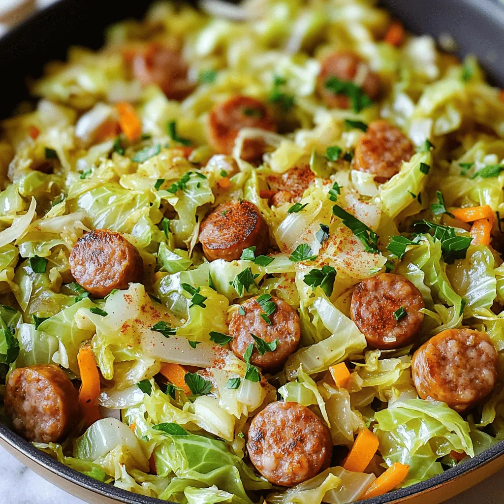 - 1 medium green cabbage, thinly sliced - 1 pound lean turkey or chicken sausage, sliced - 1 large onion, diced - 2 cloves garlic, minced - 2 carrots, julienned - 1 tablespoon olive oil - 1 teaspoon smoked paprika - 1/2 teaspoon black pepper - Salt to taste - 1/2 cup low-sodium vegetable broth - Fresh parsley, chopped for garnish When I make my Healthy Cabbage Sausage Skillet, I focus on fresh, simple ingredients. Cabbage is the star here. It adds crunch and fiber, making the dish hearty. I choose lean turkey or chicken sausage for a lighter protein option. This keeps the meal healthy but still flavorful. Onions bring sweetness and depth. Garlic boosts the flavor, while carrots add a nice color and texture. Olive oil is my go-to for sautéing. It adds healthy fats to the dish. Seasoning is key. Smoked paprika gives a warm, smoky taste, while black pepper adds a little kick. I use low-sodium vegetable broth to keep it light but still savory. Finally, fresh parsley brightens the dish and adds a pop of color. With these ingredients, you can create a delicious, healthy meal in no time. - Heat 1 tablespoon of olive oil in a large skillet over medium heat. - Add 1 large diced onion. Sauté for 3-4 minutes until soft. - Next, add 2 minced cloves of garlic. Cook for 1 minute until fragrant. - Incorporate 1 pound of sliced turkey or chicken sausage into the skillet. - Cook for 5-7 minutes until the sausage is browned. Stir occasionally to cook evenly. - Add 2 julienned carrots and 1 medium thinly sliced cabbage to the skillet. - Mix the veggies with the sausage and onion. - Season with 1 teaspoon smoked paprika, 1/2 teaspoon black pepper, and salt to taste. - Pour in 1/2 cup of low-sodium vegetable broth. Cover the skillet. - Reduce the heat to low. Let it simmer for 10-15 minutes until the cabbage is tender. - Remove the lid and toss the mixture. Cook for an additional 2-3 minutes to absorb extra liquid. - Taste and adjust the seasoning if needed. - Turn off the heat, garnish with fresh chopped parsley, and enjoy your meal! - Use low-fat sausage or plant-based alternatives. - Substitute olive oil with non-stick spray. Choosing a lean turkey or chicken sausage cuts down on fat. Plant-based sausage is a great option too. It offers protein without extra calories. For a lighter option, use non-stick spray instead of olive oil. This change helps keep the dish lower in fat while still providing enough moisture. - Sautéing vs. steaming for preserving nutrients. - Tips for even cooking of cabbage. Sautéing cabbage can add flavor while keeping nutrients intact. Steaming also works well if you want a softer texture. To cook cabbage evenly, slice it thinly. This helps it cook faster and more uniformly. - Experimenting with additional spices and herbs. - Adding a splash of vinegar or lemon juice for brightness. Feel free to add spices like cumin or oregano for a twist. Fresh herbs like thyme or rosemary can elevate the dish too. A splash of vinegar or lemon juice brightens the flavors. It balances the richness of the sausage and adds a nice zing. {{image_2}} You can switch up the sausage in this dish. Try using pork, beef, or even vegan sausage. Each type brings a unique flavor. Lean turkey or chicken sausage keeps it healthy. For a plant-based option, you can use crumbled tofu or tempeh. These options still give you great taste and texture. Feel free to add more veggies. Bell peppers, zucchini, and leafy greens work well. You can toss in seasonal vegetables too, like asparagus in spring or squash in fall. These fresh ingredients add color and nutrients. Mixing up vegetables keeps the dish exciting and healthy. This dish shines as a main course. However, you can also serve it as a side. Pair it with grains like quinoa or brown rice for a filling meal. A fresh salad on the side complements the flavors nicely. Enjoying it this way offers variety in your meal planning. To store leftovers, let the dish cool to room temperature. Use an airtight container to keep it fresh. You can keep it in the fridge for about 3 to 4 days. If you want to enjoy it later, make sure to check for any signs of spoilage before eating. You can freeze this dish for up to 3 months. Portion the meal into single servings. Use freezer-safe containers or bags to save space. When ready to eat, thaw it overnight in the fridge. Reheat it on the stove or in the microwave. Make sure it’s hot all the way through before serving. Meal prepping this dish is easy and smart. You can cook a large batch and portion it out. Use glass or BPA-free plastic containers for storage. Label each container with the date you made it. This helps you keep track of freshness and enjoy healthy meals all week long. You can use other leafy greens or veggies. Here are some ideas: - Kale: This green is hearty and full of nutrients. - Swiss chard: It has a mild taste and cooks well. - Collard greens: These add a unique flavor and texture. - Spinach: A tender green that wilts quickly. - Bok choy: This adds a crunchy bite. Each choice changes the dish, so feel free to explore! Cooking this Healthy Cabbage Sausage Skillet takes about 30 minutes. Here’s the breakdown: - Prep time: 10 minutes for slicing and dicing. - Cook time: 20 minutes for sautéing and simmering. This makes it a quick meal for busy nights! Yes, you can prepare this dish in advance! Here are some best practices: - Cook the skillet meal and let it cool. - Store in an airtight container in the fridge for up to three days. - Reheat on the stove or microwave before serving. This helps save time and makes for easy meals! This blog post covered a tasty dish using simple ingredients. You learned how to create a flavorful meal with lean turkey sausage, fresh veggies, and seasonings. Each step was designed to help you cook with ease. You can make this dish healthier with substitutes and enjoy many variations. Remember, storing leftovers is key for meal prep. With these tips, cooking can be fun and stress-free. Enjoy your time in the kitchen and share your creations!
