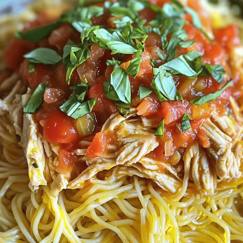 For this slow cooker tomato basil chicken, you will need: - 4 boneless, skinless chicken breasts - 2 cups diced tomatoes (canned or fresh) - 1 cup chicken broth - 1 medium onion, chopped - 4 cloves garlic, minced - 1 teaspoon dried oregano - 1 teaspoon dried thyme - 1 teaspoon red pepper flakes (optional, for heat) - 1 cup fresh basil leaves, chopped - Salt and pepper to taste - 2 tablespoons olive oil - Cooked pasta or rice (for serving, optional) You can add some fun twists to this dish. Here are some optional ingredients: - Fresh parsley for extra color - A splash of balsamic vinegar for tanginess - Grated Parmesan cheese for richness - Sliced bell peppers or mushrooms for more texture These additions can enhance the taste and make your meal more exciting! Preparation is key to making this dish shine. Here are some tips: - Chicken: Choose chicken breasts that are even in size. This helps them cook evenly. - Tomatoes: If using canned tomatoes, drain some juice to avoid a watery dish. Fresh tomatoes add a bright taste. - Onion and Garlic: Chop these finely. This helps their flavors spread throughout the dish. - Herbs: Use fresh basil just before serving. This keeps its color and flavor bright. - Broth: Use low-sodium chicken broth for better control of saltiness. Keeping these tips in mind will help you create a truly tasty meal! Start by getting your slow cooker ready. Drizzle the bottom with olive oil. This helps keep the chicken from sticking. You can use about two tablespoons. It will add flavor too. Now, place four boneless, skinless chicken breasts in the slow cooker. Season them with salt and pepper. Sprinkle on one teaspoon each of dried oregano and thyme. If you like a bit of heat, add some red pepper flakes. Next, chop one medium onion and mince four cloves of garlic. Scatter the onion and garlic over the chicken. Pour in two cups of diced tomatoes and one cup of chicken broth. Cover the slow cooker and set it to cook. You can choose to cook on low for six to seven hours. If you're in a hurry, set it on high for three to four hours. The chicken should be tender and fully cooked when done. To get perfectly shredded chicken, cook it until it is tender. This usually takes 6-7 hours on low or 3-4 hours on high in your slow cooker. When it's done, take the chicken out and let it cool for a few minutes. Use two forks to pull it apart. You want nice, thin strands. Mix it back into the sauce for a great blend of flavors. Fresh herbs make a big difference. Add them at the end of cooking. For this dish, use fresh basil. Chop the basil and stir it in just before serving. This keeps the flavor bright and fresh. You can also try adding parsley or thyme for a twist. Fresh herbs bring a pop of color and taste. Avoid filling your slow cooker too high. It should only be two-thirds full. This helps food cook evenly. Also, don’t lift the lid often. Each time you do, heat escapes and cooking takes longer. Lastly, remember to season your food well. A little salt and pepper can make a big difference in taste. {{image_2}} You can boost nutrition by adding vegetables. Consider using bell peppers, zucchini, or spinach. These veggies add color and texture. They also enhance the meal's overall health. Slice them into small pieces and layer them in the slow cooker with the chicken. The slow cooking method makes them soft and flavorful. If you want a twist, try different proteins. Turkey breasts or thighs work great. You can also use pork or firm tofu for a vegetarian option. Adjust the cooking time based on the protein. For turkey, keep the same time as chicken. For pork, you might need an extra hour. You can change the flavor by tweaking the spices. For an Italian vibe, add more oregano and basil. If you like Mediterranean flavors, toss in olives and feta cheese. For a spicy kick, increase the red pepper flakes or add jalapeños. Each option brings a unique taste, so feel free to mix and match! To keep your slow cooker tomato basil chicken fresh, store it right. First, let it cool down a bit. Next, place the chicken in an airtight container. This helps avoid moisture loss and keeps flavors intact. You can also use a resealable bag. Just make sure to remove as much air as possible. Store it in the fridge for up to three days. If you see any signs of spoilage, toss it away. You can freeze this dish for later! To do this, let the chicken cool. Then, transfer it to a freezer-safe container or bag. Label it with the date so you remember when you froze it. It can last up to three months in the freezer. When you are ready to eat, thaw it in the fridge overnight. You can also use the microwave or a cold water bath for quicker thawing, but the fridge is best for flavor. When reheating, aim to keep the chicken juicy. You can use a microwave or stovetop. If using a microwave, place the chicken in a bowl and add a splash of broth or water. Cover it with a lid or microwave-safe wrap to trap steam. Heat for 1-2 minutes, then check if it’s warm. If using the stovetop, heat on low in a skillet, stirring gently. Always check that the chicken reaches 165°F before serving again. Enjoy the same great taste! Yes, you can use frozen chicken breasts. Just add a bit more cooking time. If you cook on low, go for 7-8 hours. For high, aim for 4-5 hours. Make sure the chicken reaches 165°F (75°C) to ensure it's safe to eat. This dish pairs well with many sides. You can serve it over cooked pasta or rice for a hearty meal. A fresh salad adds a nice crunch. Garlic bread also works well to soak up the sauce. For a lighter option, steamed veggies are great too. You can store this dish in the fridge for up to 4 days. Make sure to keep it in an airtight container. If you want it to last longer, consider freezing it. Just thaw it overnight before reheating. In this article, we explored the key ingredients, step-by-step instructions, and helpful tips for making slow cooker tomato basil chicken. We discussed ways to enhance flavor and avoid common mistakes. Remember, you can add vegetables or try other proteins for variety. Store leftovers properly to enjoy later. With these insights, you can make a delicious meal that your family will love. Enjoy cooking and sharing your creations!