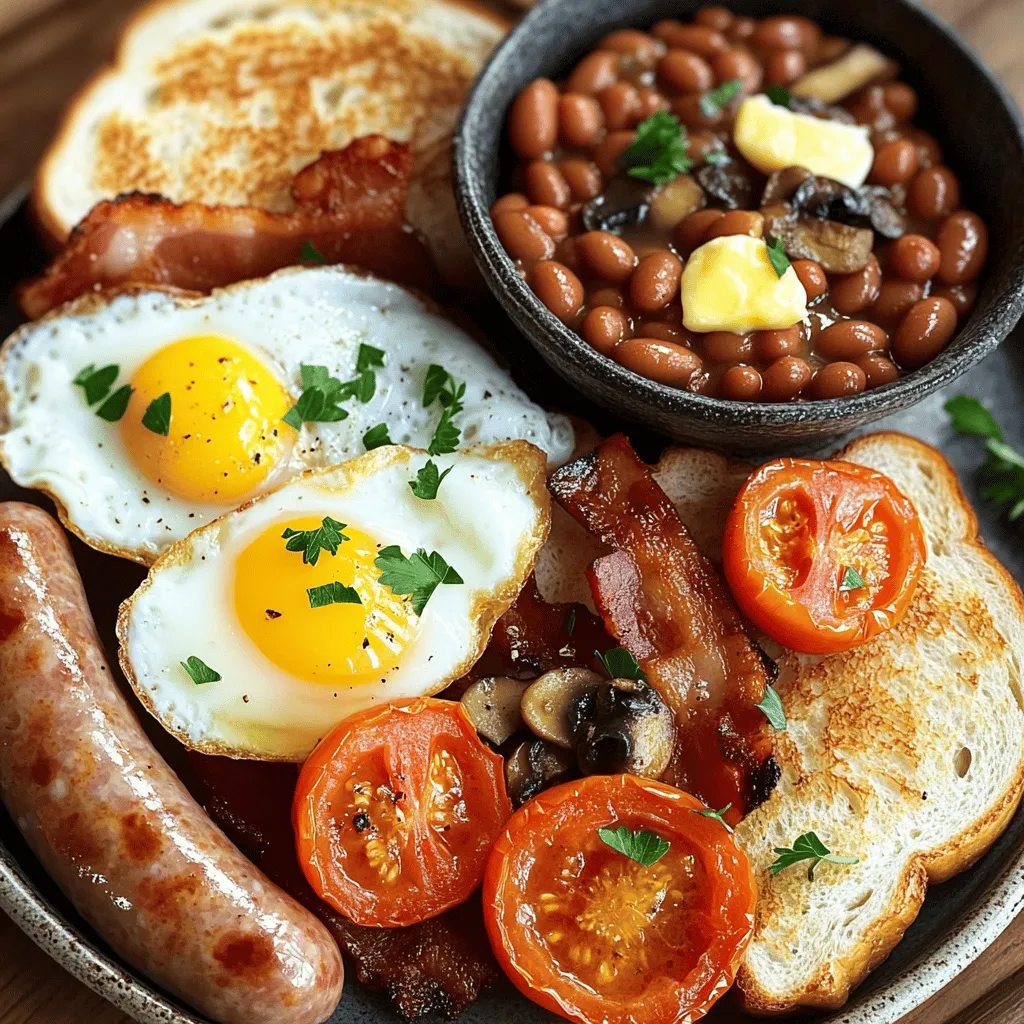 To make a classic Full English breakfast, you need some key items. Here’s a simple list: - 2 sausages (pork or chicken) - 2 slices of back bacon - 2 eggs - 1 large tomato, halved - 1 cup mushrooms, sliced - 1 cup baked beans (canned) - 2 slices of bread (for toasting) - Butter for frying and spreading - Salt and pepper to taste - Fresh parsley for garnish (optional) Having good quality sausages and bacon really makes a difference in taste. You want them to be flavorful and juicy. Fresh eggs are key too. They add richness and make the meal special. While the main ingredients shine, you can enhance your meal with a few extras. Here are some ideas: - Fresh parsley for a pop of color - Hot sauce for a spicy kick - A sprinkle of cheese on the beans for creaminess These little touches can elevate your breakfast. They add flavor and make it more fun to eat. To get the best taste, buy your ingredients from good places. Here are some tips: - Look for local butchers for fresh sausages and bacon. - Farmers' markets often have fresh eggs and tomatoes. - Supermarkets usually have a good selection of canned baked beans and mushrooms. Shopping at these places can help you find the freshest ingredients. This makes your Full English breakfast not just a meal, but a delightful experience. Start by heating a large frying pan on medium heat. Add two sausages and two slices of back bacon. Cook them for 8-10 minutes. Turn them often to ensure they brown evenly. Look for a nice golden color. They should be cooked through and juicy. While the sausages and bacon cook, grab another pan. Melt a little butter over medium heat. Add one cup of sliced mushrooms. Cook them for about 5 minutes until golden and tender. Season with salt and pepper. Next, take a large tomato and cut it in half. Push the sausages to the side of the pan. Place the tomato cut side down and cook for 3-4 minutes. This makes it soft and flavorful. Now it's time for the eggs. You can fry or poach them. If frying, add a little butter to the same pan you used for the sausages. Lower the heat a bit. Crack two eggs into the pan. Cook them until the whites are set, and the yolks are runny—about 2-3 minutes. While the eggs cook, toast two slices of bread until golden brown. Once everything is ready, it’s time to serve. Place the sausages, bacon, mushrooms, tomatoes, and baked beans on a warm plate. Top it all off with the eggs and serve the crispy toast on the side. Enjoy your hearty meal! To cook sausages and bacon perfectly, start with a medium heat. This helps to cook them evenly. Place the sausages and bacon in a large pan. Cook for about 8 to 10 minutes. Turn them often to get a nice brown color. If you want crisp bacon, cook it a bit longer. Always check that sausages are cooked through. They should reach an internal temperature of 160°F for pork and 165°F for chicken. This ensures they are safe to eat. For eggs, you can fry or poach them based on your taste. If you choose to fry, use the pan where you cooked the meat. Add a bit of butter to make them rich. Crack the eggs in gently. Cook them for 2 to 3 minutes. The whites should be set, but the yolks should stay runny. If you prefer poached eggs, bring water to a gentle simmer. Crack the eggs into the water and cook for about 3 to 4 minutes. This method gives you a soft, creamy yolk. Presentation can make your breakfast look even more inviting. Use a warm plate to serve your meal. Arrange the sausages, bacon, and mushrooms neatly. Place the halved tomato with the cut side facing up. This shows off its bright color. Serve the baked beans in a small bowl on the side. Finally, add the eggs on top. A sprinkle of fresh parsley adds a nice touch. This not only enhances the look but adds a burst of freshness. {{image_2}} You can change a Full English Breakfast to fit your taste. Try using different meats, like turkey sausage or smoked bacon. These options can give you new flavors. You can also swap out the eggs for scrambled eggs if you prefer. Adding more veggies can make your meal colorful. Consider spinach or bell peppers for extra nutrition. You might also like to add hash browns for a crispy touch. Remember, the idea is to make it your own! In England, each region has its own twist on the Full English Breakfast. For instance, in the North, you may find black pudding, a type of blood sausage. The West Midlands might offer a fried slice of bread, adding crunch to the meal. In Wales, you might see laverbread, made from seaweed, included. Scotland often features haggis as a hearty addition. These regional touches make each meal special and reflect local flavors. You can enjoy a Full English Breakfast even if you don’t eat meat. For a vegetarian option, use veggie sausages and add grilled halloumi. This cheese gives a nice salty taste. If you want a vegan breakfast, replace eggs with tofu scramble. Use plant-based sausages or beans for protein. You can also add avocado for creaminess. This way, you can enjoy a hearty meal while sticking to your diet. To keep your Full English Breakfast fresh, you need good storage. First, let the food cool down. Then, place the leftovers in airtight containers. This helps prevent air from getting in. You can keep the sausages, bacon, mushrooms, and beans together. Store the eggs and toast in separate containers. This keeps everything fresh and tasty. When reheating, do it gently to keep the flavors. Use a pan over low heat for best results. Add a little butter to the pan for added taste. Heat the sausages and bacon until they are hot. For the eggs, gently reheat them in the microwave for about 30 seconds. This helps maintain their texture. Toast the bread fresh for a crispy side. The shelf life of your ingredients varies. Cooked sausages and bacon can last 3-4 days in the fridge. Cooked mushrooms and tomatoes should be eaten within 2 days. Baked beans can stay good for 3-4 days as well. Always check for signs of spoilage before eating. This helps you enjoy your meal safely and deliciously. A traditional Full English Breakfast is a hearty meal. It usually has sausages, bacon, eggs, tomatoes, mushrooms, and baked beans. The meal often comes with toast, too. Each part brings a unique taste and texture. Sausages can be pork or chicken. Bacon is usually back bacon, which is thick and flavorful. Eggs can be fried or poached based on what you like. This breakfast is popular in the UK and fills you up for the day. Yes, you can make a Full English Breakfast ahead of time. For best results, cook the sausages, bacon, and mushrooms first. Store them in the fridge after they cool. You can reheat them in a pan or microwave later. Eggs are best made fresh, so cook them just before serving. Baked beans can also be made ahead and warmed up. Toast is better when made fresh, so save that for the last minute. Common sides for a Full English Breakfast include toast and butter. You can also add black pudding, a type of sausage made from blood, oats, and spices. Some people enjoy hash browns or fried bread for extra crunch. You might also see pickled vegetables or fresh fruit on the side. Each side adds flavor and variety, making the meal even better. This article covered the key parts of a classic Full English Breakfast. We looked at essential ingredients, step-by-step cooking, and useful tips. You can even customize your meal with fun variations and learn how to store leftovers. These insights help you enjoy a hearty breakfast while keeping it fresh. Remember, cooking is all about creativity and joy. So, go ahead and make your own perfect English breakfast today!