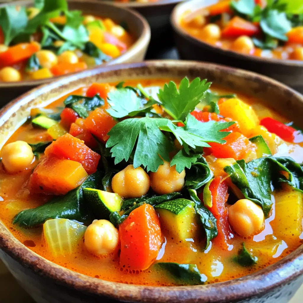 - 2 cans (15 oz each) chickpeas, rinsed and drained - 1 large onion, diced - 3 cloves garlic, minced - 2 carrots, diced - 1 red bell pepper, diced - 1 zucchini, diced - 1 can (14 oz) diced tomatoes - 1 cup vegetable broth - 1 teaspoon ground cumin - 1 teaspoon ground coriander - 1 teaspoon ground cinnamon - 1/2 teaspoon turmeric - 1/2 teaspoon smoked paprika - Salt and pepper to taste - 1 cup spinach (fresh or frozen) - 1/4 cup raisins or dried apricots, chopped (optional) - 2 tablespoons olive oil - Fresh cilantro or parsley for garnish When choosing chickpeas, pick canned ones with no added salt. This keeps the stew healthy. Look for firm vegetables. Fresh veggies add the best flavor. The bell pepper should be bright and smooth, while the onion should feel heavy. For spices, check the date on the jar. Fresh spices give more taste. Always choose good quality vegetable broth for depth of flavor. To enhance your stew, consider adding chopped raisins or dried apricots. They bring a sweet touch that pairs well with spices. A squeeze of lemon juice brightens the dish too. You can also add a handful of nuts like almonds for crunch. If you love heat, toss in some red pepper flakes. Adjust these add-ins based on your taste. Start by rinsing the chickpeas under cold water. This removes any excess salt. Next, dice the onion, garlic, carrots, bell pepper, and zucchini. Aim for bite-sized pieces to ensure even cooking. Each vegetable adds its own flavor and texture. In a skillet, heat two tablespoons of olive oil over medium heat. Add the diced onion and garlic. Sauté for about five minutes. You want them to turn translucent and smell fragrant. This step builds a great base for your stew. Transfer the sautéed onions and garlic to the slow cooker. Add the chickpeas, diced carrots, bell pepper, zucchini, and canned tomatoes with their juice. Pour in one cup of vegetable broth. This will keep the stew moist and flavorful. Now it’s time to season! Sprinkle in cumin, coriander, cinnamon, turmeric, smoked paprika, salt, and pepper. If you like, add raisins or chopped dried apricots for a sweet twist. Stir everything well to mix the flavors. Set the slow cooker on low for six to eight hours. If you’re short on time, the high setting cooks it in three to four hours. Just until the vegetables are tender will do! When making Moroccan chickpea stew, avoid overcooking the vegetables. They should stay tender, not mushy. Also, don’t skip rinsing the chickpeas. This helps remove excess salt and improves taste. If you forget to add spices, your stew will lack flavor. Always season well before cooking. Lastly, don’t rush. Slow cooking lets flavors blend beautifully. To boost the flavor, use fresh herbs like cilantro or parsley. Add them just before serving for a bright taste. You can also mix in a pinch of cayenne pepper for heat. If you love depth, try adding fresh ginger. It pairs well with the spices. You can also toast your spices in olive oil before adding them to the stew. This step brings out their full aroma. Serve your stew in deep bowls for a cozy feel. Pair it with crusty bread or fluffy couscous. This helps soak up all the delicious broth. You can also top it with a dollop of yogurt for creaminess. For a fun twist, add a sprinkle of lemon juice. It brightens the dish and adds a fresh zing. Enjoy it with friends or family for a hearty meal. {{image_2}} This stew is a great vegetarian dish. You just need chickpeas and veggies. It is also vegan. Simply skip any animal products. Use vegetable broth, and you are all set. Add more veggies, like sweet potatoes or kale, for extra nutrients. Want to add protein? Chicken or tofu works well. For chicken, use diced pieces. Add it to the slow cooker with the other ingredients. For tofu, use firm tofu. Cube it and add it in the last hour of cooking. This way, it absorbs the flavors. Feel free to swap veggies based on what you have. Try butternut squash or green beans. Each vegetable brings its own taste. You can mix and match to keep things fresh. Carrots and zucchini add a nice crunch. Use your favorite seasonal veggies for the best flavor! To store leftovers, let the stew cool first. Transfer it to an airtight container. You can keep it in the fridge for up to five days. Make sure to label the container with the date. This way, you know when it was made. When you're ready to eat, you can easily reheat the stew. Pour it into a pot over medium heat. Stir it occasionally until it’s hot. If it’s too thick, add a splash of water or broth. You can also use the microwave. Heat it in a safe bowl for about two to three minutes. Stir halfway through for even heating. To freeze the stew, let it cool completely. Place it in freezer-safe containers or bags. Leave some space at the top, as liquids expand when frozen. The stew can last up to three months in the freezer. When you’re ready to eat, thaw it overnight in the fridge. Then reheat it on the stove or in the microwave. Enjoy a quick and tasty meal anytime! If you need a substitute for chickpeas, you have options. You can use white beans, black beans, or lentils. Each will add protein and texture. If you use lentils, they cook faster. Adjust your cooking time to ensure they don’t become mushy. Yes, you can use fresh tomatoes! Use about 4-5 medium tomatoes. Dice them and add them to the stew. Fresh tomatoes will give a bright flavor. Just keep in mind, they may need a bit more time to soften compared to canned ones. Absolutely! You can make this stew in a regular pot. Start by sautéing the onions and garlic as in the slow cooker. Then add the rest of the ingredients. Cover the pot and let it simmer on low for about 30-40 minutes. Stir occasionally until the veggies are tender. To adjust for different slow cooker sizes, simply change the ingredient amounts. If you have a smaller cooker, halve the recipe. For a larger cooker, double the ingredients. Always check if the stew has enough liquid, adding more broth if needed. This blog post covers the key steps to making a delicious stew. We talked about picking great ingredients, and how to prepare and cook them. You learned tips to avoid mistakes and ways to boost flavor. We explored variations, so you can adjust the stew to your taste. Finally, we shared how to store and reheat leftovers. With these insights, you can make a hearty stew that fits your needs perfectly. Enjoy creating your meal and share it with others!