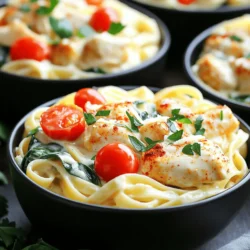 - 1 lb boneless, skinless chicken breasts, cut into bite-sized pieces - 12 oz fettuccine pasta - 2 tablespoons Cajun seasoning - 4 cloves garlic, minced - 1 tablespoon olive oil - 4 cups chicken broth - 1 cup heavy cream - 1 cup grated Parmesan cheese - 1 cup cherry tomatoes, halved - 1 cup fresh spinach - Salt and pepper to taste - Fresh parsley, chopped for garnish This dish shines because of its simple yet bold flavors. The chicken adds protein and heartiness. Fettuccine pasta brings a nice texture and soak up the creamy sauce. Cajun seasoning gives that spicy kick that makes your taste buds dance. I love using fresh garlic and olive oil for a rich base. Chicken broth and heavy cream make the sauce dreamy and smooth. Grated Parmesan cheese adds depth, while cherry tomatoes and spinach bring color and nutrients. Don't skip the salt and pepper; they enhance every flavor. Finally, a sprinkle of fresh parsley brightens the dish. This meal is not only quick to make but also a feast for the eyes and the palate. Enjoy! Start by heating olive oil in a large pot over medium heat. Add the chicken pieces. Sprinkle Cajun seasoning over the chicken. Cook until the chicken is browned and cooked through, about 5 to 7 minutes. This gives your chicken a nice flavor kick. Once done, remove the chicken from the pot and set it aside. In the same pot, add minced garlic and sauté it for about 30 seconds. This step adds a great aroma. Next, pour in the chicken broth and bring it to a boil. Once boiling, add the fettuccine pasta. Cook the pasta according to the package instructions, stirring occasionally. You want it to be al dente, which usually takes about 9 to 12 minutes. After the pasta is cooked, lower the heat. Return the cooked chicken to the pot. Stir in heavy cream and grated Parmesan cheese. Mix well to create a creamy sauce. Now, add the halved cherry tomatoes and fresh spinach. Stir until the spinach wilts and everything combines. Season with salt and pepper to taste. Let it simmer for another 2 to 3 minutes until warmed through. Your creamy Cajun chicken Alfredo is almost ready! To get that creamy sauce just right, avoid clumping. Stir the heavy cream in slowly. This helps mix it well with the broth. Use fresh Parmesan cheese. It melts better than the pre-grated kind. Taste your sauce as you go. Add more Cajun seasoning if you want extra spice. A pinch of salt can also boost the flavor. Don't forget to adjust the pepper too. Each person's taste is different, so make it yours. Using a Dutch oven gives an edge. It has thick walls that hold heat well. This helps cook your food evenly. A regular pot works too, but keep an eye on it. As you cook, stir often. This prevents sticking and ensures even cooking. Give your pasta a gentle mix while it boils. This keeps it from clumping together. For a great presentation, serve in deep bowls. This shows off the rich sauce and bright colors. Top with fresh parsley and a sprinkle of Parmesan. Pair your dish with crusty bread. It soaks up any leftover sauce. A simple side salad also works well. This adds freshness and crunch to your meal. {{image_2}} You can switch up the protein in this dish. Shrimp or sausage works great too. Shrimp adds a nice briny taste. Cook it until just pink to keep it tender. Sausage gives a hearty flavor, so choose your favorite. If you prefer a meatless meal, use mushrooms. They soak up flavors and add a nice bite. If you need gluten-free pasta, there are plenty of options. Brown rice or chickpea pasta can be used. Both cook well and taste good. You can also try different pasta shapes. Penne or rotini can bring a fun twist to the dish. They hold the creamy sauce nicely. Adding extra vegetables boosts flavor and nutrition. Bell peppers or zucchini work well. Toss them in with the garlic for a tasty mix. You can also use different cheeses for a unique taste. Gouda or mozzarella bring a creamy touch. Experiment to find your favorite flavor combo! To store leftovers securely, place your creamy Cajun chicken Alfredo in an airtight container. Make sure it cools to room temperature before sealing. This helps keep the dish fresh. Use glass or plastic containers that stack well in your fridge. They keep food safe and easy to access. For best results, reheat in a pot over low heat. Stir gently as it warms. This method helps maintain the creamy texture. You can also use the microwave. Heat in 30-second bursts, stirring in between. This prevents hot spots and keeps your meal creamy. You can freeze this dish if you have extra servings. Allow it to cool completely, then transfer to a freezer-safe container. Leave some space for expansion. When you’re ready to eat, thaw it in the fridge overnight. Reheat gently on the stove for the best taste. Yes, you can prepare this dish ahead of time. Cook the chicken and pasta as normal. After that, let them cool. Store them in separate containers in your fridge. When you're ready to eat, reheat everything in a pot. Add cream and cheese just before serving. This way, your meal stays creamy and tasty. If you don't have Cajun seasoning, you can make your own. Mix paprika, garlic powder, onion powder, and a pinch of cayenne pepper. You can also use Italian seasoning for a milder flavor. Adjust the spices to fit your taste. Feel free to experiment for a unique twist. Absolutely! This recipe is great for meal prep. Portion out your servings into meal prep containers. You can keep them in the fridge for up to four days. Just reheat when you're ready to eat. This makes your busy weeknights much easier. Enjoy your flavorful meals without the fuss! This recipe combines simple ingredients to create a delicious meal. You learned how to cook chicken, prepare fettuccine, and make a creamy sauce. With helpful tips, you can perfect the flavors just to your liking. Remember, you can vary the protein and pasta type for more fun. Store leftovers properly and enjoy them later. The goal is to make cooking easy and enjoyable. Now, gather your ingredients and start cooking this tasty dish!