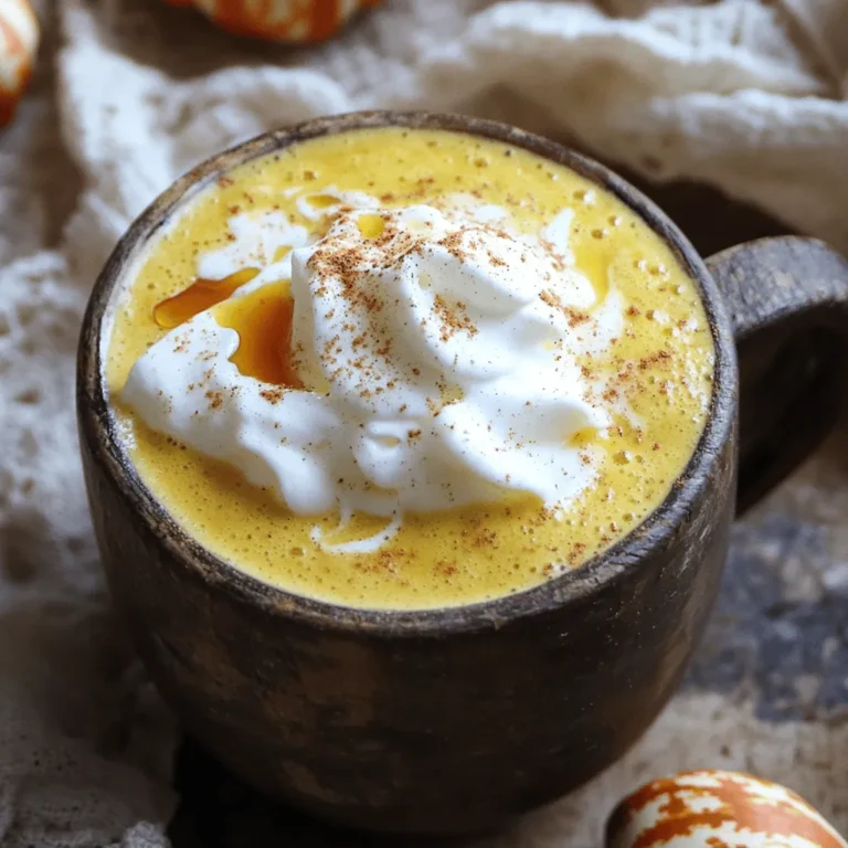 To make a tasty Pumpkin Spice Chai Latte with Foam, you will need: - 1 cup brewed chai tea (black tea with spices) - 1/2 cup pumpkin puree - 1/2 cup milk (or non-dairy alternative) - 2 tablespoons maple syrup (or honey) - 1 teaspoon vanilla extract - 1 teaspoon pumpkin pie spice (plus extra for garnish) - 1/4 teaspoon ground ginger - 1/2 cup heavy cream (or coconut cream for a dairy-free option) - Pinch of salt You can swap some ingredients for healthier choices: - Use almond milk or oat milk instead of regular milk. - Replace maple syrup with stevia or agave syrup for less sugar. - Choose light cream or a nut-based cream for fewer calories. - Add more spices like cinnamon for taste without added sugar. When picking your ingredients, quality matters: - Select fresh pumpkin puree for better flavor. Canned is okay but check labels. - Use organic spices for the best taste and health benefits. - Brew high-quality chai tea from loose leaves or trusted brands. - Choose local maple syrup for a rich, authentic sweetness. By following these tips, you ensure your latte is both delicious and nourishing! To start, brew your chai tea. Use 1 cup of strong chai. You can use loose leaves or tea bags. Follow the package instructions for brewing. Let it steep for about 5 to 7 minutes. This will give you the best flavor for your latte. Next, get a saucepan and heat it over medium heat. Add 1/2 cup of pumpkin puree. Mix in 2 tablespoons of maple syrup or honey. Then, add 1 teaspoon of vanilla extract. Sprinkle in 1 teaspoon of pumpkin pie spice and 1/4 teaspoon of ground ginger. Don’t forget a pinch of salt! Stir this mixture for 2 to 3 minutes until it’s warm and well mixed. Now, it’s time to combine the chai and pumpkin. Gradually whisk the brewed chai tea into the pumpkin mix. Keep stirring until it’s smooth. Heat the mixture gently, but do not boil it. This helps keep the flavors balanced. In a separate bowl, whip 1/2 cup of heavy cream or coconut cream. Use an electric mixer for this step. Whip it until soft peaks form. This should take about 3 to 4 minutes. The foam adds a lovely touch to your latte. Grab your favorite mug and pour the chai and pumpkin mix into it. Fill it about three-quarters full. Top it off with a generous dollop of whipped cream. Sprinkle extra pumpkin pie spice on top for garnish. For a sweeter treat, drizzle a little maple syrup over the foam. Serve it right away and enjoy your cozy Pumpkin Spice Chai Latte! To make great foam, start with cold heavy cream. Pour it into a bowl and whip it until it forms soft peaks. This usually takes about 3-4 minutes with an electric mixer. If you want a dairy-free option, use coconut cream instead. Make sure the cream is cold for the best results. You can change the flavors to fit your taste. If you want it sweeter, add more maple syrup or honey. For a bolder spice, add an extra pinch of pumpkin pie spice or ground ginger. You can even try different teas! Use chai with more cinnamon or cardamom for a new twist. One mistake is boiling the chai and pumpkin mix. This can ruin the flavors. Always heat it gently until warm. Another error is not whisking well. Make sure everything is blended smoothly to enjoy a rich taste. Lastly, don’t skip the garnish! A sprinkle of pumpkin pie spice adds both flavor and a lovely look. {{image_2}} To make a vegan pumpkin spice chai latte, swap the milk and cream for non-dairy options. You can use almond milk, oat milk, or coconut milk. These choices give you the same creamy texture without dairy. Ensure your pumpkin spice mix is also vegan. Follow the same steps, and enjoy the cozy flavor! For an iced version, brew your chai tea and let it cool. Mix the pumpkin base as usual. Instead of heating it, pour the pumpkin chai mixture over ice. Top it with whipped coconut cream for a nice touch. This drink is perfect for warm days, giving you the fall flavor in a refreshing way! If you want a healthier sweetener, try using stevia or agave syrup. Both options add sweetness without the calories of sugar or honey. Mix them into the pumpkin base as you prepare it. This allows you to adjust the sweetness to your taste. Enjoy a spiced pumpkin chai that fits your diet! You can store any leftover Pumpkin Spice Chai Latte in a sealed container. Keep it in the fridge for up to three days. Make sure to stir it well before serving. The flavors will blend nicely over time. To reheat, pour the latte into a saucepan. Warm it on low heat. Stir often to keep it from sticking. You can also use a microwave. Heat it in short bursts, stirring in between. If you want to freeze the latte, pour it into ice cube trays. This makes it easy to add to smoothies later. For the foam, freeze it in small dollops on a baking sheet. Once solid, transfer to a bag. Use within two months for best taste. Yes, you can use non-dairy milk. Almond, soy, or oat milk works great. These options add a nice flavor, too. Just remember that each milk has a different taste. Choose one you like! To reduce sweetness, cut back on maple syrup or honey. You can also skip the extra drizzle on top. If you want, try adding more chai tea for balance. This adds flavor without adding sweetness. You can find pumpkin puree in most grocery stores. Look in the canned food aisle. You can also check health food stores or online. Just make sure it’s pure pumpkin, not pumpkin pie filling. Use a strong chai tea with spices. Look for brands that use black tea as a base. Some popular brands include Tazo and Stash. You can also use loose-leaf chai if you prefer. Yes, chai lattes have several health benefits. The spices can aid digestion and boost your immune system. Black tea has antioxidants, which are good for your heart. Plus, pumpkin is high in fiber and vitamins. Enjoy your drink while getting some health perks! You learned how to make a delicious Pumpkin Spice Chai Latte. We covered the best ingredients and how to choose high-quality options. I shared step-by-step instructions from brewing to serving. We talked about tips for perfect foam and flavor tweaks. Plus, you can explore variations like vegan options. Remember to store your leftovers properly and reheat them with care. Now, you can enjoy this cozy drink anytime! Happy brewing!