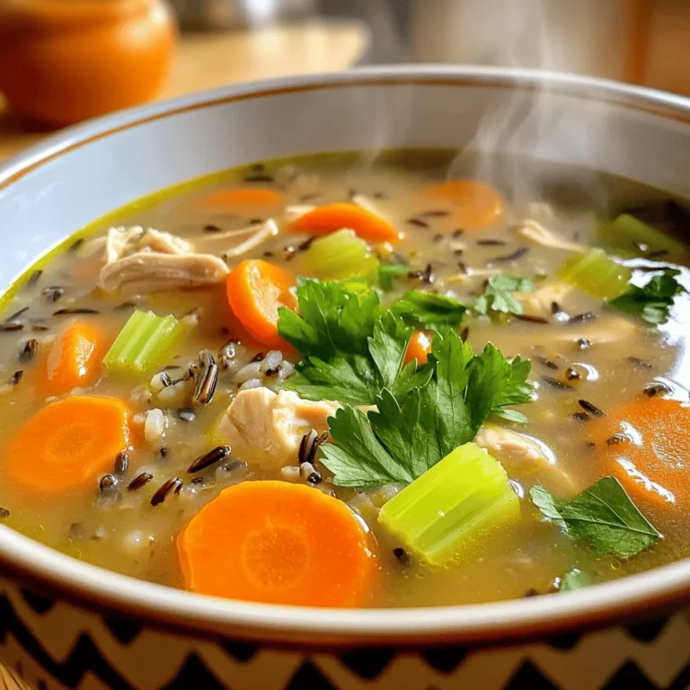 To make Chicken and Wild Rice Soup, you need a few key items. Here’s the list: - 1 pound boneless, skinless chicken thighs, diced - 1 cup wild rice, rinsed and drained - 1 medium onion, diced - 2 cloves garlic, minced - 3 medium carrots, sliced - 2 celery stalks, sliced - 6 cups chicken broth - 1 cup heavy cream - 2 tablespoons olive oil - 1 teaspoon dried thyme - 1 teaspoon dried rosemary - Salt and pepper to taste - 2 tablespoons fresh parsley, chopped (for garnish) Each ingredient adds flavor and texture to the soup. The chicken gives it heartiness, while wild rice adds a nice chew. Measuring ingredients accurately matters. It ensures the right balance of flavors. Start with the chicken. Dice it into bite-sized pieces. This helps it cook evenly. For the wild rice, rinse it well. This removes any grit and helps it cook better. Chop the onion, garlic, carrots, and celery. Keep the pieces small, so they cook quickly. Mince the garlic finely. You want its strong flavor to mix well. Have your spices ready too. Measure the thyme and rosemary. Fresh ingredients make a big difference. When selecting chicken, look for bright color and no smell. This shows it is fresh. For vegetables, choose firm ones without blemishes. When picking herbs, look for vibrant green leaves. Wild rice should have a nutty scent. If it smells off, skip it. Always check the expiration date on your broth and cream. Fresh ingredients lead to a better soup. This is key for a comforting meal. To start, gather your ingredients. You’ll need chicken thighs, wild rice, onion, garlic, carrots, celery, chicken broth, heavy cream, olive oil, thyme, rosemary, salt, and pepper. 1. Heat 2 tablespoons of olive oil in a large pot over medium heat. 2. Add 1 pound of diced chicken thighs. Cook until browned, about 5-7 minutes. 3. Remove the chicken from the pot and set it aside. 4. In the same pot, add 1 medium diced onion, 3 sliced carrots, and 2 sliced celery stalks. Cook for 5 minutes. 5. Next, add 2 cloves of minced garlic, 1 teaspoon of dried thyme, and 1 teaspoon of dried rosemary. Cook for 1-2 minutes until the garlic smells good. 6. Now, stir in 1 cup of rinsed wild rice and 6 cups of chicken broth. Bring to a boil. 7. Once boiling, lower the heat to low. Cover and simmer for 45 minutes. 8. After 45 minutes, add the chicken back into the pot. Pour in 1 cup of heavy cream. Stir and heat for 5 minutes. 9. Finally, season with salt and pepper to taste. Prep time for this soup is about 15 minutes. Cooking takes around 45 minutes. This makes a total of 1 hour for a warm, hearty meal. Start with the chicken first. Browning it adds flavor. Use medium heat to ensure it cooks evenly. Then, cook the vegetables until they are soft. This step builds a strong base for the soup. Simmering the rice in broth makes it tender and full of flavor. Covering the pot helps keep the heat in. This helps the flavors mix well. Browning the chicken is key. It gives the soup a rich taste. Sautéing the veggies releases their natural sweetness. Using fresh garlic and herbs makes a big difference. Dried thyme and rosemary add depth to the dish. Remember to taste the soup before serving. Adjust the salt and pepper to your liking. Finally, garnish with fresh parsley. This adds a nice touch and brightens the dish. Enjoy your comforting chicken and wild rice soup! To make the best chicken and wild rice soup, start with good chicken. I prefer boneless, skinless thighs. They stay juicy and add great flavor. Sauté them until they are golden brown. This step gives your soup a rich taste. Use fresh veggies for the best results. Diced onions, sliced carrots, and celery add depth. Sauté them until they are soft but not mushy. This makes the base of your soup flavorful. Don’t rush the cooking time. Let the wild rice simmer for about 45 minutes. This helps it cook fully and absorb all the flavors. Stir in the heavy cream at the end for a rich finish. One common mistake is not rinsing the wild rice. Rinsing removes excess starch. This helps your soup stay clear and not too thick. Another mistake is overcooking the chicken. If you cook it for too long, it might become dry. Add it back to the pot just before serving. Also, don’t skip the seasonings. Thyme and rosemary add warmth. Adjust salt and pepper to your taste for balance. To boost flavor, try adding a splash of lemon juice. It gives a nice brightness to the soup. You can also add a dash of hot sauce for heat. For texture, consider adding some fresh spinach or kale at the end. They wilt nicely and add color. Garnish with fresh parsley before serving. It adds a pop of color and freshness. Enjoy your soup with some crusty bread for a comforting meal! {{image_2}} You can easily adapt this soup for different diets. If you want a lighter version, swap heavy cream for coconut milk. It adds a nice flavor and keeps it creamy. You can also use vegetable broth for a vegetarian option. Replace chicken with chickpeas or tofu for protein. If you are gluten-free, check your broth brand. Some broths may contain gluten. Wild rice soup has many regional twists. In the Midwest, people often add mushrooms for earthiness. In the South, they might include spices like Cajun seasoning for a kick. If you visit Canada, you will see local herbs mixed in. Each area has its way of making this dish special. Try adding local ingredients to make it your own. Incorporating different add-ins can enhance your soup. Consider adding fresh spinach or kale for more greens. You can also stir in some corn for sweetness. For a hint of zest, squeeze in lemon juice just before serving. If you want a smoky flavor, add some bacon or smoked sausage. These little touches can bring extra depth to your soup. After you enjoy your Chicken and Wild Rice Soup, let it cool first. Once cool, put it in an airtight container. This helps keep it fresh. Store the soup in the fridge. It can last up to four days. Always label your container with the date. This way, you’ll know when to eat it. If you want to keep your soup longer, freezing is a great choice. Use a freezer-safe container. Leave some space at the top because the soup will expand when it freezes. It’s best to freeze the soup without the heavy cream. You can add that when you reheat it. Frozen soup stays good for about three months. To reheat, start by thawing your frozen soup overnight in the fridge. When ready, pour the soup into a pot. Heat it on low to medium heat. Stir often to prevent sticking. If the soup is too thick, add a splash of broth or water. If you stored it in the fridge, just heat it directly on the stove until hot. Enjoy your warm, comforting soup! The best type of chicken for this soup is boneless, skinless chicken thighs. They stay juicy and tender during cooking. Chicken breasts can dry out, but thighs hold moisture well. You can also use leftover rotisserie chicken for a quick option. Just shred it and add it to the soup later. You can use brown rice, but it will change the soup's taste and texture. Wild rice has a nutty flavor and a chewy texture. Brown rice cooks faster and is softer. If you choose brown rice, reduce the cooking time to about 30 minutes. Chicken and wild rice soup lasts about 3 to 4 days in the fridge. Store it in an airtight container to keep it fresh. If you want to keep it longer, you can freeze it. Just make sure to let it cool before you freeze it. In this blog post, we covered how to make Chicken and Wild Rice Soup. We started with choosing the right ingredients and measuring them. Then, I shared step-by-step cooking instructions to help you get the best flavor. I also gave tips to avoid common mistakes and shared some fun variations to try. Remember to store your leftovers properly. This soup is tasty and versatile. Enjoy making it your own, and have fun in the kitchen!