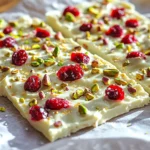 You need 2 cups of white chocolate chips. They melt easily and taste sweet. I love using good quality chips for the best flavor and smoothness. Next, grab 1 cup of dried cranberries. These add a nice tartness to the bark. Their bright color makes the bark look pretty and festive, too. You will want 1 cup of unsalted roasted pistachios, chopped. They give a nice crunch and a rich taste. Use fresh pistachios for the best result. Add 1/2 teaspoon of sea salt to balance the sweetness. This small amount makes a big difference in flavor. It enhances all the other tastes in the bark. You need 1 teaspoon of vanilla extract. This adds a warm and sweet note to the chocolate. It brings all the flavors together in a lovely way. To make it extra special, consider using edible gold or silver leaf as a garnish. This step is not necessary but can make your bark look fancy for special occasions. To start, grab a baking sheet. Use one that is about 9x9 inches. Line it with parchment paper. Make sure to leave some extra paper hanging over the edges. This helps you lift the bark out later. Next, take your white chocolate chips. Place them in a microwave-safe bowl. Heat them in the microwave for 30 seconds at a time. Stir the chips between each round. After 1-2 minutes, they should be smooth and melted. Once the chocolate is melted, it’s time to add flavor. Stir in the vanilla extract and sea salt. Mix well until everything combines nicely. This will enhance the taste of your bark. Now, let’s make it special with mix-ins. Add the dried cranberries and chopped pistachios to the chocolate. Fold them in gently. Make sure they spread evenly throughout the mixture. Pour the chocolate mixture onto your prepared baking sheet. Use a spatula to spread it out. Aim for an even layer, about 1/4 inch thick. This will help it set nicely. If you want to add a fancy touch, consider decoration. Place pieces of edible gold or silver leaf on top. This step is optional but adds a lovely look. Now, it’s time to chill the bark. Place the baking sheet in the fridge. Let it sit for at least 2 hours. This will help it set completely. Once the bark is set, remove it from the refrigerator. Use the parchment paper to lift it out of the pan. Place it on a cutting board. Break it into pieces of any size you like. Enjoy your no-bake white chocolate cranberry bark! Use high-quality white chocolate chips. They melt better and taste richer. I love using brands like Ghirardelli or Guittard for a smooth finish. Dried cranberries should be plump and sweet. Check for any added sugars or preservatives. For the nuts, choose unsalted roasted pistachios. Their crunch adds a lovely texture. You can also swap in other nuts if you prefer. To melt the white chocolate, use a microwave-safe bowl. Heat the chocolate in 30-second bursts. Stir after each interval to prevent burning. This will give you a nice, smooth melt. If you see some lumps, just keep stirring. The heat from the melted chocolate will melt the lumps away. Once melted, mix in the sea salt and vanilla extract. This will enhance the flavor and make the bark taste gourmet. The mixture should be thick but spreadable. If it’s too thick, you can gently reheat it for a few seconds. Avoid overheating, as it can seize up and become grainy. You can make this bark your own! Try adding different nuts or fruits. Almonds or dried cherries work great too. Want a touch of spice? Add a pinch of cinnamon or nutmeg. For a festive look, sprinkle some edible gold or silver leaf on top. The options are endless, so have fun with it! {{image_2}} You can swap white chocolate for dark or milk chocolate. Each type gives a unique taste. Dark chocolate adds a richer flavor, while milk chocolate offers a sweeter touch. Just melt it the same way. Feel free to change the nuts and fruits. Almonds, walnuts, or cashews work well. For fruit, try dried cherries, apricots, or blueberries. Mix and match to find your favorite blend! Add seasonal flavors for a fun twist. In fall, use pumpkin spice or cinnamon. For winter, try peppermint extract or orange zest. These flavors make the bark festive and special for any occasion. To keep your no bake white chocolate cranberry bark fresh, store it right. Place the bark in an airtight container. This helps keep it from drying out and losing flavor. If you have extra, you can layer pieces with parchment paper. This prevents them from sticking together. Always store it in a cool, dry place away from sunlight. At room temperature, the bark lasts about a week. Make sure the room is not too warm. Heat can melt the chocolate and change its texture. If you notice any signs of melting, it’s best to refrigerate it. Refrigerating the bark extends its life. In the fridge, it can last up to two weeks. Just remember to keep it in an airtight container. If you want to store it for longer, freezing is an option. In the freezer, the bark can last up to three months. Wrap it well in plastic wrap and then place it in a container. When you're ready to enjoy it, let it thaw in the fridge for a few hours. Yes, you can use milk or dark chocolate instead of white chocolate. Each type will change the flavor. Milk chocolate adds a creamy touch, while dark chocolate gives a rich taste. The process will stay the same, so feel free to experiment. No-bake bark can last up to two weeks stored properly. Keep it in an airtight container to keep it fresh. If you place it in the fridge, it can last a bit longer. Just make sure you check for any signs of spoilage before enjoying it. Yes, you can make this recipe vegan by using dairy-free chocolate. Look for vegan white chocolate chips at your store. You can also check for plant-based options for the vanilla extract. This way, you can enjoy the same great taste without animal products. The best way to cut the bark is using a sharp knife. After chilling, lift the bark out using the parchment paper. Place it on a cutting board and carefully slice it into pieces. You can also break it by hand for a more rustic look. Absolutely! You can swap ingredients based on needs. Use gluten-free nuts or dried fruits if necessary. If someone has nut allergies, you can skip the pistachios or replace them with seeds. This bark can fit many diets with a few simple changes. This blog post covered how to make tasty white chocolate bark with cranberries and pistachios. You learned about the key ingredients and detailed steps to follow. I shared tips for perfecting the bark and some fun variations to try. Remember, customizing your recipe can make it even more special. Enjoy the process and have fun exploring different flavors! Your sweet treat is sure to impress.