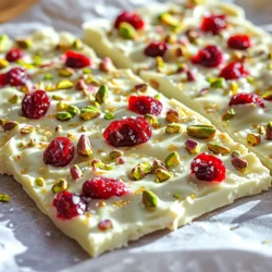 You need 2 cups of white chocolate chips. They melt easily and taste sweet. I love using good quality chips for the best flavor and smoothness. Next, grab 1 cup of dried cranberries. These add a nice tartness to the bark. Their bright color makes the bark look pretty and festive, too. You will want 1 cup of unsalted roasted pistachios, chopped. They give a nice crunch and a rich taste. Use fresh pistachios for the best result. Add 1/2 teaspoon of sea salt to balance the sweetness. This small amount makes a big difference in flavor. It enhances all the other tastes in the bark. You need 1 teaspoon of vanilla extract. This adds a warm and sweet note to the chocolate. It brings all the flavors together in a lovely way. To make it extra special, consider using edible gold or silver leaf as a garnish. This step is not necessary but can make your bark look fancy for special occasions. To start, grab a baking sheet. Use one that is about 9x9 inches. Line it with parchment paper. Make sure to leave some extra paper hanging over the edges. This helps you lift the bark out later. Next, take your white chocolate chips. Place them in a microwave-safe bowl. Heat them in the microwave for 30 seconds at a time. Stir the chips between each round. After 1-2 minutes, they should be smooth and melted. Once the chocolate is melted, it’s time to add flavor. Stir in the vanilla extract and sea salt. Mix well until everything combines nicely. This will enhance the taste of your bark. Now, let’s make it special with mix-ins. Add the dried cranberries and chopped pistachios to the chocolate. Fold them in gently. Make sure they spread evenly throughout the mixture. Pour the chocolate mixture onto your prepared baking sheet. Use a spatula to spread it out. Aim for an even layer, about 1/4 inch thick. This will help it set nicely. If you want to add a fancy touch, consider decoration. Place pieces of edible gold or silver leaf on top. This step is optional but adds a lovely look. Now, it’s time to chill the bark. Place the baking sheet in the fridge. Let it sit for at least 2 hours. This will help it set completely. Once the bark is set, remove it from the refrigerator. Use the parchment paper to lift it out of the pan. Place it on a cutting board. Break it into pieces of any size you like. Enjoy your no-bake white chocolate cranberry bark! Use high-quality white chocolate chips. They melt better and taste richer. I love using brands like Ghirardelli or Guittard for a smooth finish. Dried cranberries should be plump and sweet. Check for any added sugars or preservatives. For the nuts, choose unsalted roasted pistachios. Their crunch adds a lovely texture. You can also swap in other nuts if you prefer. To melt the white chocolate, use a microwave-safe bowl. Heat the chocolate in 30-second bursts. Stir after each interval to prevent burning. This will give you a nice, smooth melt. If you see some lumps, just keep stirring. The heat from the melted chocolate will melt the lumps away. Once melted, mix in the sea salt and vanilla extract. This will enhance the flavor and make the bark taste gourmet. The mixture should be thick but spreadable. If it’s too thick, you can gently reheat it for a few seconds. Avoid overheating, as it can seize up and become grainy. You can make this bark your own! Try adding different nuts or fruits. Almonds or dried cherries work great too. Want a touch of spice? Add a pinch of cinnamon or nutmeg. For a festive look, sprinkle some edible gold or silver leaf on top. The options are endless, so have fun with it! {{image_2}} You can swap white chocolate for dark or milk chocolate. Each type gives a unique taste. Dark chocolate adds a richer flavor, while milk chocolate offers a sweeter touch. Just melt it the same way. Feel free to change the nuts and fruits. Almonds, walnuts, or cashews work well. For fruit, try dried cherries, apricots, or blueberries. Mix and match to find your favorite blend! Add seasonal flavors for a fun twist. In fall, use pumpkin spice or cinnamon. For winter, try peppermint extract or orange zest. These flavors make the bark festive and special for any occasion. To keep your no bake white chocolate cranberry bark fresh, store it right. Place the bark in an airtight container. This helps keep it from drying out and losing flavor. If you have extra, you can layer pieces with parchment paper. This prevents them from sticking together. Always store it in a cool, dry place away from sunlight. At room temperature, the bark lasts about a week. Make sure the room is not too warm. Heat can melt the chocolate and change its texture. If you notice any signs of melting, it’s best to refrigerate it. Refrigerating the bark extends its life. In the fridge, it can last up to two weeks. Just remember to keep it in an airtight container. If you want to store it for longer, freezing is an option. In the freezer, the bark can last up to three months. Wrap it well in plastic wrap and then place it in a container. When you're ready to enjoy it, let it thaw in the fridge for a few hours. Yes, you can use milk or dark chocolate instead of white chocolate. Each type will change the flavor. Milk chocolate adds a creamy touch, while dark chocolate gives a rich taste. The process will stay the same, so feel free to experiment. No-bake bark can last up to two weeks stored properly. Keep it in an airtight container to keep it fresh. If you place it in the fridge, it can last a bit longer. Just make sure you check for any signs of spoilage before enjoying it. Yes, you can make this recipe vegan by using dairy-free chocolate. Look for vegan white chocolate chips at your store. You can also check for plant-based options for the vanilla extract. This way, you can enjoy the same great taste without animal products. The best way to cut the bark is using a sharp knife. After chilling, lift the bark out using the parchment paper. Place it on a cutting board and carefully slice it into pieces. You can also break it by hand for a more rustic look. Absolutely! You can swap ingredients based on needs. Use gluten-free nuts or dried fruits if necessary. If someone has nut allergies, you can skip the pistachios or replace them with seeds. This bark can fit many diets with a few simple changes. This blog post covered how to make tasty white chocolate bark with cranberries and pistachios. You learned about the key ingredients and detailed steps to follow. I shared tips for perfecting the bark and some fun variations to try. Remember, customizing your recipe can make it even more special. Enjoy the process and have fun exploring different flavors! Your sweet treat is sure to impress.