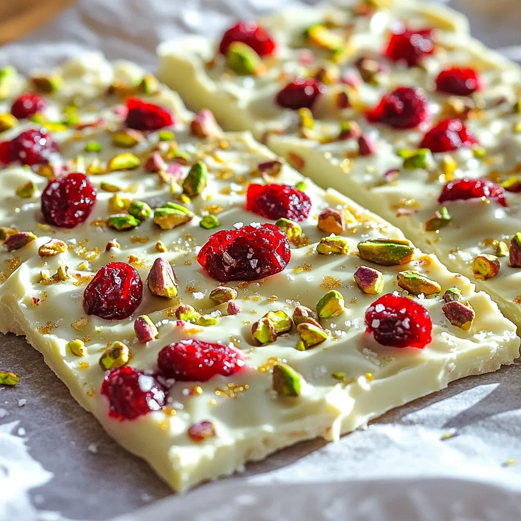 You need 2 cups of white chocolate chips. They melt easily and taste sweet. I love using good quality chips for the best flavor and smoothness. Next, grab 1 cup of dried cranberries. These add a nice tartness to the bark. Their bright color makes the bark look pretty and festive, too. You will want 1 cup of unsalted roasted pistachios, chopped. They give a nice crunch and a rich taste. Use fresh pistachios for the best result. Add 1/2 teaspoon of sea salt to balance the sweetness. This small amount makes a big difference in flavor. It enhances all the other tastes in the bark. You need 1 teaspoon of vanilla extract. This adds a warm and sweet note to the chocolate. It brings all the flavors together in a lovely way. To make it extra special, consider using edible gold or silver leaf as a garnish. This step is not necessary but can make your bark look fancy for special occasions. To start, grab a baking sheet. Use one that is about 9x9 inches. Line it with parchment paper. Make sure to leave some extra paper hanging over the edges. This helps you lift the bark out later. Next, take your white chocolate chips. Place them in a microwave-safe bowl. Heat them in the microwave for 30 seconds at a time. Stir the chips between each round. After 1-2 minutes, they should be smooth and melted. Once the chocolate is melted, it’s time to add flavor. Stir in the vanilla extract and sea salt. Mix well until everything combines nicely. This will enhance the taste of your bark. Now, let’s make it special with mix-ins. Add the dried cranberries and chopped pistachios to the chocolate. Fold them in gently. Make sure they spread evenly throughout the mixture. Pour the chocolate mixture onto your prepared baking sheet. Use a spatula to spread it out. Aim for an even layer, about 1/4 inch thick. This will help it set nicely. If you want to add a fancy touch, consider decoration. Place pieces of edible gold or silver leaf on top. This step is optional but adds a lovely look. Now, it’s time to chill the bark. Place the baking sheet in the fridge. Let it sit for at least 2 hours. This will help it set completely. Once the bark is set, remove it from the refrigerator. Use the parchment paper to lift it out of the pan. Place it on a cutting board. Break it into pieces of any size you like. Enjoy your no-bake white chocolate cranberry bark! Use high-quality white chocolate chips. They melt better and taste richer. I love using brands like Ghirardelli or Guittard for a smooth finish. Dried cranberries should be plump and sweet. Check for any added sugars or preservatives. For the nuts, choose unsalted roasted pistachios. Their crunch adds a lovely texture. You can also swap in other nuts if you prefer. To melt the white chocolate, use a microwave-safe bowl. Heat the chocolate in 30-second bursts. Stir after each interval to prevent burning. This will give you a nice, smooth melt. If you see some lumps, just keep stirring. The heat from the melted chocolate will melt the lumps away. Once melted, mix in the sea salt and vanilla extract. This will enhance the flavor and make the bark taste gourmet. The mixture should be thick but spreadable. If it’s too thick, you can gently reheat it for a few seconds. Avoid overheating, as it can seize up and become grainy. You can make this bark your own! Try adding different nuts or fruits. Almonds or dried cherries work great too. Want a touch of spice? Add a pinch of cinnamon or nutmeg. For a festive look, sprinkle some edible gold or silver leaf on top. The options are endless, so have fun with it! {{image_2}} You can swap white chocolate for dark or milk chocolate. Each type gives a unique taste. Dark chocolate adds a richer flavor, while milk chocolate offers a sweeter touch. Just melt it the same way. Feel free to change the nuts and fruits. Almonds, walnuts, or cashews work well. For fruit, try dried cherries, apricots, or blueberries. Mix and match to find your favorite blend! Add seasonal flavors for a fun twist. In fall, use pumpkin spice or cinnamon. For winter, try peppermint extract or orange zest. These flavors make the bark festive and special for any occasion. To keep your no bake white chocolate cranberry bark fresh, store it right. Place the bark in an airtight container. This helps keep it from drying out and losing flavor. If you have extra, you can layer pieces with parchment paper. This prevents them from sticking together. Always store it in a cool, dry place away from sunlight. At room temperature, the bark lasts about a week. Make sure the room is not too warm. Heat can melt the chocolate and change its texture. If you notice any signs of melting, it’s best to refrigerate it. Refrigerating the bark extends its life. In the fridge, it can last up to two weeks. Just remember to keep it in an airtight container. If you want to store it for longer, freezing is an option. In the freezer, the bark can last up to three months. Wrap it well in plastic wrap and then place it in a container. When you're ready to enjoy it, let it thaw in the fridge for a few hours. Yes, you can use milk or dark chocolate instead of white chocolate. Each type will change the flavor. Milk chocolate adds a creamy touch, while dark chocolate gives a rich taste. The process will stay the same, so feel free to experiment. No-bake bark can last up to two weeks stored properly. Keep it in an airtight container to keep it fresh. If you place it in the fridge, it can last a bit longer. Just make sure you check for any signs of spoilage before enjoying it. Yes, you can make this recipe vegan by using dairy-free chocolate. Look for vegan white chocolate chips at your store. You can also check for plant-based options for the vanilla extract. This way, you can enjoy the same great taste without animal products. The best way to cut the bark is using a sharp knife. After chilling, lift the bark out using the parchment paper. Place it on a cutting board and carefully slice it into pieces. You can also break it by hand for a more rustic look. Absolutely! You can swap ingredients based on needs. Use gluten-free nuts or dried fruits if necessary. If someone has nut allergies, you can skip the pistachios or replace them with seeds. This bark can fit many diets with a few simple changes. This blog post covered how to make tasty white chocolate bark with cranberries and pistachios. You learned about the key ingredients and detailed steps to follow. I shared tips for perfecting the bark and some fun variations to try. Remember, customizing your recipe can make it even more special. Enjoy the process and have fun exploring different flavors! Your sweet treat is sure to impress.