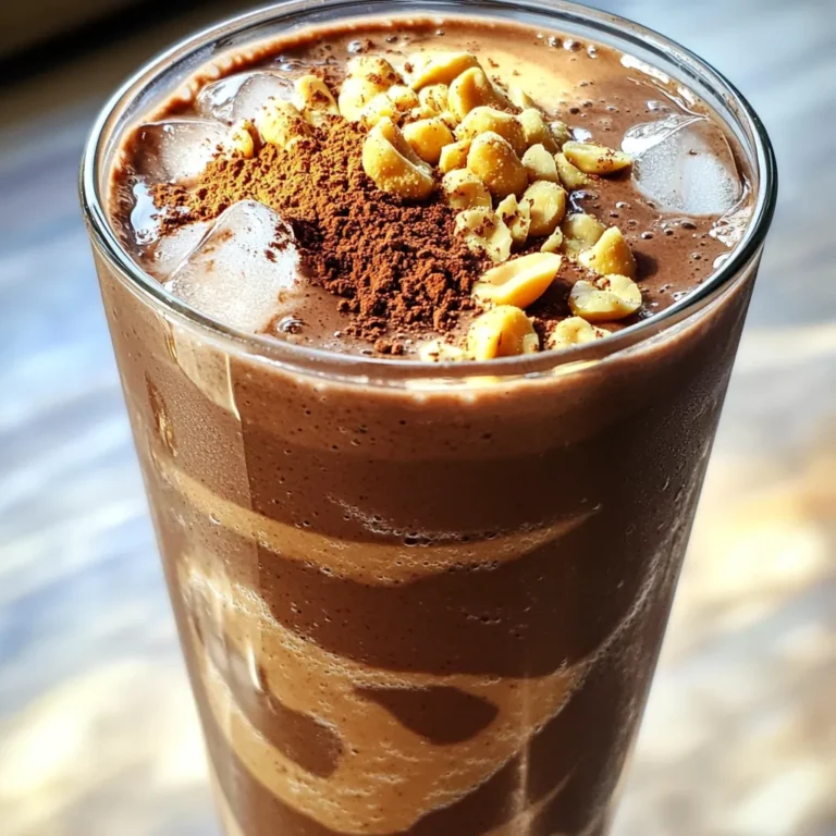 Here are the ingredients you need for your Chocolate Peanut Butter Protein Smoothie: - 1 ripe banana - 2 tablespoons natural peanut butter - 1 scoop chocolate protein powder - 1 cup unsweetened almond milk (or milk of choice) - 1 tablespoon cocoa powder - 1 tablespoon honey or maple syrup - 1/2 teaspoon vanilla extract - Ice cubes (as desired) - A pinch of sea salt These ingredients work together to create a rich and creamy smoothie. The ripe banana adds natural sweetness and a smooth texture. Natural peanut butter brings in a nutty flavor and healthy fats. The chocolate protein powder boosts the protein content and gives a rich taste. Almond milk makes it lighter and keeps it dairy-free. Cocoa powder adds a deep chocolate flavor, while honey or maple syrup sweetens it just right. Vanilla extract enhances all the flavors, and a pinch of sea salt balances the sweetness. Finally, ice cubes help chill the drink, making it extra refreshing. To make your Chocolate Peanut Butter Protein Smoothie, follow these simple steps: - Blend the banana, peanut butter, and protein powder. Start by slicing your ripe banana. Place it in your blender. Add two tablespoons of natural peanut butter and one scoop of chocolate protein powder. The banana gives a nice sweetness while the peanut butter adds creaminess. - Add almond milk, cocoa powder, sweetener, and vanilla. Pour in one cup of unsweetened almond milk. This makes the smoothie smooth. Then, add one tablespoon of cocoa powder for rich chocolate flavor. If you like it sweeter, add one tablespoon of honey or maple syrup. Finally, include half a teaspoon of vanilla extract for extra taste. - Incorporate sea salt and ice cubes if desired. Add a pinch of sea salt to boost the flavors. If you want a colder and thicker drink, toss in some ice cubes. This makes it refreshing! - Blend until smooth and creamy. Blend everything on high speed. Keep blending until the mixture is smooth and creamy with no lumps. You want a silky texture. - Adjust sweetness or thickness as needed. After blending, taste your smoothie. If it needs more sweetness, add a bit more honey or maple syrup. If it's too thick, pour in a little more almond milk. Blend again if needed. Enjoy your delicious Chocolate Peanut Butter Protein Smoothie right away! - Use frozen banana for a creamier texture. Frozen bananas blend well and add chill. - Experiment with different types of protein powder. This helps you find your favorite taste. - Add superfoods like spinach or chia seeds. These boost nutrition without altering flavor much. - Adjust ice quantity for preferred thickness. More ice gives a thicker smoothie, while less makes it runny. - Blend longer for a smoother finish. This ensures all ingredients mix well and no lumps remain. Using these tips will make your Chocolate Peanut Butter Protein Smoothie even better. Enjoy the journey of flavor! {{image_2}} You can change up the flavor of your smoothie easily. One fun twist is the chocolate mint peanut butter smoothie. Just add a few drops of mint extract to your regular recipe. This gives it a cool, refreshing taste. It’s like having dessert after a workout! Another great option is the mocha peanut butter protein smoothie. For this, mix in a bit of brewed coffee or instant coffee granules. The coffee adds a rich, deep flavor that pairs well with chocolate and peanut butter. It’s perfect for mornings when you need a boost. If you follow a vegan diet, you can still enjoy this smoothie! Just swap the regular protein powder for a plant-based option. There are many tasty vegan protein powders available. They work great and keep your smoothie creamy. For those with nut allergies, you can use sunflower seed butter instead of peanut butter. This nut-free option still gives you that creamy texture and delicious taste. Just make sure to check the labels to avoid any hidden allergens. After making your Chocolate Peanut Butter Protein Smoothie, you may have leftovers. To store it safely, pour the smoothie into a clean glass or jar. Seal it tightly with a lid. Place it in the fridge. It will stay fresh for up to 24 hours. If you want to keep it longer, freezing is a great option. Pour the smoothie into an ice cube tray or freezer-safe bag. This way, you can enjoy a quick treat later. Just remember to thaw it in the fridge before drinking. To keep your smoothie tasting great, use an airtight container. This helps keep out air and light. It also keeps your smoothie fresh longer. Try to drink your smoothie within 24 hours. The flavors are best when it’s fresh. If you store it too long, it may lose taste and creaminess. Enjoy your smoothie at its best! Yes, you can make this smoothie ahead of time. Just blend all the ingredients and store it in the fridge. It stays fresh for up to 24 hours. If it thickens, add a splash of almond milk before drinking. If you need a peanut butter substitute, try sunflower seed butter or almond butter. Both options add a nice nutty flavor. You can also use tahini for a different taste. To boost the protein content, add Greek yogurt or silken tofu. You can also mix in extra protein powder. This way, your smoothie becomes even more filling and nutritious. Yes, this smoothie works well as a meal replacement. It has protein, healthy fats, and carbs. Just make sure to add more ingredients like oats or chia seeds for extra fiber. If your smoothie tastes too bitter, add more honey or maple syrup. You can also toss in a ripe banana for natural sweetness. Blend it again until smooth. Adjust to your taste! This guide shows you how to make a tasty smoothie. We covered simple steps, key ingredients, and helpful tips. You can enjoy flavor variations and find storage methods to keep it fresh. Try the banana and peanut butter mix for a yummy treat. Don't hesitate to swap ingredients to match your taste or diet. With this recipe, you can easily whip up a smoothie you’ll love. Enjoy experimenting and savor your delicious drink!