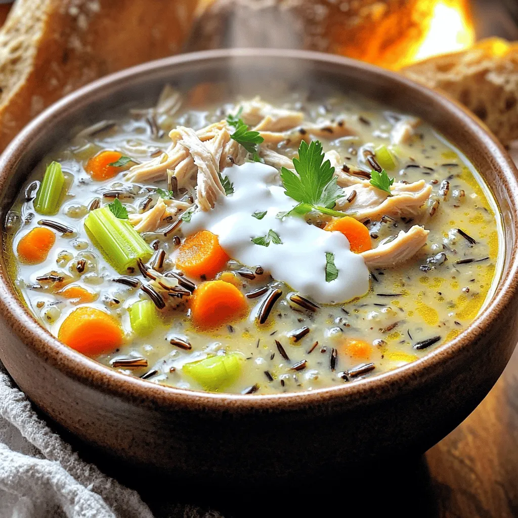 For this lovely soup, you will need: - 1 pound boneless, skinless chicken breasts - 1 cup wild rice, rinsed - 1 medium onion, chopped - 2 cloves garlic, minced - 3 medium carrots, diced - 2 celery stalks, diced - 6 cups chicken broth - 1 teaspoon dried thyme - 1 teaspoon dried parsley - 1/2 teaspoon black pepper - 1 cup heavy cream - 1 cup frozen peas - 2 tablespoons olive oil - Salt to taste These ingredients blend well to create a rich and creamy soup that warms the soul. You can switch some ingredients based on what you have. Use chicken thighs if you prefer dark meat. Quinoa or brown rice works well instead of wild rice. If you want a lighter soup, substitute the heavy cream with milk or a plant-based cream. Fresh herbs can replace dried ones, but use more of the fresh kind since they are milder. Using fresh ingredients gives the soup a vibrant flavor. Fresh carrots and celery add crunch and taste. Frozen peas are a great choice too. They save time and still offer good flavor. If you have fresh peas, feel free to use them! The main goal is to create a hearty and tasty soup that you will enjoy. Start by gathering all your ingredients. You need: - 1 pound boneless, skinless chicken breasts - 1 cup wild rice, rinsed - 1 medium onion, chopped - 2 cloves garlic, minced - 3 medium carrots, diced - 2 celery stalks, diced - 6 cups chicken broth - 1 teaspoon dried thyme - 1 teaspoon dried parsley - 1/2 teaspoon black pepper - 1 cup heavy cream - 1 cup frozen peas - 2 tablespoons olive oil - Salt to taste If you want to sauté, drizzle olive oil into your slow cooker. Add chopped onion and minced garlic. Cook for about 3-5 minutes until fragrant. If your slow cooker cannot sauté, just add them directly. Next, add diced carrots, diced celery, and rinsed wild rice. Mix them well. Now it’s time for the chicken. Place the boneless, skinless chicken breasts on top of the veggies and rice. Pour the chicken broth over everything. Sprinkle dried thyme, parsley, and black pepper on top. Season with salt to taste. Cover your slow cooker and set it to low for 6-7 hours or high for 3-4 hours. Cook until the chicken is tender and cooked through. After cooking, carefully remove the chicken from the slow cooker. Use two forks to shred the chicken into bite-sized pieces. Return the shredded chicken to the slow cooker. Now, stir in the frozen peas and heavy cream. This will make the soup creamy and rich. Let it cook on low for another 30 minutes. This warms the cream through. Before serving, taste your soup and adjust the seasoning with more salt or pepper if needed. Serve the soup in deep bowls, and add a touch of fresh parsley or thyme for garnish. Enjoy your creamy chicken wild rice soup! To boost the taste of your soup, try adding fresh herbs. Fresh thyme or parsley gives a bright note. You can also add a splash of lemon juice before serving. This will brighten the flavors and add a fresh twist. For a slight kick, add a pinch of red pepper flakes. They bring warmth without overwhelming the dish. To save time, use pre-chopped vegetables. Many grocery stores offer fresh diced carrots and celery. You can also use rotisserie chicken. Just shred it and add it in the last hour of cooking. This cuts cooking time and adds rich flavor. If you're short on time, cook on high for 3-4 hours instead of low. One common mistake is overcooking the chicken. It can become dry and tough. Always check the chicken at the end of cooking. Another mistake is not rinsing the wild rice. Rinsing removes excess starch, which helps the soup stay creamy. Lastly, don't skip the heavy cream. It makes the soup rich and comforting. {{image_2}} You can easily make this soup vegetarian or vegan. Replace the chicken with a mix of hearty vegetables. I suggest using mushrooms, zucchini, and bell peppers. Swap chicken broth for vegetable broth. For cream, use coconut milk or cashew cream. This keeps the soup rich and tasty while being plant-based. Add-ins can change the whole dish. Try adding fresh spinach or kale for some greens. You can also toss in cooked quinoa for extra protein. For toppings, consider crispy bacon bits or toasted nuts. A sprinkle of fresh herbs like parsley or thyme adds a nice touch too! While wild rice is the star, other grains work well too. Brown rice offers a nutty flavor and chewy texture. Quinoa is a protein-rich option that cooks quickly. Use barley for a heartier bite. Just remember, cooking times may vary based on the grain you choose. Adjust your cooking method for the best results! To store leftovers, let the soup cool first. Then, transfer it to an airtight container. You can keep it in the fridge for up to four days. Make sure to label the container with the date. This helps you remember when you made it. You can freeze this soup for later use. Pour the cooled soup into freezer-safe bags or containers. Leave some space at the top for expansion. It can last up to three months in the freezer. When ready to eat, thaw it overnight in the fridge before reheating. Reheat the soup gently on the stove over low heat. Stir it often to prevent sticking. You can also use a microwave. Heat in short bursts, stirring in between. If the soup seems thick, add a little broth or water. This keeps it creamy and delicious. Yes, you can use chicken thighs. They add extra flavor and stay tender. Thighs have more fat, so the soup may taste richer. Just make sure to remove the skin and bones before cooking. You can use half-and-half or coconut milk. Both will give a creamy texture. If you want a lighter option, use milk with a bit of flour to thicken it. To make it gluten-free, ensure your chicken broth is gluten-free. Also, use gluten-free rice or grains. You can choose wild rice, as it is naturally gluten-free. Yes, you can cook it on the stove. Simply follow the same steps in a large pot. Cook over medium heat for about 30-40 minutes until the chicken is done. This soup lasts about 3 to 4 days in the fridge. Store it in an airtight container for best results. Reheat it gently on the stove or in a microwave. This blog post gave you a clear guide on ingredients, instructions, and tips for your dish. You learned about substitutions to suit your tastes and how to cook with ease. I shared simple methods to enhance flavors and avoid common pitfalls. You also discovered ways to store and reheat leftovers properly. Remember, cooking should be fun and creative. Use these tips to make a dish you'll love and enjoy for days!