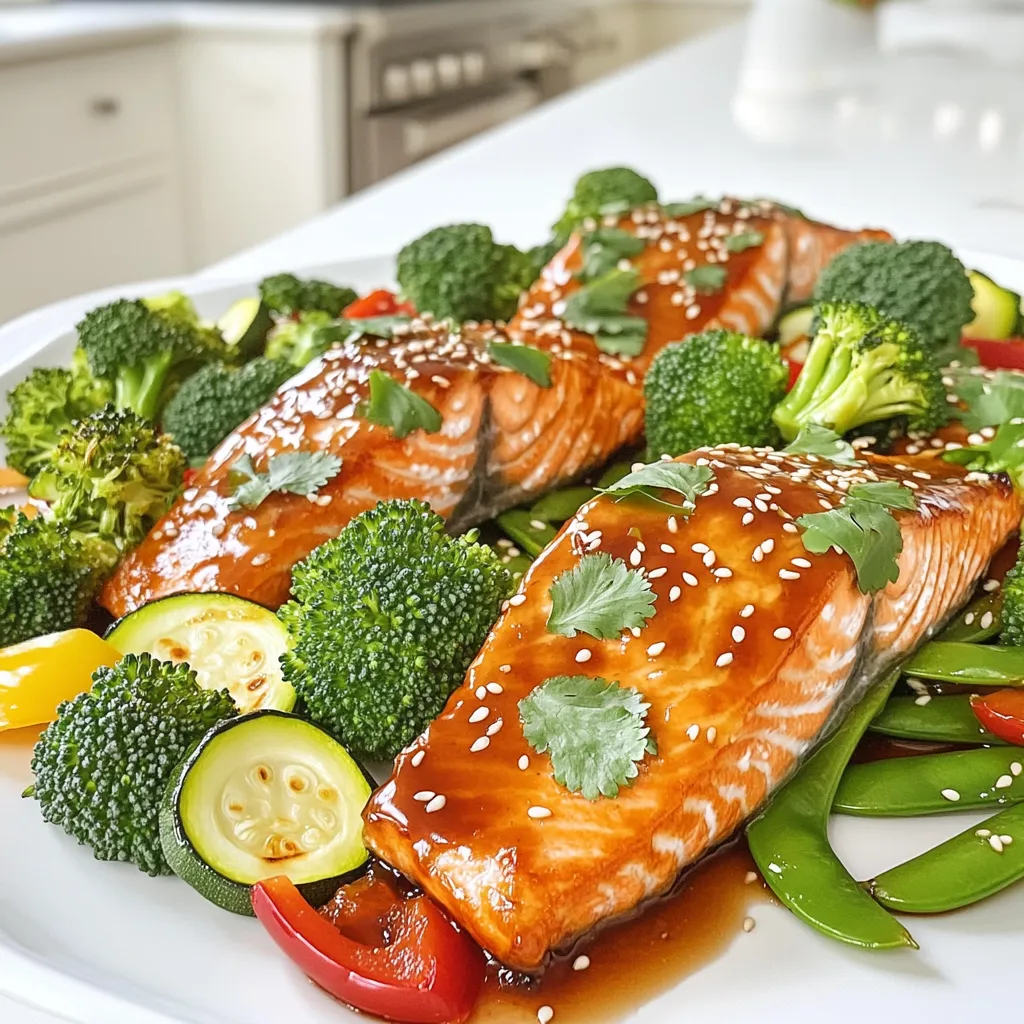 - 4 salmon fillets (6 oz each) - 2 cups broccoli florets - 1 red bell pepper, sliced - 1 zucchini, sliced into half-moons - 1 cup sugar snap peas - 1/4 cup soy sauce (low-sodium if preferred) - 2 tablespoons honey - 2 tablespoons rice vinegar - 1 tablespoon sesame oil - 1 teaspoon garlic powder - 1 teaspoon ginger powder - Salt and pepper to taste To create a delightful Teriyaki Salmon and Veggies Sheet Pan, I focus on fresh ingredients. The salmon fillets serve as the star, bringing rich flavor and healthy fats. I love using vibrant vegetables such as broccoli, red bell pepper, zucchini, and sugar snap peas. They not only add color but also provide a variety of textures. The teriyaki marinade is simple yet delicious. It combines soy sauce, honey, rice vinegar, sesame oil, garlic powder, and ginger powder. This blend gives the dish its sweet and savory notes. I always prefer low-sodium soy sauce, which allows the other flavors to shine without being too salty. - Sesame seeds - Fresh cilantro or green onions For a finishing touch, I love to sprinkle sesame seeds over the dish. They add a nice crunch and a hint of nuttiness. Fresh cilantro or green onions make a great garnish too. They bring brightness and freshness that balance the rich flavors of the salmon and marinade. This meal is not only quick to prepare, but it also packs a flavorful punch. You can easily customize it to your taste. Enjoy experimenting with your ingredients and garnishes! First, set your oven to 400°F (200°C). This temperature helps cook the salmon and veggies just right. Next, line a baking sheet with parchment paper. This makes cleanup easy and keeps your food from sticking. To create the teriyaki marinade, gather these ingredients: - 1/4 cup soy sauce - 2 tablespoons honey - 2 tablespoons rice vinegar - 1 tablespoon sesame oil - 1 teaspoon garlic powder - 1 teaspoon ginger powder In a small bowl, whisk all these ingredients together. This mixture will add a sweet and savory flavor to your dish. Place the salmon fillets on one side of the baking sheet. Season each fillet with salt and pepper. Brush the teriyaki marinade on top of the salmon. Save some marinade for later. On the other side of the sheet, lay out the broccoli, red bell pepper, zucchini, and sugar snap peas. Drizzle them with olive oil and sprinkle salt and pepper. Toss the veggies so they are evenly coated. Now, put the baking sheet in the preheated oven. Bake for 15-20 minutes. The salmon should flake easily with a fork when done. The veggies need to be tender but still crisp. In the last 5 minutes, drizzle the reserved marinade over the salmon and veggies. This adds an extra burst of flavor. When everything is cooked, take it out and sprinkle sesame seeds and chopped cilantro or green onions on top for a fresh touch. To ensure your salmon is cooked just right, aim for an internal temperature of 145°F. Use a meat thermometer to check this. You want the salmon to flake easily with a fork. To get this perfect texture, avoid overcooking. Start checking the salmon around 12 minutes. If it looks a bit opaque and flakes easily, it’s done. Let it rest a few minutes before serving. This helps keep the juices in. Baking veggies to keep them crisp takes some care. Cut your vegetables uniformly to ensure even cooking. Broccoli and snap peas stay crisp if you bake them for 15 minutes. Red bell peppers and zucchini can cook a bit longer. Drizzle them with olive oil and toss them well. This helps them roast rather than steam. If they begin to brown, they’re ready to come out! Marinating your salmon enhances its flavor and keeps it moist. Use the teriyaki marinade for at least 15 minutes, but no more than 30 minutes. Brush some marinade on your salmon before baking. Reserve extra to drizzle on at the end. This adds a nice glaze and boosts the taste. Make sure to not let the salmon sit in the marinade too long. The acids can make the fish mushy. Enjoy that burst of flavor without losing texture! {{image_2}} You can switch up the protein in this dish. Instead of salmon, try using other fish, like tilapia or cod. Both have mild flavors and cook quickly. If you prefer chicken, use boneless, skinless chicken thighs or breasts. Just cut them into even pieces to ensure they cook well. Feel free to mix in other veggies. Carrots, bell peppers, and asparagus all work great. You can also use green beans or cauliflower. Just make sure to cut them into similar sizes so they bake evenly. This way, you get a colorful and tasty mix. You can customize the teriyaki sauce to suit your taste. Add a splash of orange juice for a fruity twist. If you like it spicy, mix in some red pepper flakes or sriracha. For a sweeter touch, try adding more honey or brown sugar. Experimenting with these flavors can make it even more fun! Store any leftover teriyaki salmon and veggies in an airtight container. This keeps them fresh in the fridge for up to three days. Make sure to let the food cool to room temperature before sealing. This helps prevent condensation inside the container. If you have a lot of leftovers, consider dividing them into smaller portions. This makes it easier to reheat just what you need. To reheat, use the oven or microwave. If using the oven, preheat it to 350°F (175°C). Place the salmon and veggies on a baking sheet. Cover with foil to keep moisture in. Heat for about 10-15 minutes, or until warm. If microwaving, place the food in a microwave-safe dish. Heat in short bursts of 1-2 minutes. Stir in between to ensure even heating. Yes, you can freeze cooked salmon and veggies! To do this, let the food cool completely. Then, wrap each portion tightly in plastic wrap or foil. Place the wrapped food in a freezer-safe bag or container. This works well for up to two months. When ready to eat, thaw overnight in the fridge before reheating. This helps maintain taste and texture. Yes, you can use frozen salmon. However, it will change the cooking time. If using frozen salmon, thaw it in the fridge overnight. If you cook it from frozen, add 5 to 10 minutes to the bake time. The texture may be softer, but it still tastes good. Teriyaki salmon pairs well with many sides. Try serving it with: - Steamed rice or jasmine rice - Quinoa for a healthy twist - Asian-style noodles for extra flavor - A fresh green salad for crunch - Edamame for a protein boost To check if the salmon is done, look for a few signs. The fish should flake easily with a fork. It should also have a light pink color inside. The safe cooking temperature for salmon is 145°F (63°C). Use a meat thermometer to be sure. If it reaches this temperature, it’s ready to enjoy! This blog post covered a simple and tasty teriyaki salmon dish. We explored key ingredients like salmon, fresh veggies, and a homemade teriyaki marinade. You learned step-by-step instructions for baking and tips for perfect results. We shared variations, storage advice, and answers to common questions. With this guide, you can enjoy a healthy meal that's easy to make. Experiment with flavors and make this dish your own. Enjoy your cooking journey!