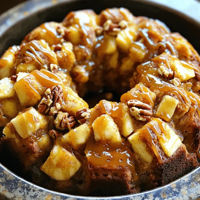 - 2 cans of refrigerated biscuit dough - 2 large apples, peeled, cored, and diced (Granny Smith or Honeycrisp) - 1 cup brown sugar - 1/2 cup granulated sugar - 1 teaspoon ground cinnamon - 1/2 cup unsalted butter, melted - 1/2 cup caramel sauce (store-bought or homemade) In this recipe, I use refrigerated biscuit dough for ease. It gives a soft, fluffy texture. For the apples, I prefer Granny Smith for their tartness or Honeycrisp for sweetness. Both add great flavor to the dish. Brown sugar adds depth, while granulated sugar gives sweetness. The cinnamon adds warmth and spice that complements the apples beautifully. Melted butter ensures that every piece gets rich flavor and moisture. - 1/2 cup chopped pecans - Homemade caramel sauce Chopped pecans add a nice crunch and nuttiness. If you want to elevate the dish, try homemade caramel sauce! It’s simple to make and adds a personal touch. - 1 cup powdered sugar - 2 tablespoons milk - 1/2 teaspoon vanilla extract The icing is a sweet finish to the monkey bread. Powdered sugar mixes well with milk and vanilla for a smooth texture. It drizzles easily over the warm bread, making it look stunning. 1. Preheat your oven to 350°F (175°C). Grease a bundt pan with cooking spray or butter. This helps the bread come out easily after baking. 2. In a small bowl, mix together 1/2 cup of granulated sugar and 1 teaspoon of ground cinnamon. Set this mixture aside for later. 3. Next, open the cans of refrigerated biscuit dough. Cut each biscuit into quarters. This makes them easy to mix and layer. 1. In a large bowl, toss the biscuit pieces with 2 large diced apples and half of the cinnamon sugar mix. Make sure everything is coated well. 2. In another bowl, whisk together 1/2 cup of melted butter and 1 cup of brown sugar until they are blended. 3. Pour half of the butter-sugar mix into the bottom of the greased bundt pan. Then, add half of the biscuit-apple mix. If you like, sprinkle some chopped pecans over this layer. 4. Drizzle half of the caramel sauce over the layer. This adds a sweet, gooey texture. 5. Add the remaining biscuit-apple mixture on top. Then, pour the rest of the butter-sugar mix over it. 6. Cover everything with the remaining caramel sauce. For extra crunch, sprinkle any leftover pecans on top. 1. Bake your monkey bread for 35-40 minutes. Check for doneness by inserting a toothpick into the dough. It should come out clean. 2. After baking, let the monkey bread cool in the pan for about 10 minutes. This step is key to easily inverting it onto a serving plate. - Choosing the right apples: Use Granny Smith or Honeycrisp apples. These choices give a nice balance of tart and sweet. They hold their shape while baking, adding texture to the bread. - Ensuring even baking: Spread the biscuit pieces evenly in the bundt pan. This helps everything cook at the same rate. If you stack them too high in one spot, some parts may burn while others remain raw. - Adding different nuts or fruits: You can mix in walnuts, almonds, or even dried cranberries. These additions can change the flavor and texture. Try using pecans for a rich crunch. - Using flavored caramel sauces: Switch regular caramel for salted caramel or chocolate caramel. These twists can enhance the depth of flavor in your monkey bread. - Ideal serving temperature: Serve the monkey bread warm. This keeps it gooey and delightful. Guests love pulling apart the soft pieces fresh from the oven. - Garnishing ideas: Drizzle extra caramel over the top before serving. You can also sprinkle chopped pecans for a lovely finish. This adds a nice touch and makes it look fancy. {{image_2}} You can add fun twists to caramel apple monkey bread. One tasty option is pumpkin spice caramel apple monkey bread. Just mix in some pumpkin spice with your cinnamon sugar. This gives your bread a warm, cozy flavor. Another great choice is the chocolate chip variation. Toss in some chocolate chips with your biscuit pieces. The melted chocolate adds richness that pairs well with apples and caramel. If you need gluten-free options, use gluten-free biscuit dough. Many brands offer this now. Just be sure to follow the same steps in the recipe. For vegan-friendly adaptations, replace the butter with coconut oil or a plant-based butter. Use almond or oat milk instead of regular milk. You can also swap the caramel sauce with a vegan version. Fall is the perfect time for seasonal additions. Think about adding cranberries or walnuts for a festive touch. They add great texture and flavor. For holiday-themed versions, try adding spices like nutmeg or allspice. You can also use eggnog instead of milk in the icing for a festive flavor boost. To keep your caramel apple monkey bread fresh, use an airtight container. This helps prevent it from drying out. Place the cooled monkey bread in the container and seal it tightly. Store it in the fridge for up to four days. If you have leftovers, remember to enjoy them soon for the best taste. When you want to enjoy your leftover monkey bread, the best way to reheat it is in the oven. Preheat your oven to 350°F (175°C). Place the monkey bread on a baking sheet. Cover it with foil to keep it moist and warm. Heat for about 10-15 minutes. You can also use the microwave, but be careful. Heat it in short bursts of 15-20 seconds to avoid drying it out. If you want to freeze your monkey bread, wrap it tightly in plastic wrap. Then, place it in a freezer-safe bag. This helps keep it fresh for up to three months. When you're ready to eat it, take it out of the freezer. Thaw it in the fridge overnight. After thawing, reheat it using the oven method to bring back its soft texture. Enjoy your delightful treat anytime! To prep monkey bread early, follow these steps: - Prepare the dough: Cut the biscuit dough and coat it with apples and cinnamon sugar. - Layer the ingredients: Assemble the layers in the bundt pan but do not bake. - Cover and chill: Wrap the pan tightly with plastic wrap and place it in the fridge. - Bake when ready: Remove from the fridge, let it sit for 20 minutes, then bake as directed. This method keeps the flavors fresh and ready for baking later. Yes, you can use frozen biscuit dough. Here are some guidelines: - Thaw first: Leave the dough in the fridge overnight or at room temp for 30 minutes. - Cut and coat: Once thawed, cut the biscuits into quarters and coat them as the recipe states. - Layer and bake: Follow the recipe layers and baking instructions. Frozen dough works well and saves time. For the best flavor and texture, I recommend these apple varieties: - Granny Smith: Tart and firm, they hold their shape well. - Honeycrisp: Sweet and crisp, they add a nice flavor contrast. - Fuji: Sweet and juicy, they bring extra moisture and sweetness. Using a mix of these apples enhances the taste of your monkey bread. This blog post covered how to make delicious monkey bread. We explored key ingredients like biscuit dough, apples, and spices. I shared step-by-step instructions for preparing, baking, and cooling. You also learned helpful tips for choosing the best apples and variations to try. In the end, monkey bread offers endless fun in flavors and styles. Enjoy experimenting with your own twists and sharing the joy with others. Happy baking!