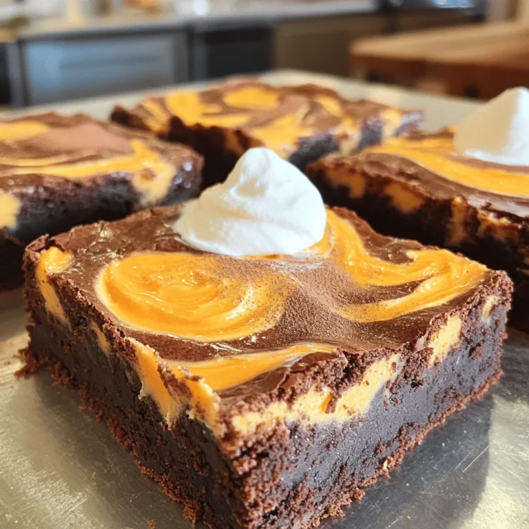 For these delicious Pumpkin Cream Cheese Swirl Brownies, gather the following: - 1 cup unsalted butter, melted - 2 cups granulated sugar - 4 large eggs - 1 teaspoon vanilla extract - 1 cup all-purpose flour - 1 cup unsweetened cocoa powder - 1 teaspoon baking powder - 1/2 teaspoon salt - 1/2 teaspoon cinnamon - 1 cup pumpkin puree - 8 oz cream cheese, softened - 1/4 cup powdered sugar - 1/2 teaspoon pumpkin pie spice You can swap some ingredients if needed. Here are a few ideas: - Use coconut oil instead of butter for a dairy-free option. - Replace granulated sugar with brown sugar for a richer flavor. - For a gluten-free version, try almond flour or a gluten-free blend. - If you lack pumpkin pie spice, mix nutmeg and ginger for a similar taste. Using fresh ingredients makes a big difference. Fresh pumpkin puree tastes better and has more nutrients. Fresh eggs also provide better texture. Cream cheese should be soft for easy mixing. Always check dates on packaged items. Using quality ingredients leads to richer flavors and a more enjoyable treat. These small steps ensure your brownies impress every time! First, you need to preheat your oven to 350°F (175°C). This step is key for even baking. While the oven heats up, grab a 9x13 inch baking pan. You can grease it with a little butter or line it with parchment paper. The parchment paper helps to lift out the brownies easily later. In a large bowl, combine the melted butter and granulated sugar. Whisk them until they blend well. Then, add the eggs one at a time. Make sure to whisk well after each egg. This helps to add air to your mix. Next, stir in the vanilla extract. In another bowl, sift together the flour, cocoa powder, baking powder, salt, and cinnamon. Slowly add this dry mix to the wet mixture. Stir gently until just combined. Be careful not to overmix; this keeps your brownies soft. For the cream cheese mix, take another bowl and beat the softened cream cheese. Add the powdered sugar and pumpkin pie spice. Mix until it’s smooth and creamy. Now, stir in the pumpkin puree. Make sure it’s well mixed. This mixture adds a lovely swirl to your brownies. Now it’s time to layer the batters. Pour half of the brownie batter into your baking pan. Spread it out evenly. Then, spoon dollops of the pumpkin cream cheese mixture over the brownie batter. Use a knife or a spatula to swirl it gently. Pour the rest of the brownie batter on top. Swirl again to create a nice marbled effect. For perfect brownies, bake them in the preheated oven for 30-35 minutes. Check for doneness by inserting a toothpick in the center. It should come out with a few moist crumbs. If it’s clean, your brownies might be overbaked. Let them cool in the pan for at least 15 minutes before cutting them into squares. Enjoy your delicious creation! To get the best swirl in your brownies, layer the batters carefully. Start by pouring half of the brownie mix into the pan. Then, add dollops of the cream cheese mix. Use a knife to gently swirl them together. Be light-handed! Too much mixing will blur the layers. You want a nice marbled look that shows both the brownie and cream cheese. Baking can be tricky, but avoiding a few common mistakes can help. First, don’t skip preheating your oven. If the oven isn’t hot enough, your brownies won’t rise well. Second, measure ingredients accurately. Too much flour can make them dry. Lastly, don’t overmix the batter. Stir just until combined to keep the brownies soft and fudgy. Checking brownies for doneness is simple. Use a toothpick and insert it into the center of the brownies. If it comes out with a few moist crumbs, they are done. If the toothpick is wet with batter, bake a little longer. Keep an eye on them! Overbaking can lead to dry brownies. Let them cool before cutting for the best texture. {{image_2}} You can add nuts or chocolate chips to your brownies for a new twist. Chopped walnuts or pecans add crunch and flavor. You can also use semi-sweet chocolate chips for extra sweetness. Mix in about 1 cup of your choice after you combine the wet and dry ingredients. This step adds texture and richness to your brownies. If you need a gluten-free option, swap the all-purpose flour for a gluten-free blend. Many brands offer blends that work well in baking. Just make sure the blend contains xanthan gum. This helps the brownies hold together nicely. You can also use almond flour for a nutty taste. Adjust the amount slightly since almond flour is denser than regular flour. You can make your brownies even tastier with some simple changes. Add a pinch of nutmeg or ginger for warmth. These spices pair well with pumpkin. You can also mix in a tablespoon of instant coffee to enhance the chocolate flavor. If you love chocolate, add a layer of chocolate ganache on top after baking. This makes the brownies extra rich and decadent. To keep your Pumpkin Cream Cheese Swirl Brownies fresh, let them cool first. Place them in an airtight container. You can also cover them tightly with plastic wrap. Store them at room temperature for up to three days. If you want them to last longer, refrigeration is a good option. They can stay fresh in the fridge for up to a week. Freezing these brownies is easy and helps maintain their taste. Cut the brownies into squares first. Wrap each piece securely in plastic wrap. Then, place the wrapped brownies in a freezer bag or container. They will stay good for up to three months in the freezer. When you’re ready to eat them, just thaw them in the fridge overnight or at room temperature for a few hours. Reheating brownies can bring back their warm, gooey goodness. Preheat your oven to 350°F (175°C). Place the brownies on a baking sheet. Cover them loosely with foil to prevent drying out. Heat for about 10 minutes. You can also use the microwave. Just heat a single piece for 10 to 15 seconds. This will help melt the cream cheese swirl and enhance the flavor. Enjoy them warm for the best experience! Yes, you can use pumpkin spice. Pumpkin spice has similar flavors. It blends cinnamon, nutmeg, and ginger. This swap works well in the cream cheese mix. Just use the same amount as the pumpkin pie spice. These brownies last about 3 to 4 days. Store them in an airtight container. Keep them at room temperature for best taste. You can also refrigerate them for longer freshness. Just remember, they taste best when they are fresh. You can serve these brownies with whipped cream. A sprinkle of cinnamon adds a nice touch. Vanilla ice cream pairs well too, adding creaminess. You might also try a drizzle of caramel sauce for extra sweetness. Each option enhances the brownie’s flavors. To check for doneness, insert a toothpick in the center. If it comes out with wet batter, they need more time. A few moist crumbs mean they are ready. Keep an eye on the baking time. Overbaking can make them dry, so check early. In this article, you learned about the key steps and ingredients for making Pumpkin Cream Cheese Swirl Brownies. We explored ingredient substitutions, tips for baking, and storing your treats. Fresh ingredients are vital for great flavor. Remember to layer your batters carefully for a stunning swirl. Lastly, don’t forget to check for doneness to avoid undercooked brownies. Enjoy baking these delicious treats and share them with friends and family!